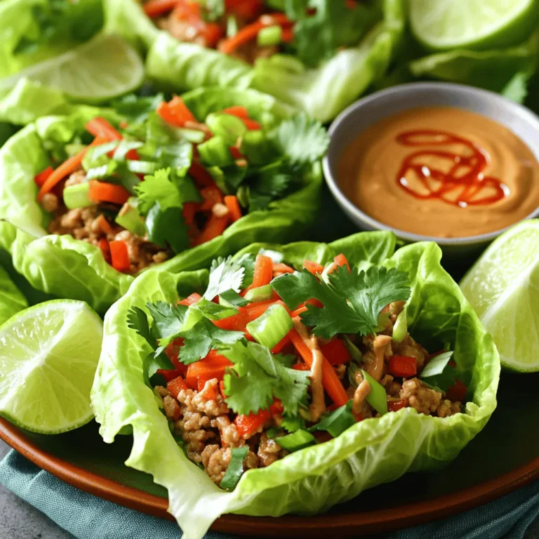 - 1 lb ground chicken - 1 red bell pepper, diced - 2 green onions, sliced - 1 carrot, shredded - 3 cloves garlic, minced - 1 inch ginger, grated - 1 tablespoon vegetable oil - Peanut sauce ingredients: - 1/3 cup creamy peanut butter - 2 tablespoons soy sauce - 1 tablespoon maple syrup or honey - 1 tablespoon lime juice - 1 teaspoon sriracha - 2 tablespoons water You need these main ingredients for the Thai Peanut Chicken Lettuce Wraps. Ground chicken gives the dish protein and flavor. Fresh veggies add crunch and color. The peanut sauce ties everything together with its creamy goodness. - 1 cup cooked quinoa - 1/4 cup fresh cilantro, chopped Quinoa adds a nice texture and is a great source of fiber. Fresh cilantro brings a burst of freshness and flavor. You can mix these in for extra taste and health benefits. - Salt and pepper, to taste - Sriracha and lime juice Salt and pepper enhance the flavors. You can adjust the spiciness with sriracha. Lime juice adds a tangy kick that balances the dish. Use these to fit your taste. This recipe is simple and packed with nutrition. You can enjoy it as a light meal or snack anytime. - Prepping the chicken and vegetables: Start by gathering your ground chicken and fresh veggies. Chop the red bell pepper, slice the green onions, and shred the carrot. Have everything ready. This makes the cooking fast and easy. - Making the peanut sauce: In a bowl, mix together the peanut butter, soy sauce, maple syrup, lime juice, sriracha, and water. Whisk until smooth. This sauce adds great flavor to your dish. - Sautéing garlic and ginger: Heat vegetable oil in a large skillet over medium heat. Add minced garlic and grated ginger. Sauté for about one minute until fragrant. This step fills your kitchen with a lovely smell. - Browning the chicken: Add the ground chicken to the pan. Break it up with a spatula. Cook for about five to seven minutes. The chicken should turn brown and be fully cooked. - Adding vegetables and sauce: Stir in the diced red bell pepper, shredded carrot, and green onions. Cook for another three to four minutes. The veggies should become tender. Then pour the peanut sauce over the chicken mix. Stir well and cook for two more minutes. - Serving in lettuce leaves: Remove the skillet from heat and stir in chopped cilantro. Season with salt and pepper to taste. Spoon the chicken mixture into lettuce leaves. Each person can make their own wraps. - Presentation tips: Arrange the lettuce cups on a platter. Serve with lime wedges and extra peanut sauce for drizzling. This makes your dish look fresh and inviting. - How to properly sauté garlic: Start with a cold skillet. Add vegetable oil and the minced garlic. Heat on medium until the garlic is golden brown, about one minute. Stir often to avoid burning. - Ensuring chicken is evenly cooked: Break the ground chicken into small pieces as it cooks. Use a spatula to stir and flip the chicken. Look for a nice golden color with no pink spots. This takes about five to seven minutes. - Adjusting spice level with sriracha: Start with one teaspoon of sriracha for a mild kick. Taste the sauce, then add more if you like it spicy. Mix well after each addition. - Thinning sauce if needed: If your sauce is too thick, add water a tablespoon at a time. Whisk until you reach the desired consistency. This makes the sauce easier to drizzle. - Arranging wraps for serving: Use a large platter to display the lettuce cups. Place the chicken mixture in the center. This invites everyone to build their own wraps. - Adding garnishes for visual appeal: Sprinkle chopped cilantro over the wraps for a pop of color. You can also add lime wedges for extra zest. This makes the dish look fresh and vibrant. {{image_2}} You can switch the ground chicken for ground turkey or beef. Ground turkey works great and is leaner than chicken. If you prefer beef, use a lean cut to keep it healthy. For a vegetarian option, try firm tofu. Just crumble it like the chicken and cook until golden. Add your favorite spices to change the flavor. A pinch of cumin or a dash of paprika can add warmth. You can also try different sauces, like teriyaki or sweet chili, for a twist. Want more crunch? Toss in extra veggies like sliced cucumbers or shredded cabbage. They add texture and freshness. These wraps pair well with sides like brown rice or a light salad. A crunchy Asian slaw would also make a great match. For meal prep, make the chicken mix ahead of time. Store it in the fridge and assemble the wraps when you're ready to eat. This keeps the lettuce crisp and the meal fresh! To keep your chicken mixture fresh, place it in an airtight container. This will lock in the flavors and keep it safe. Store the mixture in the fridge for up to four days. For the lettuce leaves, wrap them in a damp paper towel. Then, place them in a plastic bag. This keeps them crisp and fresh. The best way to reheat the chicken mixture is on the stove. Use low heat to warm it gently. Stir often to prevent sticking. If you want to use a microwave, place it in a bowl. Cover the bowl with a damp paper towel to maintain moisture. Reheat in short bursts, stirring in between. This keeps the texture nice. Your wraps will last in the fridge for about four days. After that, the flavors may fade. You can freeze the chicken mixture for up to three months. Just make sure to use a freezer-safe container. When ready to eat, thaw it overnight in the fridge before reheating. Enjoy your meal later! Yes, you can make the peanut sauce ahead of time. Store it in an airtight container in the fridge. It stays good for about a week. When you are ready to use it, just stir it well. If it is too thick, add a little water to thin it out. This makes it easy to enjoy your wraps quickly. If you want alternatives to lettuce wraps, try these options: - Cabbage leaves - Rice paper wraps - Whole grain tortillas These options work well and give you different flavors and textures. Choose what you like best! Yes, this recipe can be gluten-free. To ensure it is safe, use gluten-free soy sauce. Check the labels on all your ingredients. Maple syrup is also gluten-free, making it a safe choice. Enjoy this healthy dish worry-free! This blog shared a simple and tasty chicken lettuce wrap recipe. You learned about key ingredients, steps to cook, and storage tips. These wraps are easy to customize with different proteins and flavors. Trying new variations can make meals fun. Remember to store any leftovers properly to keep them fresh. Enjoy your cooking, and let these wraps impress your family and friends. Get ready to savor your homemade dish!
