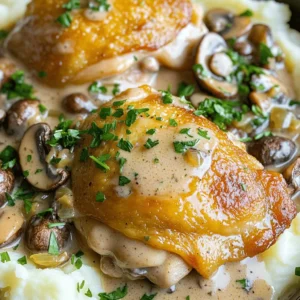 - 4 chicken thighs, bone-in, skin-on - 2 cups mushrooms, sliced (such as cremini or shiitake) - 1 cup heavy cream - 1 medium onion, finely chopped - 3 cloves garlic, minced - 1 teaspoon dried thyme - 1 teaspoon paprika - Salt and pepper to taste - 1 tablespoon olive oil - 1 tablespoon butter - Fresh parsley for garnish When I make Creamy Mushroom Chicken Thighs, I focus on fresh, quality ingredients. The chicken thighs are my favorite because they stay juicy and tender. I like using bone-in, skin-on thighs for the best flavor. Mushrooms bring an earthy taste. I often choose cremini or shiitake for their rich flavor and great texture. Heavy cream adds a luxurious touch, making the sauce rich and creamy. Onions and garlic are essential for depth. They create a strong base for the sauce. For seasoning, I use dried thyme and paprika. They add warmth and a hint of spice. Olive oil and butter help with cooking. They create a nice sear on the chicken and enhance the sauce. Fresh parsley is perfect for garnish, adding color and brightness to the dish. By using these ingredients, you can create a meal that feels gourmet but is easy to make at home. 1. Preheat your oven to 375°F (190°C). 2. Season the chicken thighs with salt, pepper, thyme, and paprika. Make sure to coat both sides. 3. In a large oven-safe skillet, heat olive oil and butter over medium heat. 4. Place the chicken thighs skin-side down in the hot skillet. Sear for about 5-7 minutes until the skin turns golden brown. 5. Flip the chicken and cook for another 5 minutes. Remove the chicken from the skillet and set it aside. 1. In the same skillet, add the chopped onion. Sauté until it turns translucent, about 3-4 minutes. 2. Add the minced garlic and cook for 1 minute until you can smell its aroma. 3. Toss in the sliced mushrooms. Sauté until they soften and the liquid evaporates, around 5-6 minutes. 1. Pour in the heavy cream, stirring it into the mushrooms and onions. 2. Bring the mixture to a gentle simmer to let it thicken slightly. 3. Return the seared chicken thighs to the skillet, skin-side up. Spoon some creamy sauce over the chicken. 1. Transfer the skillet to the preheated oven. 2. Bake for 25-30 minutes until the chicken is cooked through. The internal temperature should reach 165°F (74°C). 3. Once done, let the dish rest for a few minutes before serving. To achieve a golden brown skin on your chicken thighs, start with a hot skillet. Heat the olive oil and butter over medium heat until shimmering. Place the chicken skin-side down and don’t rush it. Let it sear for about 5-7 minutes without moving it. This forms a nice crust. When you flip it, cook for another 5 minutes. Use a meat thermometer to check the internal temperature. Aim for 165°F (74°C) to ensure it's safe to eat. To boost the flavor of your creamy sauce, consider adding a splash of white wine. It adds a fresh zing that complements the mushrooms well. You can also toss in some grated Parmesan cheese for extra richness. If you want a thicker sauce, let it simmer longer after adding the cream. Stir often to avoid sticking. For side dishes, fluffy mashed potatoes or rice pair perfectly with the chicken. They soak up the creamy sauce nicely. For a gourmet look, serve the chicken on a large plate. Drizzle the sauce generously over the top. Sprinkle freshly chopped parsley for a pop of color. This not only looks great but adds a fresh taste too. {{image_2}} You can change the main protein in this dish. - Use boneless chicken thighs or breasts for a leaner option. - Substitute with pork or turkey for a different flavor. Using boneless pieces cuts down on cooking time. You still get that juicy, tender meat. Pork adds a sweet, hearty touch, while turkey keeps it light and healthy. For a meatless version, focus on the mushroom sauce. - Use plant-based cream for a rich consistency. - Replace chicken with hearty vegetables like zucchini or eggplant. This way, you keep the creamy texture while making it vegetarian. The mushrooms provide umami, giving depth to the dish. You can even add spinach for extra nutrition. Changing herbs and spices can create new flavors. - Add fresh rosemary or oregano for a Mediterranean twist. - Incorporate a splash of white wine or broth for added richness. Herbs can brighten up the dish. A splash of wine gives it a gourmet feel. Experiment with flavors that excite your taste buds. Try different combinations to find your favorite! To keep your creamy mushroom chicken thighs fresh, store them in the fridge. Place the cooled chicken in an airtight container. It will stay good for up to three days. If you want to keep it longer, freezing is also an option. Wrap each thigh tightly in plastic wrap, then place them in a freezer bag. You can freeze them for up to three months. Just remember to label your bags with the date. When you’re ready to enjoy your leftovers, reheating them in the oven works best. Preheat your oven to 350°F (175°C). Place the chicken in a baking dish and cover it with foil. Heat for about 20-25 minutes or until it’s warm all the way through. Make sure to check the internal temperature. It should reach 165°F (74°C). If you prefer the stovetop, heat a skillet over medium heat. Add a splash of water or broth to the pan. Once it’s warm, add the chicken thighs. Cover and heat for about 10-15 minutes. Stir occasionally to keep the sauce from sticking. This method helps keep the chicken moist and tasty. Bake chicken thighs for 25 to 30 minutes at 375°F (190°C). This helps cook them evenly and keeps them juicy. Always check the internal temperature. It should reach 165°F (74°C). This ensures the chicken is safe to eat. Yes, you can prep this dish in advance. Cook the chicken and sauce as directed. After cooling, store them in the fridge for up to two days. When ready, reheat it gently on the stove or in the oven until hot. If you need a substitute for heavy cream, try these options: - Full-fat coconut milk - Greek yogurt - Silken tofu blended until smooth These choices work well and keep the dish creamy. This recipe is gluten-free as written. Just be cautious with any additional ingredients. Always check labels on packaged items, like broth or seasonings, for hidden gluten. Enjoy this dish without worries! In this blog post, we covered a delicious creamy mushroom chicken thighs recipe. We discussed main ingredients, helpful tips, and variations for everyone. You can choose different proteins or make it vegetarian. Storing and reheating leftovers is easy with our simple guidelines. This dish offers great flavors and easy steps for fun cooking. Whether you’re a pro or a beginner, you can impress anyone with this meal. Enjoy your cooking adventure!