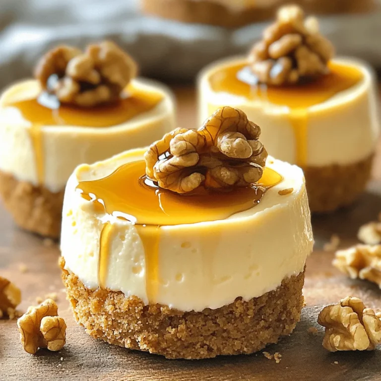 To make these Maple Walnut Cheesecake Cups, gather the following: - 8 oz cream cheese, softened - 1 cup heavy whipping cream - ½ cup powdered sugar - ¼ cup pure maple syrup - 1 tsp vanilla extract - 1 cup walnuts, chopped - 1 cup graham cracker crumbs - 4 tbsp unsalted butter, melted - Extra maple syrup for drizzling - A pinch of salt When measuring your ingredients, here are some tips: - Use a kitchen scale for precise measurements, especially for cream cheese. - For powdered sugar, spoon it into the measuring cup and level it off with a knife. - When measuring sticky items like maple syrup, spray the measuring cup with a bit of oil first. This will help it pour out easily. - Chop walnuts evenly for better texture in each bite. If you need alternatives, here are some options: - You can use Greek yogurt instead of cream cheese for a lighter option. - Coconut cream can replace heavy whipping cream for a dairy-free version. - If you do not have powdered sugar, you can blend regular sugar until fine. - For a nut-free option, use sunflower seeds instead of walnuts. - Honey or agave can replace maple syrup, but the flavor will change. To start, grab a mixing bowl. Add the graham cracker crumbs, melted butter, and a pinch of salt. Mix them well until the crumbs feel moist. This step is key for a tasty base. Next, take your serving cups. Evenly divide the crumb mixture among them. Use the back of a spoon to press down gently. You want a solid base at the bottom of each cup. Now, let’s make the creamy filling. In a clean bowl, beat the softened cream cheese until smooth. I use an electric mixer for this part. Add in the powdered sugar, maple syrup, and vanilla extract. Mix until everything is well blended. In another bowl, whip the heavy cream until it forms stiff peaks. This makes the filling light and fluffy. Gently fold the whipped cream into the cream cheese mix. Be careful not to lose the airiness. Finally, fold in the chopped walnuts, ensuring they are evenly mixed. It’s time to layer! Spoon the cheesecake filling into each cup over the crust. Use a spatula to smooth the top if you'd like. Once filled, cover the cups and chill them in the fridge for at least two hours. This helps the cheesecake set and firm up. Just before serving, drizzle a little extra maple syrup on top. For a nice touch, add a whole walnut for garnish. Enjoy your delightful maple walnut cheesecake cups! To get the best creamy texture, start with softened cream cheese. This helps it blend well. Use an electric mixer to beat the cream cheese until it's smooth. Add the powdered sugar, maple syrup, and vanilla extract next. Mix until everything is well combined. For a fluffy texture, whip the heavy cream until stiff peaks form. Then, gently fold it into the cream cheese mixture. This keeps your cheesecake light and airy. Chilling is key for these cheesecake cups. After filling the cups, cover them and place them in the fridge. Let them chill for at least two hours. This allows the mixture to set and firm up nicely. If you can, chill them overnight for even better results. This gives the flavors time to meld together. Enjoy the wait; the end result is worth it! Serve your cheesecake cups with a drizzle of maple syrup on top. This adds a nice touch of sweetness. You can also garnish with whole walnuts for added crunch. If you want to get fancy, try adding a dollop of whipped cream. For a fun twist, serve them in clear cups. This way, everyone can see the lovely layers inside. Your guests will love both the look and the taste! {{image_2}} You can change the flavor of these cheesecake cups easily. Try adding a few tablespoons of cocoa powder for a rich chocolate taste. You can also mix in some lemon zest for a fresh kick. If you love peanut butter, fold in a bit of creamy peanut butter for a nutty twist. Each add-in can change the flavor without changing the base recipe. Toppings can enhance your cheesecake cups. Instead of just maple syrup, try caramel sauce for a sweet touch. Fresh berries like strawberries and blueberries add a nice color and flavor. You can sprinkle some crushed nuts on top for crunch. Try a dollop of whipped cream for extra creaminess. These toppings can make your dessert even more special. You don’t have to stick with graham cracker crumbs for the crust. For a gluten-free option, use crushed almond flour or coconut flour. If you want a different taste, try crushed oreos or shortbread cookies. You can even use crushed pretzels for a salty-sweet mix. Each crust brings its own flavor and texture to your cheesecake cups. Store your maple walnut cheesecake cups in the fridge. Use an airtight container to keep them fresh. They stay good for up to five days. If you plan to eat them later, cover each cup tightly with plastic wrap. This keeps moisture in and prevents drying. You can freeze these cheesecake cups for a longer shelf life. First, let them chill in the fridge for two hours. Then, cover each cup with plastic wrap. After that, place them in a freezer-safe bag. They keep well for about two months. When ready to eat, thaw them in the fridge overnight. To keep your cheesecake cups fresh, avoid adding toppings until serving. If you want to add extra maple syrup or walnuts, do this just before you serve. This helps maintain the texture and flavor. Always check for any signs of spoilage before enjoying. Yes, you can use low-fat cream cheese. It will still taste good. The texture may be less rich. You might need to adjust the sugar. You can store the cheesecake cups for up to four days. Keep them in the fridge. Use an airtight container to prevent drying. Yes, you can make these cups ahead. They taste better after chilling. Make them the day before, if possible. If you have nut allergies, use crushed graham crackers. You can also try seeds like sunflower seeds. They add a nice crunch without nuts. Absolutely! Just double all the ingredients. Make sure you have larger cups. This way, you can serve more people. This blog post covered all you need to make cheesecake cups. We discussed key ingredients, measurement tips, and substitutions. I shared step-by-step instructions for the crust and filling. You learned how to chill it for the best taste and texture. We also explored fun variations, storage tips, and answered common questions. Now, it’s time for you to dive in and create your own cheesecake cups. Enjoy experimenting with flavors, and delight in the process.