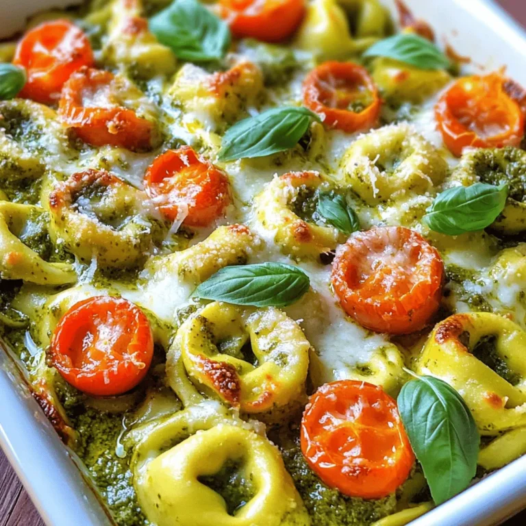 - 12 ounces cheese tortellini (fresh or frozen) - 1 cup basil pesto - 1 cup heavy cream The main ingredients create a rich and tasty base for this dish. Cheese tortellini makes it filling. I love using fresh tortellini when I can, but frozen works too. Basil pesto adds a burst of flavor. It gives the dish a lovely green color and a fresh taste. Heavy cream brings the whole mix together. It makes the dish creamy and smooth, perfect for coating the pasta. - 1 cup cherry tomatoes, halved - 1 cup mozzarella cheese, shredded - 1/2 cup Parmesan cheese, grated Next, we add some extras to enhance flavor and texture. Cherry tomatoes add a sweet touch. Their juicy bites balance the creaminess of the dish. Mozzarella cheese melts beautifully. It creates a gooey layer on top that everyone loves. Grated Parmesan cheese adds a salty kick. This cheese also browns nicely in the oven, giving that golden look. - 2 tablespoons olive oil - 1 teaspoon garlic powder - Salt and black pepper to taste Seasoning is key to making this dish shine. Olive oil helps blend the flavors together. Garlic powder gives an aromatic touch without overpowering the other tastes. Don't forget salt and black pepper! They enhance every bite. I suggest tasting as you season. Adjust the amounts until it fits your taste. This way, your creamy pesto tortellini bake will be just right for your family. - Preheat your oven to 375°F (190°C). This step is key for even cooking. - If your tortellini is frozen, cook it first. Follow the package instructions until it is al dente. Drain the water and set the tortellini aside. - In a large mixing bowl, combine 1 cup of basil pesto with 1 cup of heavy cream. Stir until the mix is creamy and smooth. - Add the halved cherry tomatoes, cooked tortellini, 2 tablespoons of olive oil, 1 teaspoon of garlic powder, salt, and black pepper. Gently fold everything together until the tortellini is well coated in the sauce. - Transfer the tortellini mixture into a greased 9x13 inch baking dish. Spread it out evenly so it cooks well. - Top the mixture with 1 cup of shredded mozzarella and 1/2 cup of grated Parmesan cheese. This will create a tasty, cheesy crust. - Bake in the preheated oven for about 25 to 30 minutes. Watch for the cheese to bubble and turn golden brown. - Once done, remove the dish from the oven. Let it cool for a few minutes before serving. This lets the flavors settle. - Garnish with fresh basil leaves for a vibrant touch before serving. Achieving creamy sauce To make your sauce creamy, mix the basil pesto with heavy cream. Stir well until smooth. This mix gives the dish a rich flavor. You can adjust the cream amount for your taste. Ensuring even baking Spread the tortellini mix evenly in the baking dish. This helps it bake evenly. Check the dish halfway through cooking. If you see uneven browning, gently rotate it. Serving suggestions You can serve the tortellini hot from the oven. Use a large spoon to scoop it into bowls. This makes it easy for guests to enjoy. Garnishing ideas Add fresh basil leaves on top for color. A sprinkle of Parmesan cheese also adds a nice touch. This makes the dish look more inviting. Alternative proteins or veggies You can add cooked chicken or shrimp for extra protein. If you prefer veggies, try spinach or bell peppers. They mix well with the tortellini. Dairy-free options For a dairy-free version, use coconut cream instead of heavy cream. Also, look for dairy-free cheese options. This keeps the dish creamy without dairy. {{image_2}} You can switch up the flavors by using different pestos. One great choice is sun-dried tomato pesto. It adds a rich, tangy taste that pairs well with the creamy sauce. You might also try spinach and walnut pesto. This adds a fresh spin and a nice crunch. Both options create unique twists on your creamy pesto tortellini bake. Want to make your dish heartier? You can add proteins like chicken or shrimp. Just cook them before mixing them in. This gives you a tasty and filling meal. For vegetarians, consider adding chickpeas or tofu. Both options add great protein and taste without meat. Cheese can change the whole dish. Instead of just mozzarella, why not use feta or goat cheese? These cheeses bring a tangy flavor that works well with the pesto. You can also mix different cheeses together. Combining mozzarella, Parmesan, and even cheddar gives you a creamy and rich topping. Each cheese adds its own unique touch to the dish. After enjoying your creamy pesto tortellini bake, store leftovers in an airtight container. Let the dish cool completely before sealing. Refrigerate it for up to 3 days. If you want to save it longer, consider freezing. Portion the leftovers into smaller containers. This way, you can thaw only what you need. Use frozen leftovers within 2 months for the best taste. To reheat your tortellini bake, the oven is the best choice. Preheat your oven to 350°F (175°C). Place the dish in the oven for about 15 minutes. This keeps the cheese nice and creamy. You can also use the microwave for quick reheating. Heat in short bursts, stirring in between. This helps maintain the creaminess and prevents drying out. The creamy pesto tortellini bake lasts about 3 days in the fridge. Look for signs of spoilage, like a sour smell or discoloration. If you see mold, it’s time to toss it. When frozen, it can last for 2 months, but for the best flavor, eat it sooner. Always trust your senses to decide if it’s still good. To make tortellini bake, start by cooking the tortellini. If using frozen tortellini, cook it until tender. Then, mix the basil pesto with heavy cream in a bowl. Add the cooked tortellini, cherry tomatoes, olive oil, garlic powder, salt, and pepper. Stir gently until the tortellini is well coated. Transfer this mix into a greased baking dish. Top it with mozzarella and Parmesan cheese. Bake at 375°F for 25-30 minutes until bubbly. Key techniques to remember: - Use fresh or frozen tortellini for ease. - Mix pesto and cream well for a smooth sauce. - Bake until the cheese is golden brown for best results. Yes, you can use other types of pasta. Options include penne, fusilli, or even gluten-free pasta. Just remember that cooking times may differ. Adjust the cooking time based on the pasta you choose. For best results, cook pasta until al dente before mixing with the sauce. This dish is great for meal prep! You can make it ahead and store it in the fridge. Keep the portions in airtight containers for easy access. Meal prepping tips and tricks: - Prepare the tortellini bake a day or two in advance. - Store leftovers in the fridge for up to three days. - You can freeze it for longer storage, up to three months. Storing portions for the week: - Divide the bake into single-serving containers. - Label each container with the date for easy tracking. - Reheat in the microwave or oven when ready to eat. This article covered all you need for a tasty tortellini bake. We explored the main and extra ingredients, walked through simple steps, and shared tips for great results. Adding variations and storage info ensures you can enjoy this dish anytime. You can impress friends and families with this easy yet delicious meal. Experiment with different flavors to make it your own. Transform this recipe into a family favorite that everyone will love!