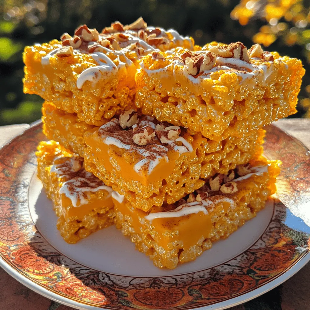 - 6 cups Rice Krispies cereal - 4 cups mini marshmallows - 3 tablespoons unsalted butter The main ingredients create a soft and chewy treat. Rice Krispies give a crispy base. Mini marshmallows add sweetness and a gooey texture. Unsalted butter binds everything and adds rich flavor. - 1 teaspoon pumpkin spice mix - 1/2 teaspoon vanilla extract - 1 cup pumpkin puree Flavor enhancers bring the fall spirit to these treats. Pumpkin spice mix gives warmth with cinnamon, ginger, and nutmeg. Vanilla extract adds depth. Pumpkin puree adds moisture and a lovely orange hue. - 1/2 cup chopped pecans - 1/4 cup white chocolate chips Optional add-ins let you customize your treats. Chopped pecans add a crunchy texture. Drizzling white chocolate chips on top gives a sweet finish. Feel free to mix and match to find your favorite combo! Start by melting 3 tablespoons of unsalted butter in a large pot over medium heat. Once the butter melts, add 4 cups of mini marshmallows. Stir continuously until the marshmallows are completely melted and smooth. This step is key for your treats to have that gooey texture. Now, stir in 1 cup of pumpkin puree, 1 teaspoon of pumpkin spice mix, and 1/2 teaspoon of vanilla extract. Mix until everything is combined and creamy. Next, remove the pot from heat. Gradually add 6 cups of Rice Krispies cereal to the melted mixture. Gently fold the cereal in. You want to coat each piece without crushing it. If you like extra crunch, fold in 1/2 cup of chopped pecans at this point. This adds a nice texture to your treats. Now it's time to transfer the mixture into a greased 9x13 inch baking pan. Use a spatula or wax paper to press down firmly, making an even layer. If you want to add a sweet touch, melt 1/4 cup of white chocolate chips in the microwave. Drizzle it over the top of the pressed Rice Krispie treats for a fun finish. Let the treats cool for at least 30 minutes before cutting them into squares. Enjoy your tasty fall snack! - Ensuring marshmallows are completely melted: It’s key to melt your mini marshmallows fully. This step creates a smooth base. Stir the marshmallows until they are creamy and lump-free. A good melt helps the Rice Krispies stick together well. - Pressing down mixture firmly: After mixing in the Rice Krispies, transfer the mixture to your greased pan. Use a spatula or wax paper to press it down firmly. This step ensures your treats hold their shape when you cut them. - Adjusting pumpkin spice to taste: The pumpkin spice mix can be adjusted. If you love a stronger flavor, add more. Start with a teaspoon and taste as you go. The perfect balance makes all the difference. - Using flavored extract options: Besides vanilla, consider adding almond or maple extract. These can add a unique twist to your treats. Just a few drops can elevate the taste. - Creative serving suggestions: Stack a few squares on a festive plate. This makes for an attractive display. You can also wrap individual squares in clear bags for gifts. - Garnishing techniques: A sprinkle of pumpkin spice on top adds color and flair. You can also drizzle some melted white chocolate for a sweet touch. It’s all about making your treats look as good as they taste! {{image_2}} You can enjoy Pumpkin Spice Rice Krispie Treats even if you have dietary needs. - Gluten-free options: Use gluten-free Rice Krispies. This way, you keep the crunch without gluten. - Dairy-free alternatives: Swap unsalted butter for coconut oil or dairy-free margarine. This makes the treats safe for those who avoid dairy. Want to switch things up? Try these fun flavors! - Chocolate pumpkin spice treats: Melt some chocolate chips into the marshmallow mix. This adds a rich, sweet twist. - Peanut butter pumpkin treats: Stir in peanut butter with the marshmallows. It gives a nutty flavor that kids love. Seasonal ingredients can make your treats even more special! - Incorporating cranberries or raisins: Fold in dried cranberries or raisins for a sweet and tart bite. - Toppings for a special occasion: Use sprinkles, chopped nuts, or a drizzle of caramel. These toppings make the treats festive and fun. To keep your Pumpkin Spice Rice Krispie Treats fresh, choose an airtight container. A glass or plastic container works best. This will help keep moisture out and preserve the treats. Line the bottom with wax paper for easy removal. Store them at room temperature away from sunlight. These treats stay fresh for about 3 to 5 days. After that, they may start to lose their soft texture. Look for signs of spoilage. If you see hard edges or a stale smell, it’s time to toss them. If your treats lose their shape, you can restore them easily. Use a microwave for a few seconds to soften them. Place a damp paper towel on top to help. You can also chop them up and mix with yogurt for a fun snack. Yes, you can make these treats ahead of time. To do this, follow these best practices: - Prepare the treats and let them cool completely. - Cut them into squares and store them in an airtight container. - Keep them at room temperature for up to three days. - For longer storage, freeze the squares in a single layer. When ready to serve, just thaw at room temperature. To prevent stickiness, try these tips: - Use a large pot to melt the butter and marshmallows. - Stir constantly to avoid burning. - Allow the mixture to cool slightly before adding the Rice Krispies. - Lightly grease your spatula or hands with butter before pressing the mixture into the pan. This keeps your hands clean and the treats from sticking. If you don't have pumpkin puree, consider these alternatives: - Use butternut squash puree for a similar texture and taste. - Try sweet potato puree for a sweeter flavor. - Applesauce can work, but it will change the taste and texture. These options provide some pumpkin flavor while keeping the treats tasty. To make these tasty treats, we used Rice Krispies, marshmallows, and butter. We added pumpkin spice to boost flavor. Optional add-ins like pecans and white chocolate create extra joy. Remember to melt all ingredients fully for the best texture. You can also try different flavors or dietary changes to suit your taste. Keep treats fresh by storing them properly. Knowing shelf life helps in enjoying them longer. These tips ensure deliciousness every time. Get creative and have fun making these treats your own!
