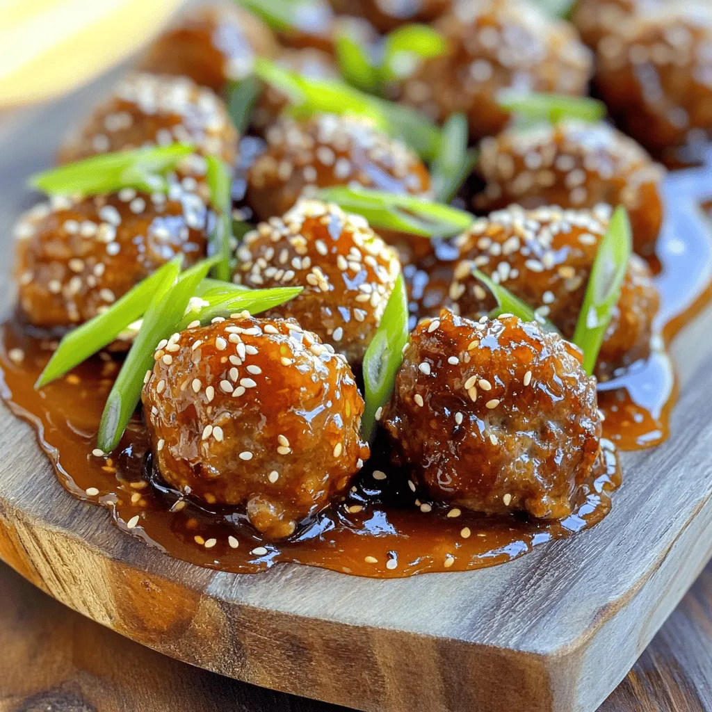 - 1 pound ground beef or ground turkey - 1/2 cup breadcrumbs (preferably panko for extra crunch) - 1/4 cup grated Parmesan cheese - 1 egg To make honey garlic meatballs, you need a solid base. You can choose either ground beef or ground turkey. Both options provide great flavor. Breadcrumbs help hold the meatballs together. I recommend using panko for a nice crunch. Adding grated Parmesan cheese gives that savory touch. Don't forget the egg; it binds everything. - 2 cloves garlic, minced - 1 tablespoon fresh ginger, minced - 1 teaspoon salt - 1/2 teaspoon black pepper - 1/2 teaspoon onion powder Flavor is key in these meatballs. Garlic and ginger add a warm, aromatic punch. Salt and black pepper balance the taste. Onion powder adds a hint of sweetness. Together, these ingredients create a mouthwatering profile. - 1/4 cup honey - 1/4 cup soy sauce (or tamari for gluten-free) - 1 tablespoon rice vinegar - 1 tablespoon sesame oil The sauce makes these meatballs special. Honey brings sweetness that pairs well with savory. Soy sauce adds umami and depth. Rice vinegar gives a tangy kick, while sesame oil adds richness. Together, they form a glaze that coats each meatball perfectly. - Preheat the oven: Start by preheating your oven to 400°F (200°C). This helps to cook the meatballs evenly. - Prepare the baking sheet: Line a baking sheet with parchment paper. This makes for easy cleanup and prevents sticking. - Mix meatball ingredients: In a large bowl, combine the ground beef or turkey, breadcrumbs, Parmesan cheese, egg, minced garlic, minced ginger, salt, black pepper, and onion powder. Mix everything well until it is all combined. - Forming meatballs: Use your hands to shape the mixture into small meatballs, about 1 inch in diameter. Place them on the baking sheet, giving them space. - Baking instructions: Bake the meatballs in your preheated oven for 15-20 minutes. They should be cooked through and browned on the outside. - Preparing honey garlic sauce: While the meatballs bake, make the sauce. In a small saucepan, mix honey, soy sauce, rice vinegar, and sesame oil. Heat over medium heat until it simmers. Stir occasionally and let it simmer for about 5 minutes until it thickens slightly. - Coating meatballs in sauce: Once the meatballs are done baking, take them out of the oven. Transfer them to the saucepan with the honey garlic sauce. Gently toss the meatballs to coat them in the sauce. - Serving suggestions: Plate your honey garlic meatballs on a platter. Drizzle any extra sauce over them. Garnish with sliced green onion and a sprinkle of sesame seeds for a beautiful finish. - Achieving the perfect texture: Use panko breadcrumbs. They add crunch and keep meatballs soft inside. Mix just enough, so they hold together but stay tender. Don’t overmix; that makes them tough. - Importance of seasoning: Seasoning is key. Salt and pepper enhance flavors. Add garlic and ginger for a punch. Taste the meat mixture before forming meatballs. Adjust spices as needed. - Adjusting sweetness and saltiness: Honey gives sweetness. Soy sauce adds salt. Start with equal parts honey and soy sauce. Taste as you stir. You can add more honey for sweet or more soy for salty. - Thickening the sauce: To thicken the sauce, let it simmer. This reduces it and enhances flavor. For a quicker fix, mix a little cornstarch with water. Stir it in and cook until thick. - Preventing dryness: To avoid dry meatballs, don’t cook them too long. Bake just until brown and firm. Adding cheese and egg helps keep them moist, too. - Ensuring even cooking: Make all meatballs the same size. This helps them cook evenly. Space them apart on the baking sheet, so they don’t steam each other. {{image_2}} You can change the meat in this recipe. Try using ground chicken or turkey instead of beef. This swap makes the meatballs lighter. For a plant-based option, choose lentils or chickpeas. They work well too! If you're avoiding gluten, use gluten-free breadcrumbs. You can also pick tamari instead of soy sauce. Both swaps keep the flavor strong while making the dish safe for those with gluten issues. Want to spice things up? Add some red pepper flakes or paprika to the meat mixture. Fresh herbs like basil or cilantro can also boost flavor. Experiment with these to find your perfect taste. You can also try different sauces. Instead of honey garlic, use teriyaki or barbecue sauce. Each sauce adds a new twist to the meatballs. How you serve these meatballs can change the meal. You can place them in a bowl with rice or noodles. This creates a cozy dish perfect for winter nights. Alternatively, serve them on skewers for a fun party snack. These meatballs are great for gatherings. They are easy to pick up and enjoy while mingling. After making honey garlic meatballs, store leftovers in the fridge. Place them in an airtight container. This keeps them fresh and tasty. Your meatballs will last about 3 to 4 days in the fridge. If you want to enjoy them later, make sure to cool them before storing. To freeze honey garlic meatballs, let them cool completely. Arrange them in a single layer on a baking sheet. Freeze for about 1 to 2 hours. Once frozen, transfer them to a freezer bag. Be sure to label the bag with the date. They can stay in the freezer for up to 3 months. When you want to eat them, thaw in the fridge overnight. Reheat in the oven at 350°F (175°C) for about 15 minutes. You can also microwave them for a quick meal. If you have busy weeknights, prep honey garlic meatballs ahead of time. You can mix and form the meatballs a day or two before. Just store them in the fridge until you're ready to cook. You can use these meatballs in many recipes. Serve them with rice, noodles, or in a salad. They are great for sandwiches or wraps too. Enjoy the versatility of honey garlic meatballs! Honey garlic meatballs last about 3 to 4 days in the fridge. Store them in an airtight container. Make sure they cool down first before sealing. This helps keep them fresh and tasty. Yes, you can put meatballs in the slow cooker. After baking them, place the meatballs in the slow cooker. Pour the honey garlic sauce over them. Cook on low for about 4 hours. This will keep them warm and flavorful. You have many options to serve with honey garlic meatballs. Try them with: - Steamed rice - Noodles - Vegetables - A fresh salad These sides complement the sweet and savory taste of the meatballs. You can make meatballs without breadcrumbs easily. Use cooked quinoa or oats as a binder. They work well and add a nice texture. You can also mash up some cooked beans or use grated vegetables. These options keep your meatballs moist and flavorful. Honey garlic meatballs are simple and fun to make. We covered the key ingredients like ground meat, seasonings, and sauce. You also learned the step-by-step process for perfecting their taste and texture. Remember to experiment with variations and storage tips for easy meal prep. Incorporate your favorite flavors and enjoy these meatballs in many ways. With these insights, cooking can be easy and enjoyable. Get creative and make this recipe your own!