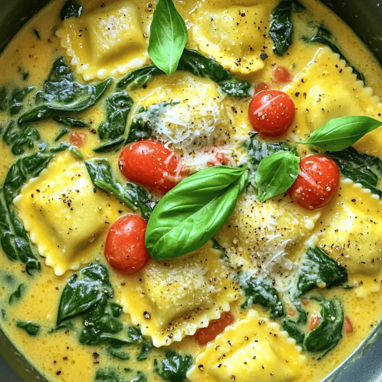 To make this tasty One-Pot Spinach Ricotta Ravioli, gather these simple ingredients: - 1 package (about 9 oz) fresh spinach and ricotta ravioli - 2 cups fresh spinach, roughly chopped - 2 cups vegetable broth - 1 cup cherry tomatoes, halved - 1/2 cup heavy cream - 2 cloves garlic, minced - 1 tablespoon olive oil - 1/2 teaspoon red pepper flakes (optional) - 1/2 cup grated Parmesan cheese - Salt and pepper to taste - Fresh basil leaves for garnish You can swap ingredients based on what you have at home. Here are some ideas: - Use frozen spinach instead of fresh. Just make sure to thaw and drain it. - Swap vegetable broth with chicken broth for more flavor. - If you don't have heavy cream, try whole milk or a dairy-free milk. - Any small pasta can replace ravioli, like tortellini or even elbow macaroni. For this recipe, you will need a few handy tools: - A large pot for cooking the ravioli and sauce. - A wooden spoon or spatula for stirring. - A sharp knife and cutting board for chopping the tomatoes and garlic. - A measuring cup for the broth and cream. - A serving bowl for plating your delicious meal. These tools make cooking easy and fun! Start with a large pot. Heat the olive oil over medium heat. Add the minced garlic and red pepper flakes. Sauté for about one minute. You want the garlic fragrant, but not burnt. Next, pour in the vegetable broth. Bring it to a gentle simmer. This will create a flavorful base for your dish. Now, add the halved cherry tomatoes and chopped spinach. Stir everything together. Cook for about three to four minutes. The spinach should wilt and blend into the broth. Carefully add the fresh spinach and ricotta ravioli to the pot. Gently stir to make sure the ravioli is submerged. Cover the pot with a lid. Cook for about four to six minutes. Stir occasionally so nothing sticks. The ravioli should be soft and cooked through when done. Once the ravioli is ready, lower the heat. Stir in the heavy cream and grated Parmesan cheese. Mix gently until everything combines and turns creamy. Season with salt and pepper to taste. If you want a soupier dish, add more broth. Serve the ravioli hot. Garnish with fresh basil leaves and an extra sprinkle of Parmesan. Enjoy your delicious one-pot meal! To get the best ravioli, use fresh ones. They cook quickly and taste great. When adding the ravioli to the pot, stir gently. This helps them cook evenly. Keep an eye on the time. Cook them for about 4-6 minutes. Check for doneness; they should be soft and tender. Add flavor with fresh herbs. Basil is a great choice for this dish. You can also try adding a squeeze of lemon juice. This gives a bright taste. If you like heat, use red pepper flakes. They add a nice kick without overpowering the dish. Lastly, don't forget the salt and pepper. These simple seasonings can make a big difference. You can make this dish ahead of time. Cook it fully and store it in the fridge. When ready to eat, reheat on low heat. Add a splash of broth to keep it creamy. Stir often while reheating. This helps prevent sticking. Enjoy your tasty meal without extra stress! {{image_2}} You can boost the protein in your dish easily. Try adding cooked chicken or shrimp. Simply sauté the protein in the pot before adding garlic. This gives the dish extra flavor. If you use shrimp, cook until pink and tender. For chicken, make sure it's diced small. Both options make the meal heartier. Feel free to switch the greens to fit your taste. Kale and arugula work well in this dish. If you use kale, chop it finely and add it with the broth. Arugula can be added at the end. Its peppery flavor adds a nice kick. Mixing greens can create new flavors and textures. If you want a lighter sauce, swap the heavy cream. Use half-and-half or coconut milk for a twist. For a vegan option, try almond or cashew cream. These alternatives keep the dish creamy but change the taste. Consider adding a splash of lemon juice for brightness. This keeps your meal fresh and interesting. To store leftovers, let the dish cool first. Then, place it in an airtight container. You can keep it in the fridge for up to three days. The flavors will blend more as it sits, making it even tastier. If you want to freeze the dish, make sure it is cool. Use a freezer-safe container or bag. It will stay good for about one month. To avoid freezer burn, remove as much air as you can. Reheat the ravioli on the stove for best results. Add a splash of broth or cream to keep it creamy. Stir gently over low heat until warmed. You can also use the microwave if you're in a hurry. Heat in short bursts, stirring in between, to ensure even warming. Enjoy your meal just like fresh! Yes, you can use frozen ravioli. Just add them directly to the pot. You may need to cook them a bit longer, about 7-9 minutes. Keep an eye on them to ensure they are soft and heated through. Frozen ravioli works well in this recipe, so don’t worry about taste. This dish is already vegetarian! The main ingredients are fresh spinach and ricotta in the ravioli. Just make sure your vegetable broth is free from meat products. You can also add more vegetables, like bell peppers or mushrooms, for added flavor and nutrition. You can serve this dish with a simple salad or garlic bread. A side of roasted vegetables also pairs well. If you want more protein, grilled chicken or shrimp works great too. Enjoy it with a glass of white wine for a nice touch! This post covered how to make tasty One-Pot Spinach Ricotta Ravioli. We looked at key ingredients and fun ways to swap them. I shared essential tools and easy steps to make the dish. You learned tips for perfect cooking and flavor boosts. We also talked about variations, storage, and answered common questions. Making this dish is fun and simple. Enjoy your cooking adventure and impress everyone at your table!