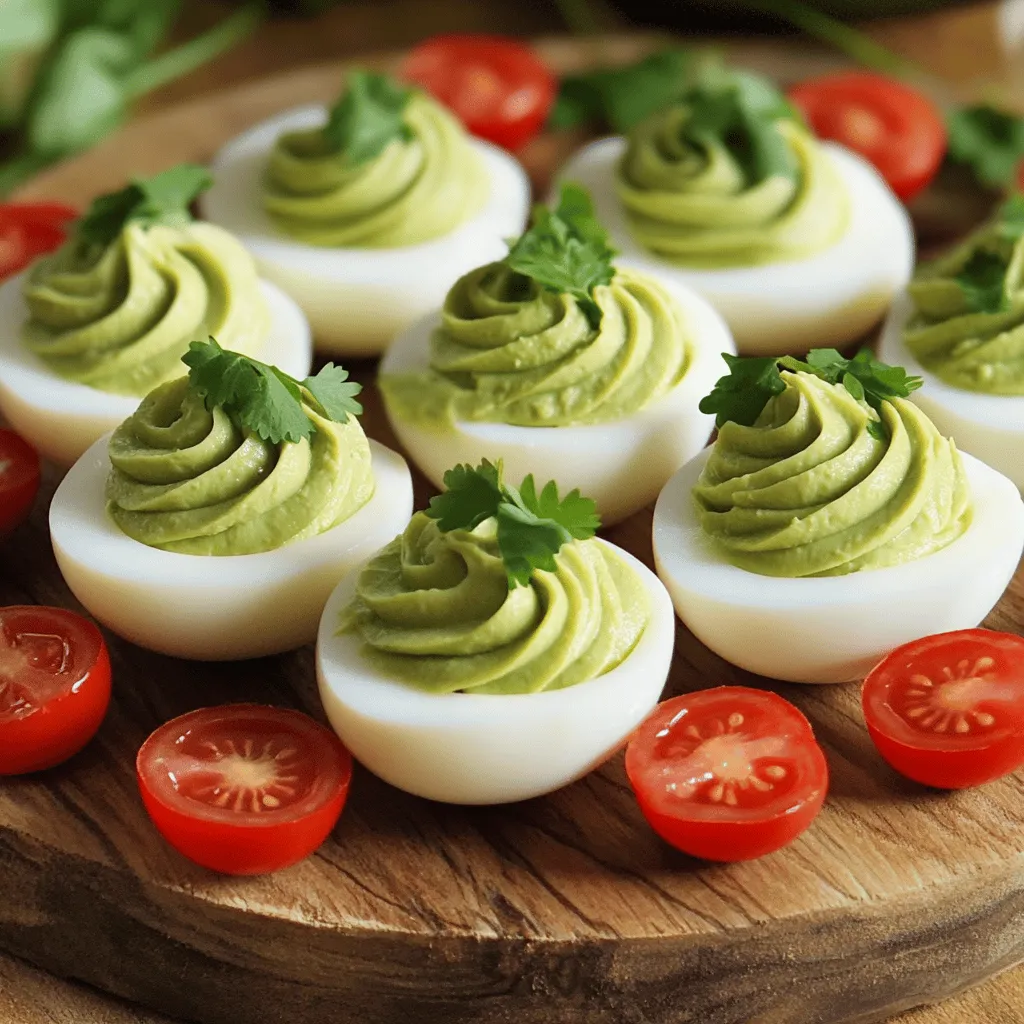 - 6 large eggs - 1 ripe avocado, halved and pitted - 2 tablespoons plain Greek yogurt - 1 tablespoon lime juice - 1 teaspoon Dijon mustard - 1/2 teaspoon garlic powder - Salt and pepper to taste - 1/4 teaspoon cayenne pepper (optional) - Fresh cilantro, for garnish - Cherry tomatoes, halved, for serving To make avocado deviled eggs, you need several key ingredients. The main star is the avocado, which adds creaminess and flavor. You’ll also use Greek yogurt to make the filling rich and smooth. Lime juice brings a fresh kick, while Dijon mustard adds a nice zing. Garlic powder gives depth to the taste. You can adjust the seasoning with salt and pepper. If you like heat, cayenne pepper can give your eggs a spicy twist. The fresh cilantro adds a pop of color and flavor on top. Finally, halved cherry tomatoes serve as a tasty side. Gather these ingredients, and you’re ready to create a fun and tasty dish. To start, place the eggs in a pot. Cover them with cold water. Bring the water to a boil over medium heat. Once it boils, cover the pot and take it off the heat. Let the eggs sit for 10-12 minutes. After the timer goes off, move the eggs to an ice bath. You can also place them under cold running water. Let them cool for about 5 minutes. Once cool, gently peel the eggs under running water. This helps remove the shells easily. Next, slice each egg in half lengthwise. Carefully remove the yolks and place them in a mixing bowl. Set the egg whites aside on a serving platter. Now, add the avocado, Greek yogurt, lime juice, Dijon mustard, garlic powder, salt, pepper, and cayenne pepper to the bowl with the yolks. Use a fork to mash everything together. Mix until it is smooth and creamy. Take a spoon or a piping bag to fill each egg white half with the avocado mixture. Be generous with the filling! Finally, sprinkle fresh cilantro on top of the filled eggs for a pop of color. Serve them alongside halved cherry tomatoes for a fresh bite. Enjoy your tasty avocado deviled eggs! To hard-boil eggs, start with cold water. Place the eggs in a pot and cover them with water. Bring the water to a boil over medium heat. Once it boils, cover the pot and remove it from heat. Let it sit for 10-12 minutes. This method gives you firm whites and creamy yolks. To avoid lumps, use a ripe avocado. A ripe avocado mashes easily. Add the yolks to a bowl first. Then mix in the Greek yogurt and lime juice. Use a fork to mash everything together until smooth. If it seems too thick, add a bit more yogurt. This will help create a creamy filling. Presentation matters! For a pop of color, sprinkle fresh cilantro on top. You can also add a slice of cherry tomato next to each egg. This adds color and freshness. For extra flair, try a dash of cayenne pepper on top. These little touches make your dish look gourmet. {{image_2}} To add a kick to your avocado deviled eggs, try adding jalapeños. Chop fresh jalapeños finely and mix them into the filling. Start with just a little. You can always add more if you like it spicier. The heat from the jalapeños pairs well with the creamy avocado. This makes each bite exciting and flavorful. For a fresh twist, use basil pesto in your filling. Just swap out some Greek yogurt for a spoonful of pesto. This will add a rich, herby flavor. The pesto brings a pop of color too. It's a simple way to change the taste and impress your guests. You can even top the eggs with pine nuts for extra crunch. If you want a vegan version, replace Greek yogurt with plant-based yogurt. Look for options made from almond, coconut, or soy. These give a creamy texture without dairy. Add a splash of lemon juice for brightness. This way, you can enjoy tasty deviled eggs without animal products. To keep your avocado deviled eggs fresh, place them in a sealed container. Make sure the lid closes tightly. Store them in the fridge right after serving. This helps keep them cool and safe to eat later. Prepared avocado deviled eggs last about two days in the fridge. If you keep them in a sealed container, they will stay fresh longer. Always check them for any signs of spoilage before eating. To stop the avocado from turning brown, add lime juice to the filling. The acid in lime juice slows down browning. You can also cover the filling with plastic wrap. Press the wrap right onto the filling. This keeps air away and helps it stay fresh. Yes, you can make avocado deviled eggs ahead of time. To keep them fresh, prepare the filling and store it separately from the egg whites. This way, the avocado won't brown. You can fill the eggs just before serving. If you want to prep even earlier, hard-boil the eggs a day before. Then, cool and peel them. If you don't have Greek yogurt, you can use sour cream or plain yogurt. You can also try mashed silken tofu for a dairy-free option. This keeps the creamy texture while offering different flavors. Each option will give a unique taste to the filling. To boost flavor, try adding spices like smoked paprika or cayenne pepper. Fresh herbs like dill, chives, or cilantro also work well. You can even mix in some lime zest for extra brightness. Experiment with flavors to find your perfect combination! Avocado deviled eggs are a tasty treat you can make easily. We covered the ingredients, like eggs and avocado, and discussed how to cook and fill them. I shared tips for perfecting the eggs and ideas for variations. Remember, you can store any leftovers properly to keep them fresh. Whether you enjoy the classic or a spicy twist, these deviled eggs make a delicious snack. Try them out and impress your friends with your new skills!