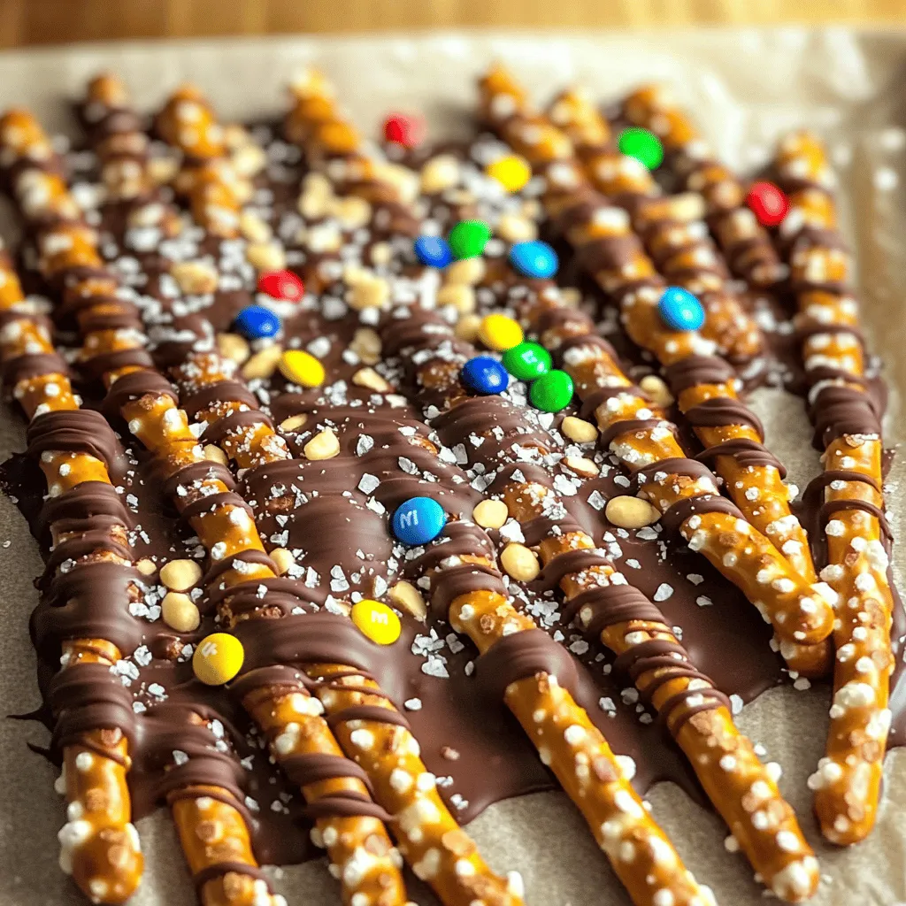To make tasty chocolate covered pretzel bark, you need a few simple items. Gather these ingredients: - 2 cups pretzel sticks - 1 cup semi-sweet chocolate chips - 1 cup white chocolate chips - 1/2 cup crushed nuts (like almonds or pecans) - 1/2 cup mini M&M's or sprinkles (optional) - Sea salt for sprinkling Each ingredient plays a key role. The pretzel sticks give a nice crunch. The semi-sweet and white chocolate chips add rich, sweet flavors. Nuts bring extra texture and taste. You can even add mini M&M's or sprinkles for fun colors. Finally, a pinch of sea salt balances the sweetness. These ingredients work together to create a delightful treat! Start by taking a baking sheet. Line it with parchment paper. This makes it easy to lift off the bark later. It also helps with cleaning up. Next, grab a microwave-safe bowl. Add 1 cup of semi-sweet chocolate chips to it. Heat the chocolate in the microwave. Do this in 30-second bursts. Stir after each round. Keep doing this until the chocolate is smooth and melted. Now, take half of your pretzel sticks. Add them to the melted chocolate. Gently stir until every pretzel is covered. Then, pour the pretzels onto the lined baking sheet. Spread them out evenly so they have space. In another bowl, repeat the melting process with 1 cup of white chocolate chips. Once melted, use a spoon or a piping bag. Drizzle the white chocolate in a zig-zag pattern over the pretzel mix. This adds a nice look and flavor. While the white chocolate is warm, it’s time to add some fun toppings. Sprinkle the crushed nuts over the bark. If you want, add mini M&M's or colorful sprinkles too. Finish by lightly sprinkling sea salt on top for a sweet and salty taste. Place the baking sheet in the fridge. Let it chill for about 30 to 45 minutes. You want the chocolate to harden completely. Once set, take the bark out and break it into pieces. You can choose the size you like. Enjoy your chocolate-covered pretzel bark! To melt chocolate well, use a microwave-safe bowl. Heat the chocolate chips in short bursts. Start with 30 seconds, then stir. Repeat until the chocolate is smooth. This keeps the chocolate from burning. You can also use a double boiler for more control. Just make sure the water does not touch the bowl. For an even coating, work in small batches. Add pretzels to the melted chocolate a few at a time. Gently stir them to coat each one fully. Use a fork to lift them out and let excess chocolate drip off. Spread them out on the baking sheet without crowding. This helps the chocolate set nicely. Store the chocolate-covered pretzel bark in an airtight container. A cool, dry place is best. You can also keep it in the fridge if it’s warm outside. Just remember to let it sit out for a few minutes before eating. This keeps the texture nice and crunchy. Chocolate covered pretzel bark is perfect for parties! Cut it into bite-sized pieces for easy serving. You can place it on a nice platter or in small bags as party favors. Add some colorful sprinkles for fun. This treat looks great and tastes even better. {{image_2}} You can use many kinds of chocolate for this treat. Semi-sweet chocolate is a classic choice. Milk chocolate gives a sweeter flavor. Dark chocolate adds a rich taste. If you like white chocolate, it’s a fun option too. Each type changes the bark’s taste. You can mix chocolates for a unique flavor. Try different blends to find your favorite! Toppings can make your pretzel bark special. You can use crushed nuts like almonds or pecans. Dried fruits like cranberries or cherries add a nice chew. Shredded coconut gives a tropical twist. Mini M&M's add color and crunch. Sprinkles can brighten up your bark for any event. You can also use crushed cookies for extra flavor. Get creative with your toppings! You can make your pretzel bark fit the season. For Halloween, use orange and black sprinkles. In winter, try red and green toppings for the holidays. Valentine’s Day can feature pink sprinkles or heart-shaped candies. For summer, consider fresh fruit or bright colors. This treat can match any celebration. Seasonal toppings keep it fresh and fun! To keep your chocolate covered pretzel bark fresh, store it in an airtight container. Use parchment paper between layers to prevent sticking. This helps maintain its crunch. Keep the container in a cool, dry place. Avoid sunlight, as heat can melt the chocolate. When stored properly, chocolate covered pretzel bark lasts about 1 to 2 weeks. You can enjoy it longer if you freeze it. Check for any signs of moisture or mold before eating. If the bark looks good, it should taste great! Freezing is a great way to make your bark last. First, break the bark into pieces. Then wrap each piece in plastic wrap. Place them in a freezer-safe bag or container. You can freeze it for up to 3 months. When ready to eat, thaw it in the fridge to keep it crisp. Yes, you can use various pretzels. I love using pretzel sticks, but you can try pretzel squares or even pretzel crisps. Each type gives a different crunch and taste. Just remember to adjust the amount as needed to fit your bark. Absolutely! You can leave out the nuts entirely. Use seeds like sunflower or pumpkin seeds instead. They add crunch without nuts. If you want more flavor, try adding coconut flakes or dried fruit for extra sweetness. To make a perfect chocolate drizzle, melt your chocolate slowly. Use a microwave in short bursts, stirring often. This keeps the chocolate smooth. For a nice drizzle, use a spoon or a piping bag to create thin lines over the bark. You can find pre-made chocolate-covered pretzel bark at many stores. Check local candy shops, supermarkets, or online retailers. They often have a variety of flavors, so you can find one that suits your taste. You can mix flavors easily with this recipe. Try using dark chocolate or milk chocolate instead of semi-sweet. Add fun toppings like crushed candy canes or toffee bits. You can also season with spices like cinnamon for a unique twist. This blog post covers a tasty treat: chocolate-covered pretzel bark. We reviewed the key ingredients and the easy steps to make it. I shared tips for melting chocolate and ideas for fun variations. You can explore ways to store your bark and answered common questions, like how to customize it. Enjoying this treat is simple and fun. Get creative with your ingredients and toppings! You’ll impress your friends with this delicious snack.