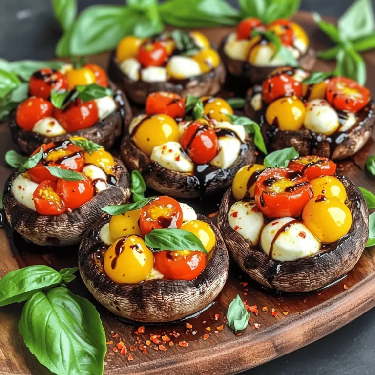 To make Caprese stuffed portobello mushrooms, you will need: - 4 large portobello mushrooms, stems removed - 1 cup cherry tomatoes, halved - 1 cup fresh mozzarella balls, halved - 1/4 cup fresh basil leaves, chopped - 2 tablespoons balsamic glaze - 1 tablespoon olive oil - 2 cloves garlic, minced - Salt and pepper to taste - Optional: 1/4 teaspoon red pepper flakes for a kick Fresh ingredients make a big difference in taste. When choosing your portobello mushrooms, look for ones that are firm and dry. Avoid mushrooms that feel slimy. For the tomatoes, pick bright, ripe ones. They should smell sweet. Use fresh mozzarella for the best flavor. It should be soft and creamy. Fresh basil is key; choose vibrant, green leaves. You can swap ingredients if needed. For mushrooms, try large caps like shiitake. Instead of cherry tomatoes, use diced regular tomatoes. You can use any cheese, like feta or goat cheese, instead of mozzarella. For a lighter option, skip the cheese and add more herbs. If you want spice, add more red pepper flakes! Start by gathering your ingredients. You will need: - 4 large portobello mushrooms, stems removed - 1 cup cherry tomatoes, halved - 1 cup fresh mozzarella balls, halved - 1/4 cup fresh basil leaves, chopped - 2 tablespoons balsamic glaze - 1 tablespoon olive oil - 2 cloves garlic, minced - Salt and pepper to taste - Optional: 1/4 teaspoon red pepper flakes for a kick First, preheat your oven to 375°F (190°C). This step is key for even cooking. In a mixing bowl, combine the halved cherry tomatoes, mozzarella balls, minced garlic, and chopped basil. Then, drizzle the olive oil and balsamic glaze over the mixture. Season with salt, pepper, and red pepper flakes if you like some heat. Now, gently toss everything together until well coated. Next, place the portobello mushrooms on a baking sheet lined with parchment paper, gill side up. This helps keep the juices in. Generously spoon the Caprese mixture into each mushroom. Fill them to the brim for a tasty bite. Now, it’s time to bake! Slide the baking sheet into your preheated oven. Bake for 20-25 minutes. The mushrooms should become tender, and the cheese will melt and bubble. Keep an eye on them to avoid overcooking. Once baked, remove the mushrooms from the oven and let them cool for a couple of minutes. This helps prevent burns. For a lovely presentation, serve them on a platter. Garnish with fresh basil leaves and drizzle with more balsamic glaze. This adds a pop of color and flavor. These stuffed mushrooms are not just a dish; they are a feast for the eyes and the palate! To keep your mushrooms firm, start with fresh portobellos. Clean them gently with a damp cloth. Do not soak them in water. When you bake, place them gill side up. This helps the moisture escape. You can also roast the mushrooms for a few minutes before adding the filling. This step removes excess water and makes them less soggy. Seasoning is key to a great dish. I like to use salt and pepper for basic flavor. For a little heat, add red pepper flakes. Fresh basil adds a nice touch, too. Use quality balsamic glaze for a sweet and tangy kick. Drizzling it on top after baking makes everything pop. Don't forget to taste the filling before you stuff the mushrooms. Adjust the seasoning to your liking. You can prepare these mushrooms ahead of time. Stuff the mushrooms and cover them in the fridge. Bake them when you're ready to serve. This makes them great for parties. You can also pre-mix the filling and store it in a container. Just stuff the mushrooms right before baking. This way, you save time and impress your guests! {{image_2}} You can easily make Caprese stuffed portobello mushrooms more hearty. Add ingredients like cooked quinoa or couscous. These grains add bulk and texture, making the dish more filling. You might also enjoy adding roasted red peppers or artichoke hearts. They add a nice flavor twist. To make this dish vegan, swap out the mozzarella for vegan cheese. Many brands offer plant-based mozzarella that melts well. You can also use tofu for a protein boost. Just press it to remove water and cube it. Drizzle the stuffed mushrooms with a little olive oil and balsamic glaze. This will keep the dish tasty and vibrant. Get creative with toppings! You can sprinkle pine nuts or walnuts for a crunchy texture. Fresh herbs like oregano or thyme can elevate the flavor. If you like heat, consider adding jalapeños or a dash of hot sauce. A pinch of smoked paprika can also add a lovely depth. Enjoy the fun of making this dish your own! To store leftover Caprese stuffed portobello mushrooms, let them cool first. Place them in an airtight container. Keep the container in the fridge. This helps keep the mushrooms fresh for up to three days. Make sure to label the container with the date. This way, you know when they need to be eaten. Reheating these stuffed mushrooms is easy. Preheat your oven to 350°F (175°C). Place the mushrooms on a baking sheet. Cover them with foil to keep them moist. Heat for about 10-15 minutes. Check if they are warm all the way through. You can also use a microwave. Place the mushrooms on a plate and cover them. Heat for 1-2 minutes, but be careful not to overcook them. You can freeze these mushrooms for later use. First, let them cool completely. Place them in a single layer on a baking sheet. Freeze them for about an hour. After they are frozen, transfer them to a freezer-safe bag. Make sure to remove as much air as possible. Label the bag with the date. They can last for up to three months in the freezer. When ready to eat, thaw them in the fridge overnight before reheating. One common mistake is overcooking the mushrooms. Mushrooms can turn tough if baked too long. Always check them after 20 minutes. Another mistake is not seasoning enough. Add salt and pepper to bring out the flavors. Also, don’t skip the balsamic glaze. It adds a sweet touch that makes the dish pop. Lastly, be careful not to overcrowd the mushrooms with filling. They should be stuffed but not overflowing. This helps them cook evenly. Yes, you can prepare the mushrooms ahead of time. You can stuff the portobellos and store them in the fridge. Just cover them with plastic wrap. They will stay fresh for about a day. When ready to eat, bake them as directed. You may need to add a few extra minutes to the baking time if they are cold. These stuffed mushrooms pair well with a light salad. A simple arugula or mixed greens salad works great. You can also serve them with crusty bread to soak up the balsamic glaze. If you're feeling fancy, pair them with a glass of white wine. This dish is versatile and can fit many meal plans. We've covered how to make delicious Caprese stuffed Portobello mushrooms. You learned about ingredients, how to prepare and bake them, and tips for better flavor. Remember, avoid soggy mushrooms and use fresh ingredients. Consider variations for different diets, like vegetarian or vegan options. Storing and reheating leftovers can keep this dish tasty. With these steps, you can impress anyone at your table. Enjoy your cooking and savor those flavors!