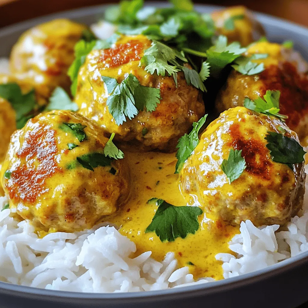 To make Coconut Curry Meatballs, gather these main ingredients: - 1 lb ground chicken or turkey - 1/2 cup breadcrumbs - 1/4 cup grated Parmesan cheese - 1/4 cup fresh cilantro, chopped - 1 egg, lightly beaten - 2 cloves garlic, minced - 1 tablespoon fresh ginger, grated - Salt and pepper to taste - 2 tablespoons coconut oil (or vegetable oil) - 1 can (13.5 oz) coconut milk - 2 tablespoons red curry paste - 1 tablespoon soy sauce - 1 tablespoon lime juice These ingredients create a tasty mix. The meatballs stay juicy and flavorful. Consider these optional garnishes to enhance your dish: - Fresh cilantro for garnish - Lime wedges for a burst of freshness - Steamed rice or quinoa as a base These add color and flavor. They also make your meal look beautiful. Key seasonings make this dish shine: - Red curry paste gives a rich, spicy flavor. - Coconut milk adds creaminess and sweetness. - Lime juice brightens the dish. These flavors blend well. The curry sauce and meatballs create a warm and inviting taste. To start, grab a large mixing bowl. Add 1 pound of ground chicken or turkey. Next, sprinkle in 1/2 cup of breadcrumbs and 1/4 cup of grated Parmesan cheese. Chop 1/4 cup of fresh cilantro and toss it in. Then, crack 1 egg and beat it lightly before adding it to the bowl. Mince 2 cloves of garlic and grate 1 tablespoon of fresh ginger, then combine everything. Don't forget to season with salt and pepper to your liking. Mix well until everything is blended. Now, roll the mixture into 1-inch meatballs. Place them on a plate as you go. In a large skillet, heat 2 tablespoons of coconut oil over medium heat. Once hot, add the meatballs carefully. Cook them in batches if needed to keep them from crowding. Sear the meatballs for about 5 to 6 minutes until they turn golden brown. Once done, remove the meatballs from the skillet and set them aside. In the same skillet, it's time to make the sauce. Add 2 tablespoons of red curry paste. Cook it for about 1 minute, stirring often to let the flavors come alive. Slowly pour in 1 can of coconut milk while stirring. Add 1 tablespoon of soy sauce and 1 tablespoon of lime juice. Bring this mixture to a gentle simmer. Carefully return the meatballs to the skillet. Make sure they are fully submerged in the coconut curry sauce. Simmer for 10 to 12 minutes, until the meatballs are cooked through. Taste the sauce and adjust the seasoning if needed. If it’s too thick, add a little water to get the right consistency. Finally, serve the meatballs topped with fresh cilantro and enjoy them over steamed rice or quinoa. To make the best meatballs, start with moist ingredients. Use ground chicken or turkey for a lighter dish. The breadcrumbs help hold the meatballs together. Parmesan cheese adds flavor and keeps them tender. Adding an egg binds everything. Don't overmix the meat. Roll the meatballs gently to keep them soft. For a rich flavor, use coconut oil for cooking. The red curry paste gives the sauce its kick. Stir it well in the pan to release its aroma. Then, slowly mix in the coconut milk. This creates a creamy base. Add soy sauce for umami and lime juice for brightness. Adjust seasoning to your taste. If it’s too thick, add a splash of water. Presentation matters! Serve the meatballs on a bed of rice or quinoa. Drizzle the coconut curry sauce generously over the meatballs. Top with fresh cilantro for color and flavor. Use a wide plate to show off the sauce. This makes the dish look appetizing and inviting. Enjoy the compliments from your guests! {{image_2}} You can easily adapt this dish for different diets. If you want it gluten-free, use gluten-free breadcrumbs. For a vegetarian version, swap ground chicken or turkey for lentils or chickpeas. Just mash them, and blend with the other ingredients. This makes tasty meatballs, too! You can add more flavor with extra veggies. Try bell peppers, carrots, or spinach. Just chop them small and mix them into your meatball mixture. You can also use different meats. Ground pork or lamb works well with the spices of curry. Each meat gives a unique taste to your dish. Serving is fun with coconut curry meatballs! They go great over rice or quinoa. You can also serve them with noodles for a different twist. For a fresh touch, add a side salad with lime vinaigrette. This adds crunch and brightness to your meal. To keep your leftover meatballs fresh, place them in an airtight container. Make sure they cool down first. You can store them in the fridge for up to three days. Layer parchment paper between meatballs to prevent sticking. This simple step helps keep them intact for your next meal. When reheating meatballs, use the stovetop or microwave. For stovetop, place them in a pan over low heat. Add a splash of coconut milk to keep them moist. Heat for about 5-7 minutes until warm. In the microwave, cover them with a damp paper towel. Heat in short bursts of 30 seconds until they reach the right temperature. If you want to freeze the meatballs, set them on a baking sheet first. Make sure they do not touch each other. Freeze for about an hour. Once firm, transfer them to a freezer bag or container. Label it with the date. They can last up to three months in the freezer. When ready to use, thaw them overnight in the fridge before cooking. Yes, you can use ground beef instead of chicken or turkey. Ground beef adds a rich flavor. The key is to adjust cooking time. Beef may need a few extra minutes to cook through. Ensure the meatballs reach an internal temperature of 165°F. If you need a substitute for coconut milk, use almond milk or soy milk. These options change the flavor slightly. You can also mix equal parts of cream and water for a thicker texture. For a coconut flavor, try adding a bit of coconut extract. This recipe has a mild spice level due to red curry paste. If you like it spicier, add more curry paste. You can also include sliced fresh chili peppers. For less heat, use less curry paste or a milder version. Adjust to match your taste. We explored how to make tasty coconut curry meatballs. You learned about key ingredients, including spices and garnishes. We covered each step, from mixing meatballs to making sauce. Tips helped you get the texture and flavor just right. You also saw ways to adapt the recipe for different diets or tastes. Finally, we shared storage tips for leftovers and FAQs about substitutions. Enjoy your cooking journey, and let these meatballs bring joy to your table!