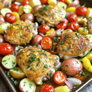 For this tasty dish, you'll need: - 4 bone-in, skin-on chicken thighs - 2 cups baby potatoes, halved - 1 cup cherry tomatoes, halved - 1 red bell pepper, sliced - 1 red onion, cut into wedges - 3 cloves garlic, minced - 1 lemon (zested and juiced) These main ingredients create a wonderful balance of flavors. The chicken gives you juicy bites, while the veggies add color and texture. You will also need these spices: - 3 tablespoons olive oil - 2 teaspoons dried oregano - 1 teaspoon dried thyme - Salt and pepper to taste These seasonings add depth to the dish. The lemon juice and zest brighten the flavors. Oregano and thyme bring warmth and earthiness. For a touch of freshness, add: - Fresh parsley, chopped for garnish Garnishing with parsley not only looks nice, but it also adds a fresh taste. It’s simple but makes a big difference in presentation. Start by preheating your oven to 425°F (220°C). In a large bowl, mix the chicken thighs with olive oil, lemon juice, lemon zest, minced garlic, oregano, thyme, salt, and pepper. Toss the chicken well to coat it evenly. This marinating step is key. It adds flavor and keeps the chicken moist. Let it sit while you prep the veggies. Line a baking sheet with parchment paper. Place the marinated chicken thighs skin-side up in the center. Next, arrange the halved baby potatoes, cherry tomatoes, sliced red bell pepper, and red onion around the chicken. Drizzle more olive oil over the veggies and sprinkle them with salt and pepper. Lightly toss them to mix the seasonings. Put the baking sheet in the preheated oven. Roast everything for 35 to 40 minutes. The chicken should reach an internal temperature of 165°F (75°C). This means it’s safe to eat. The skin should be golden brown, and the veggies should be tender and caramelized. Once done, remove the sheet pan and let it rest for 5 minutes. This resting time helps the juices settle in the chicken. Garnish with fresh parsley before serving for a pop of color. Choose bone-in, skin-on chicken thighs. This cut keeps the meat juicy. The skin crisps up nicely, adding flavor. Look for thighs that are plump and fresh. Check for a good color, which should be pink with some white fat. Avoid any chicken with a strange smell or discoloration. To get that perfect crispy skin, start with a good dry rub. Pat the chicken dry before adding seasoning. This helps remove moisture, which can make the skin soggy. Use olive oil in your marinade to enhance crispiness. Cook the chicken skin-side up on a hot baking sheet. This helps it brown evenly. Cut your vegetables into similar sizes. This ensures they cook at the same rate. Use hearty veggies like baby potatoes and bell peppers. They hold up well in the oven. Toss them in olive oil and seasoning before baking. This adds flavor and helps them caramelize nicely. Check for tenderness by piercing with a fork. Enjoy the sweet, roasted flavor! {{image_2}} You can easily swap chicken thighs for other proteins. Try bone-in, skin-on chicken breasts for a leaner option. For a twist, use pork chops or salmon fillets. If you prefer plant-based options, tofu or tempeh work well. Just adjust the cooking time. Fish cooks faster than chicken. Check for doneness with a thermometer or fork. Feel free to change up the veggies based on the season. In spring, add asparagus or green beans. Summer brings options like zucchini or bell peppers. In fall, try butternut squash or Brussels sprouts. Winter veggies like carrots or parsnips also add flavor. Mix and match to keep it fresh and fun. Want to kick up the flavor? Add a splash of balsamic vinegar or soy sauce. Fresh herbs like rosemary or basil give great taste. A sprinkle of red pepper flakes adds heat. For a citrus twist, try lime juice or orange zest. Experiment to find your favorite mix! To keep your leftovers fresh, let the dish cool first. Once cooled, store the chicken and veggies in an airtight container. This prevents moisture loss and keeps flavors intact. I suggest using glass containers. They are safe for reheating and won’t stain. You can keep leftovers in the fridge for up to three days. When reheating, the goal is to keep the chicken juicy. Preheat your oven to 350°F (175°C). Place the chicken and veggies on a baking sheet. Cover them lightly with foil to trap moisture. Heat for about 15-20 minutes. This method keeps the skin crispy and the inside moist. You can also use a microwave if you're short on time. Just cover the dish to avoid drying out the food. Freezing is a great way to save time for busy days. After cooling, pack the chicken and veggies in freezer-safe bags. Remove as much air as possible. This helps prevent freezer burn. You can freeze them for up to three months. To reheat, let the dish thaw in the fridge overnight. Then, follow the reheating tips to enjoy your meal again. Yes, you can use boneless chicken thighs. They cook faster than bone-in thighs. You should check the cooking time. Aim for about 25-30 minutes in the oven. Keep an eye on them to avoid dryness. You have many great options! You can serve it with a fresh salad. A green salad pairs well with the lemon flavor. Rice or quinoa adds a nice touch too. You can even serve crusty bread to soak up the juices. To check if the chicken is done, use a meat thermometer. The chicken should reach 165°F (75°C) inside. If you don’t have a thermometer, cut into the thickest part. The juices should run clear, not pink. You learned how to make tasty Sheet-Pan Lemon Herb Chicken. We covered ingredients, spices, and garnishes. Next, I shared steps for marinating and cooking. You also got tips for choosing chicken and making it crispy. I offered ways to switch proteins and veggies for variety. Finally, we discussed storing leftovers and reheating them well. Try this recipe for a simple, delicious meal. Enjoy your cooking!