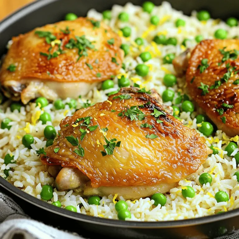 - 4 boneless, skinless chicken thighs - 1 cup jasmine rice, rinsed - 2 cups chicken broth - 4 tablespoons unsalted butter - 6 cloves garlic, minced - 1 teaspoon onion powder - 1 teaspoon dried oregano - 1 teaspoon smoked paprika - Salt and pepper to taste - 1 cup frozen peas - 1 tablespoon fresh parsley, chopped (for garnish) - Zest of 1 lemon Gathering the right ingredients is key to making this dish shine. Chicken thighs are juicy and full of flavor, perfect for our one-pan meal. Jasmine rice cooks up fluffy, soaking up all the delicious broth. Chicken broth adds depth, making the rice taste amazing. Butter is the star here. It brings richness and helps the garlic shine. Minced garlic adds a strong, aromatic kick. Onion powder rounds out the flavor. For seasonings, dried oregano adds earthiness, and smoked paprika gives a hint of warmth. Don't forget salt and pepper! They keep everything balanced and tasty. Frozen peas add a pop of color and sweetness. Fresh parsley makes it pretty and adds freshness, while lemon zest brightens the whole dish. This mix of ingredients creates a comforting and flavorful meal that you’ll love to share. To start, you need to sear the chicken thighs. First, melt 2 tablespoons of butter in a large skillet over medium-high heat. Season the chicken with salt, pepper, onion powder, oregano, and smoked paprika. This mix gives the chicken a robust flavor. Once the butter is hot and bubbling, add the chicken thighs. Sear them for about 5 to 6 minutes on each side. Look for a golden brown color. When cooked, remove the thighs and set them aside. Next, let’s focus on the rice. In the same pan, add the remaining 2 tablespoons of butter and the minced garlic. Sauté the garlic for about 1 minute. You want it fragrant, but be careful not to burn it. Then, pour in the rinsed jasmine rice. Stir the rice for about 1 to 2 minutes to toast it in the garlic butter. This step adds a nice flavor to the rice. Now, add the chicken broth and the zest of the lemon. Bring the mixture to a gentle simmer. Now it’s time to bring everything together. Return the seared chicken thighs to the pan, nestling them into the rice. Make sure they are mostly covered by the rice. Cover the skillet with a lid and reduce the heat to low. Cook for about 15 to 20 minutes. During this time, the rice will become tender and soak up the broth. After about 15 minutes, you can add the frozen peas on top of the rice. Cover the skillet again and cook for an additional 5 minutes. This will heat the peas through. Once done, fluff the rice with a fork. Taste and adjust the seasoning with salt and pepper if needed. For a fresh pop, garnish with chopped parsley before serving. Enjoy your one-pan garlic butter chicken and rice! To get golden-brown chicken, start with dry chicken thighs. Pat them with a paper towel. Season them well with salt, pepper, onion powder, oregano, and smoked paprika. Heat your skillet over medium-high heat. Melt 2 tablespoons of butter until it bubbles. Place the chicken in the pan without crowding. Cook for about 5-6 minutes on each side. Look for a rich golden color to know it’s ready. To check doneness, use a meat thermometer. The chicken should reach 165°F. If you don’t have one, cut into the thickest part. The meat should be white and juices should run clear. For tender and flavorful rice, rinse jasmine rice well under cold water. This removes excess starch and helps prevent stickiness. After toasting it in garlic butter, add chicken broth and lemon zest. Simmer gently for about 15-20 minutes. To avoid mushy rice, use the right liquid-to-rice ratio. For jasmine rice, 2 cups of broth to 1 cup of rice works best. Once the rice absorbs the liquid, avoid stirring it too much. Stirring can break the grains and make it mushy. Garnishing makes your dish pop. Chopped fresh parsley adds color and freshness. You can also sprinkle lemon zest on top for brightness. When serving, plate the rice first, then place the chicken on top. This way, the chicken sits on a bed of rice, soaking up the flavors. You can add a lemon wedge on the side for an extra zing. {{image_2}} You can switch the chicken thighs for chicken breasts. Chicken breasts are leaner and cook faster. Just remember to adjust the cooking time. If you prefer plant-based meals, try tofu or chickpeas. Tofu absorbs flavors well. Chickpeas add protein and a nice texture. Both options make this dish hearty and satisfying. You can substitute jasmine rice with basmati rice. Basmati has a nutty taste and fluffy texture. It pairs well with garlic butter and chicken. Brown rice is another great choice. It’s whole grain and adds fiber. Just keep in mind that it takes longer to cook than jasmine rice. Adding vegetables can brighten this dish. Try bell peppers, carrots, or spinach. They bring color and nutrients. For extra flavor, add spices like cumin or chili powder. Fresh herbs such as thyme or basil can also enhance the taste. Mix and match to create your perfect dish. - Refrigeration: Place leftovers in an airtight container. This keeps the chicken and rice fresh. Store in the fridge for up to 3 days. - Freezing: For longer storage, freeze the dish in a freezer-safe container. It will last for up to 3 months. Make sure to cool the dish completely before freezing. - Microwave: Use a microwave-safe dish. Heat in 1-minute intervals, stirring in between. This ensures even warming. - Stovetop: Add a splash of chicken broth to a skillet. Heat over low, stirring gently. This helps keep the rice moist and fluffy. Yes, you can use frozen chicken for this recipe. Just remember to thaw it first. Frozen chicken takes longer to cook than fresh. If you use frozen chicken, cook it for a few extra minutes. Always check the internal temperature; it should reach 165°F. Leftovers can stay fresh in the fridge for up to four days. Make sure to store them in an airtight container. If you want to keep them longer, consider freezing the leftovers. They can last up to three months in the freezer. You can serve this dish with a side salad or steamed vegetables. Garlic bread also pairs well, adding a nice crunch. For a light option, consider a cucumber salad. These sides can balance the rich flavors of the chicken and rice. Yes, this recipe is great for meal prep. You can cook a big batch and portion it out. It saves time during busy weeks. Plus, it reheats well, so you can enjoy it later. This makes it a smart choice for lunch or dinner. You can prepare this dish a day ahead. Cook it fully and then store it in the fridge. When ready to eat, reheat it on the stovetop or in the microwave. Just be careful not to overcook it when reheating! In this blog post, we explored a tasty chicken and rice dish. We discussed key ingredients like chicken thighs, jasmine rice, and flavorful seasonings. I provided step-by-step cooking instructions and tips to perfect your dish. You learned about variations for proteins and rice types. Lastly, we went over storage and reheating methods. This recipe is simple yet flexible. It’s great for family meals or meal prep. I hope you enjoy making it and share it with loved ones.