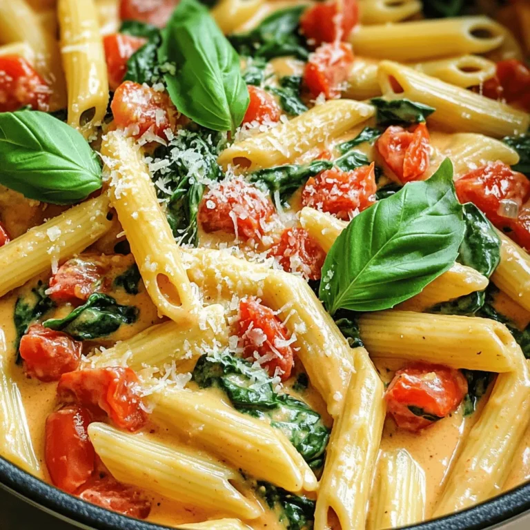 - 12 oz (340g) pasta (penne or fusilli) - 1 can (14 oz) diced tomatoes, with juices - 4 cups fresh spinach, roughly chopped - 1 cup heavy cream (or coconut cream for a dairy-free option) - Grated Parmesan cheese - Fresh basil leaves for garnish Using the right ingredients is key to this dish. You can pick between penne or fusilli pasta. Both options hold sauce well. The canned diced tomatoes add a rich flavor. The spinach gives a fresh taste and bright color. You have a choice for cream, too. Heavy cream makes it rich and smooth. Coconut cream is a great option for a dairy-free meal. For extra flavor, you might want some grated Parmesan cheese. It adds a nice salty touch. Fresh basil can garnish your dish. It brings a burst of fresh aroma and looks lovely on top. Gather these ingredients for a tasty and easy meal. They all combine to make a creamy, colorful dish you’ll love! First, we heat 1 tablespoon of olive oil in a large pot over medium heat. Next, add 1 small diced onion. Cook it for about 3-4 minutes. The onion should become soft and clear. Then, stir in 3 minced garlic cloves. Cook for 1 more minute until it smells amazing. Now, pour in 1 can of diced tomatoes, including the juices. Stir in 12 oz of your choice of pasta, like penne or fusilli. Then, add about 3 cups of water to just cover the pasta. Now, we bring this mixture to a boil. The bubbling sound means we are getting close! Once it boils, lower the heat to a simmer. Cover the pot with a lid. Let it cook for about 10-12 minutes. Stir it occasionally. This keeps the pasta from sticking. You want the pasta to be al dente, which means it should still have a bit of bite. Now, it’s time to add 4 cups of roughly chopped spinach. Stir it in well. Then, pour in 1 cup of heavy cream. Mix everything together. Cook for 2-3 minutes until the spinach wilts and the cream heats through. This makes the pasta creamy and delicious. Next, taste your dish! Add salt and pepper as needed to make it perfect. For a nice touch, serve the pasta in bowls. You can top it with grated Parmesan cheese and some fresh basil leaves. This makes it look fancy and taste even better! How to achieve al dente pasta To get that perfect bite in your pasta, cook it just until it is tender but firm. This means you need to watch the time closely. For penne or fusilli, aim for 10-12 minutes. Stir it gently during cooking to keep it from sticking. Testing a piece a minute early helps you catch that perfect al dente stage. Adjusting liquid for creamy consistency For a creamy sauce, start with the right amount of liquid. Use about three cups of water to cover the pasta. As the pasta cooks, some liquid will absorb, and the cream will add richness. If the sauce looks too thick, add a little more water or cream. Stir well to combine everything smoothly. Additional seasonings to elevate the dish To make your pasta pop, consider adding a pinch of red pepper flakes for heat. A sprinkle of fresh oregano or thyme can also boost flavor. Taste your dish before serving and adjust the seasonings to your liking. Garlic powder or onion powder can add depth if you want more flavor without the fresh ingredients. Tips for using fresh vs. canned ingredients Fresh ingredients like spinach and garlic give bright flavors. However, canned tomatoes can save time and still taste great. If you use fresh tomatoes, peel and chop them before adding. If you have access to fresh herbs, use them instead of dried for a fresher taste. Just remember to adjust the amounts, as fresh herbs are often more potent. One-pot cooking advantages One-pot meals save time and reduce cleanup. Everything cooks together, letting flavors meld. This method is perfect for busy days. You can enjoy a full meal without washing multiple pots and pans. Plus, the pasta absorbs the delicious sauce as it cooks! Tools needed for easy prep and cleanup For this recipe, you need a large pot or deep skillet. A wooden spoon or spatula works best for stirring. Using a pot with a lid is key for steaming the pasta. A good cutting board and a sharp knife will help with chopping. Having a colander handy can help if you need to drain excess liquid in some variations. {{image_2}} You can easily make this dish dairy-free. Simply swap heavy cream with coconut cream. This change keeps the pasta creamy while adding a hint of coconut flavor. It’s a fun twist that many enjoy. If you need gluten-free options, look for gluten-free pasta brands. Many now make great penne or fusilli. They cook well and taste just as good. Want to boost the protein? Add cooked chicken, shrimp, or tofu. Each adds a tasty element and makes the dish heartier. Feel free to explore different veggies too. Zucchini, bell peppers, or mushrooms can add color and flavor. Just chop them up and toss them in with the spinach. Pair your pasta with a fresh salad or crusty bread. A light salad can balance the richness of the dish. Bread is perfect for soaking up the creamy sauce. For leftovers, think outside the box! You could make a pasta bake. Just add some cheese and bake until bubbly. It's a great way to enjoy the dish again. To keep your creamy tomato spinach pasta fresh, place it in an airtight container. Make sure it cools down to room temperature before sealing. Store it in the fridge. This dish stays good for about 3 to 4 days. Always check for any signs of spoilage before eating. To reheat, the best method is on the stove. Pour the pasta into a pot and add a splash of water or cream. Heat it over low to medium heat, stirring gently until warm. This keeps the pasta creamy and smooth. You can also use the microwave. Just cover the bowl and heat in short bursts, stirring in between. You can freeze this pasta if you want to save some for later. Use a freezer-safe container and leave some space for expansion. It’s best to freeze it within 1 day of cooking. When you’re ready to eat, thaw it in the fridge overnight. Reheat it in a pot with a little water or cream for the best texture. To make this pasta dish vegan, you can swap the heavy cream for coconut cream. This option gives you the same creamy texture without dairy. For cheese, simply skip the Parmesan or use a vegan cheese alternative. You’ll still get a rich and tasty meal! Yes, you can use whole grain pasta. Just keep in mind that it may take a bit longer to cook. Whole grain pasta has a denser texture. Check the package for cooking time. This slight change can add more fiber to your dish. This pasta pairs well with a simple side salad. You can also serve it with garlic bread for a nice crunch. If you want something lighter, steamed veggies are a great choice. They add color and nutrients to your meal. The prep time is about 10 minutes. Cooking the pasta takes around 15 minutes. So, the total time is around 25 minutes. This makes it a quick and easy meal for busy days or when you want something tasty fast! This blog post covered a delicious pasta dish that's easy to make at home. We explored required and optional ingredients, step-by-step cooking instructions, and helpful tips to enhance flavor and texture. You also learned about variations for different diets and how to store leftovers. In the end, cooking doesn’t have to be hard. With simple steps, you can create a dish everyone will love. Enjoy experimenting and making it your own! Happy cooking!