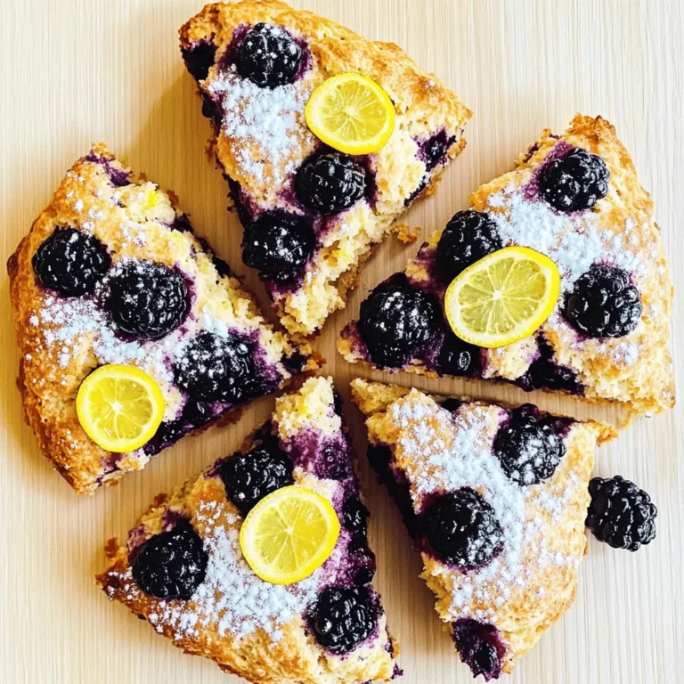 To make delicious blackberry lemon scones, gather these ingredients: - 2 cups all-purpose flour - 1/2 cup granulated sugar - 1 tablespoon baking powder - 1/2 teaspoon salt - 1/2 cup unsalted butter, cold and cubed - 1 cup fresh blackberries, halved - Zest of 1 lemon - 1/2 cup heavy cream - 1 large egg - 1 teaspoon vanilla extract - Extra sugar for sprinkling on top If you need to convert measurements, here are some helpful tips: - 1 cup = 8 ounces - 1 tablespoon = 3 teaspoons - 1/2 cup = 4 ounces These conversions can help you adjust the recipe based on what you have at home. Using fresh ingredients makes a big difference in flavor. Fresh blackberries provide juicy bursts in each bite. The zest of lemon adds a bright note that lifts the scones. Cold butter helps create a flaky texture. Always choose the best ingredients you can find for great results. Freshness ensures your scones taste amazing! First, I set my oven to 400°F (200°C). This temperature helps the scones rise nicely. I line my baking sheet with parchment paper. This makes it easy to clean up later. In a large mixing bowl, I whisk together the flour, sugar, baking powder, and salt. Each ingredient plays a role. The flour gives structure, while sugar adds sweetness. Baking powder helps the scones rise, and salt enhances flavor. Next, I add the cold, cubed butter to my dry mixture. I use a pastry cutter or my fingers to mix it in. I want the mix to look like coarse crumbs. Then, I gently fold in the halved blackberries and lemon zest. I take care not to break the berries. They add bursts of flavor and color. In a separate bowl, I whisk together the heavy cream, egg, and vanilla extract. This mixture adds moisture and richness to the scones. The cream makes them tender, while the egg adds structure. I pour the wet mix into the dry mix and stir until just combined. I don’t overmix, or the scones may become tough. Next, I turn the dough onto a floured surface and gently knead it a couple of times. I pat the dough into a circle about 1-inch thick. Using a knife, I cut the dough into 8 wedges. I place them on my prepared baking sheet. I brush the tops with a bit of extra cream and sprinkle sugar on top. This gives a sweet crust. I bake them for 15-20 minutes until they are golden brown on top. After baking, I let them cool slightly before transferring them to a wire rack. Enjoy your scones warm! To get the best scone texture, keep your butter cold. Cold butter makes flaky layers. Cut the butter into small cubes before adding it to the flour. Mix until it looks like coarse crumbs. This step helps create that light and airy texture we love. When mixing wet and dry ingredients, do not overmix. You want a few lumps to stay. This keeps the scones tender. One common mistake is using warm butter. Warm butter makes the dough too soft. Another issue is overworking the dough. Knead it just enough to bring it together. If you break the blackberries too much, they will turn mushy. Handle them gently while folding them in the dough. Lastly, don’t skip the sugar sprinkle on top. It adds a crunchy finish! To boost flavor, try adding a touch of almond extract. It pairs well with lemon and blackberry. You can also mix in nuts for added crunch. Walnuts or pecans go great with these scones. For a fun twist, add a little fresh thyme for an earthy taste. You can also serve them with lemon glaze or honey for a sweet touch. {{image_2}} You can switch blackberries for other berries. Raspberries, blueberries, or strawberries work great. Each berry brings a unique flavor. Raspberries add a tart kick, while strawberries give a sweet taste. Just be sure to adjust the amount as some berries are bigger than others. Use about 1 cup of whatever berry you choose. This keeps your scones fresh and fun! Want to mix it up? Add more citrus! Try orange or lime zest along with lemon. This boosts the flavor and gives a nice zing. Add about 1 tablespoon of zest. You can even add a splash of juice for extra taste. Just keep an eye on the wet ingredients so the dough stays right. You can make these scones gluten-free! Use a good gluten-free flour mix instead of all-purpose flour. Look for a mix that has xanthan gum. This helps the scones hold together. You might need to add a bit more liquid. Start with an extra tablespoon of cream if the dough seems dry. Enjoy your tasty treat, gluten-free! To keep your leftover scones fresh, place them in an airtight container. They can stay at room temperature for up to two days. If you want to keep them longer, try the fridge. Just make sure they are completely cool before you store them. If you have extra scones, freezing is a great option. Wrap each scone in plastic wrap. Then, place them in a freezer bag or container. This way, they can last for up to three months. When you're ready to eat, just pull them out and thaw them. To reheat scones, preheat your oven to 350°F (175°C). Place the scones on a baking sheet. Heat them for about 10 minutes. This method keeps them warm and soft. You can also use a microwave, but they may become a bit soggy. For best results, stick with the oven. You can tell scones are done when they turn golden brown on top. The edges should look firm, and a toothpick inserted in the center should come out clean. If the scones are still wet in the middle, they need more time in the oven. Keep an eye on them from the 15-minute mark onwards. This will help you avoid over-baking. Yes, you can make the dough in advance. Shape it into a disc and wrap it well in plastic wrap. Then refrigerate it for up to 24 hours. When you are ready to bake, just cut the dough into wedges and follow the baking steps. This saves time for a busy morning or a special brunch. Blackberry lemon scones are delightful on their own, but you can enhance them further. Serve them warm with clotted cream or butter. A drizzle of lemon glaze adds a sweet and tangy touch. Pair them with a nice cup of tea or coffee for a perfect snack. You could also add fresh fruit for extra flavor. You can use frozen blackberries if fresh ones are not available. Just keep in mind that frozen berries may release more juice. This can make the scones a bit wetter. To avoid this, do not thaw the berries before adding them to the dough. Fold them in gently to keep the dough from getting too wet. Heavy cream adds richness and moisture to the scones. It helps create a tender texture. If you do not have heavy cream, you can substitute it with half-and-half or whole milk. However, the scones may not be as rich. If you want the same texture, consider adding a bit more butter. In this blog post, we covered key ingredients for making scones, including measurement tips and the need for freshness. We walked through easy steps to bake perfect scones and shared helpful tips for great results. Variations let you get creative, and proper storage keeps your scones fresh. Remember, baking is fun and allows room for your personal twist. Use these insights to make your scone journey enjoyable and tasty. Happy baking!