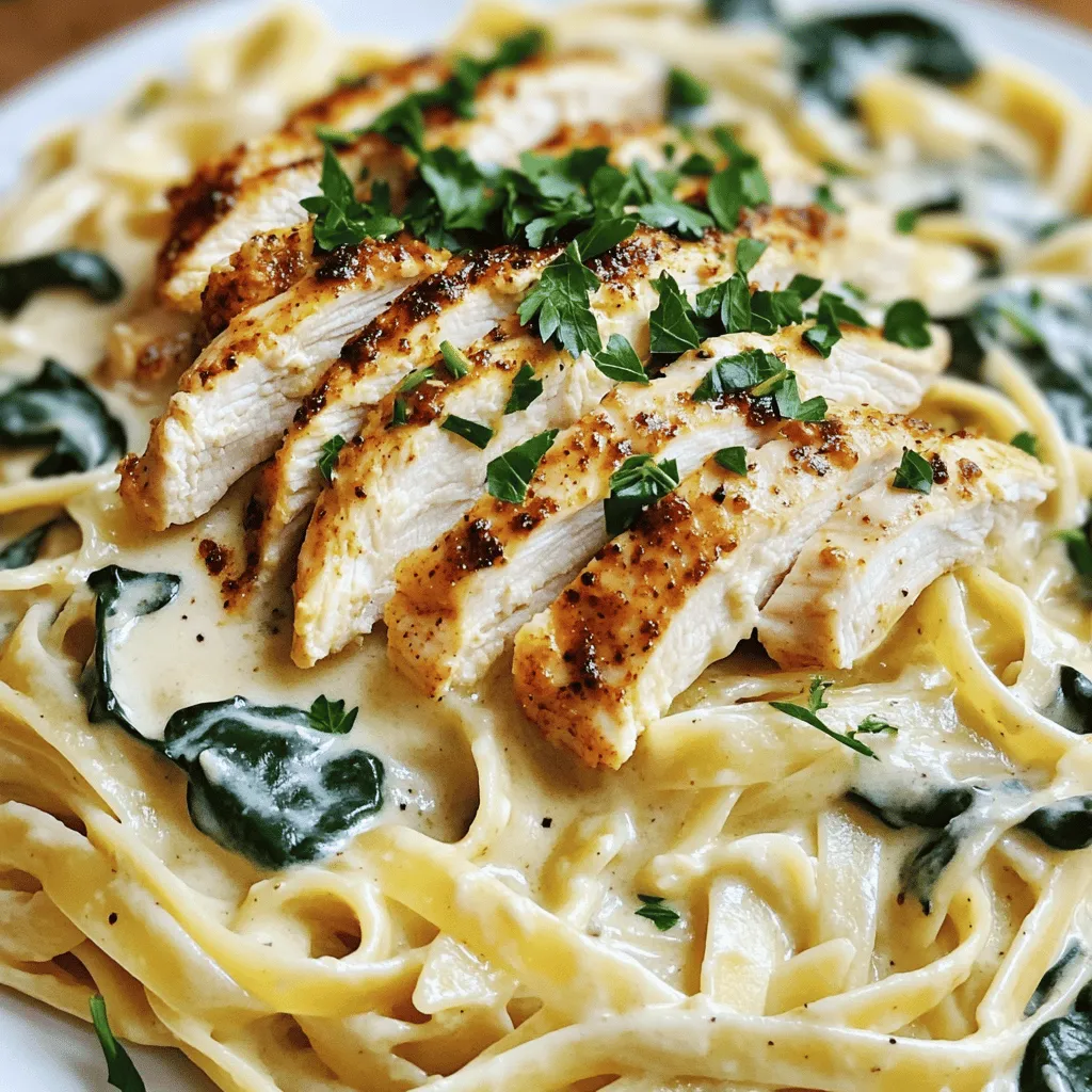 To create Cajun Chicken Alfredo Pasta, you'll need fresh ingredients for the best taste. Here’s what you’ll need: - 12 oz fettuccine pasta - 2 boneless, skinless chicken breasts - 2 tablespoons Cajun seasoning - 2 tablespoons olive oil - 4 cloves garlic, minced - 1 cup heavy cream - 1 cup grated Parmesan cheese - 1 cup fresh spinach - Salt and pepper to taste - Fresh parsley, chopped for garnish Gathering these ingredients is the first step to making a flavorful meal. The fettuccine pasta gives a nice, chewy texture. Chicken breasts add protein and heartiness to the dish. Cajun seasoning brings a kick of spice. Olive oil helps to cook the chicken and adds richness. Garlic adds a fragrant touch to the sauce. Heavy cream makes the Alfredo rich and creamy, while Parmesan cheese provides that classic cheesy flavor. Fresh spinach adds color and nutrition. Lastly, salt, pepper, and parsley bring all the flavors together. Now that you have your ingredients, you're ready to start cooking! Start by preparing a large pot of salted boiling water. The salt helps flavor the pasta. Add 12 ounces of fettuccine pasta to the boiling water. Cook it according to the package instructions until it is al dente, which usually takes about 10-12 minutes. Once cooked, drain the pasta but keep a little pasta water for later. While the pasta cooks, season 2 boneless, skinless chicken breasts. Sprinkle 2 tablespoons of Cajun seasoning on both sides. This adds great flavor. In a large skillet, heat 2 tablespoons of olive oil over medium-high heat. Add the seasoned chicken breasts and cook for about 6-7 minutes on each side. The chicken should be golden brown and cooked through. Remove the chicken from the skillet and let it rest for a few minutes before slicing it into strips. In the same skillet, reduce the heat to medium. Add 4 cloves of minced garlic and sauté for about 1 minute until it smells good. Then, pour in 1 cup of heavy cream. Stir constantly to keep it smooth. Bring the cream to a gentle simmer. Gradually stir in 1 cup of grated Parmesan cheese. Mix until it melts and becomes smooth. Finally, add 1 cup of fresh spinach, cooking it until it wilts, which takes about 2-3 minutes. Now, add the drained fettuccine to the Alfredo sauce. Toss it well to coat the pasta evenly. If the sauce seems too thick, add a little of that reserved pasta water to reach the right consistency. This makes it creamy and delicious. To serve, plate the pasta and top it with the sliced Cajun chicken. This adds a beautiful touch. Finally, garnish with chopped fresh parsley for a pop of color. Enjoy your flavorful meal! - Ensuring chicken is cooked through: Cook the chicken until it reaches 165°F. This keeps it safe to eat. A meat thermometer helps a lot here. Always let the chicken rest for a few minutes before slicing. This keeps the juices inside. - Achieving the perfect pasta texture: Cook fettuccine until it is al dente. This means it should be firm to the bite. Drain the pasta, but save a bit of the pasta water. This water helps adjust the sauce later. - Suggested spices for additional flavor: Besides Cajun seasoning, consider adding Italian herbs like oregano or thyme. You can also use a pinch of smoked paprika for a deeper taste. - Adjusting spice levels according to preference: If you want more heat, add cayenne pepper or extra Cajun seasoning. If you prefer less spice, cut back on the seasoning. Taste as you go to find your perfect balance. - Best practices for plating Alfredo pasta: Use a large bowl or plate. Twirl the pasta with a fork for a nice nest shape. Top it with the sliced Cajun chicken for a colorful look. - Ideas for garnishing: Chop fresh parsley and sprinkle it on top. This adds a pop of color. You can also add grated Parmesan cheese for extra flavor and a nice touch. {{image_2}} You can easily change the protein in this dish. Instead of chicken, try shrimp or sausage. Both options add unique flavors. If you want a vegetarian meal, use tofu or mushrooms. Tofu absorbs flavors well, while mushrooms give a nice texture. Want to mix things up with the sauce? Adding sun-dried tomatoes or roasted red peppers gives a burst of flavor. For a spicy kick, toss in more Cajun seasoning. This will heat things up and make each bite exciting. You don’t have to stick with fettuccine. Whole wheat or gluten-free pasta can work great too. Whole wheat adds fiber, while gluten-free options cater to those with dietary restrictions. You can even try different pasta shapes like penne or rotini for fun. Each shape holds the sauce differently, making each meal unique. To store your Cajun Chicken Alfredo Pasta, let it cool first. Place the leftovers in an airtight container. This helps keep the flavors fresh. You can store it in the fridge for up to three days. Use glass or plastic containers with tight lids for best results. Make sure to label your containers with the date. This way, you know when to use them. You can also freeze Cajun Chicken Alfredo Pasta. First, let it cool completely. Then, portion it into freezer-safe bags or containers. Remove as much air as you can to prevent freezer burn. It can stay good for up to three months in the freezer. To reheat, just take it out and thaw in the fridge overnight. You can warm it up in a skillet over low heat. Add a splash of cream or pasta water to help it come back to life. Stir well as it heats to ensure even warming. Enjoy your tasty meal again! Cajun Chicken Alfredo Pasta is a rich dish that combines flavors. It features fettuccine pasta, tender chicken, and a creamy sauce. The Cajun seasoning adds a spicy kick. The dish includes garlic, heavy cream, Parmesan cheese, and fresh spinach. Each bite offers a mix of creamy and spicy tastes that makes it special. Yes, you can prepare Cajun Chicken Alfredo in advance. Cook the pasta and chicken, then store them separately. Keep the sauce in the fridge too. When ready to eat, reheat everything together. This keeps the flavors fresh and tasty. Just remember to add a splash of water to the sauce if it thickens. Pair Cajun Chicken Alfredo with fresh salads or garlic bread. A simple green salad with vinaigrette works great. You can also serve steamed vegetables like broccoli or green beans. These sides balance the richness of the pasta and add color to your plate. To add more heat, use extra Cajun seasoning on the chicken. You can also add red pepper flakes to the sauce. Another option is to mix in diced jalapeños or hot sauce. Adjust the spice level to match your taste for a flavorful kick! Cajun Chicken Alfredo Pasta is a tasty mix of fettuccine, chicken, and rich sauce. You learned how to cook each part, from pasta to sauce. I shared tips on flavor and presentation, plus fun ingredient swaps to try. Keep these ideas in mind for your next meal. Enjoy crafting your own delicious version, and make it your own! You can't go wrong with this dish.