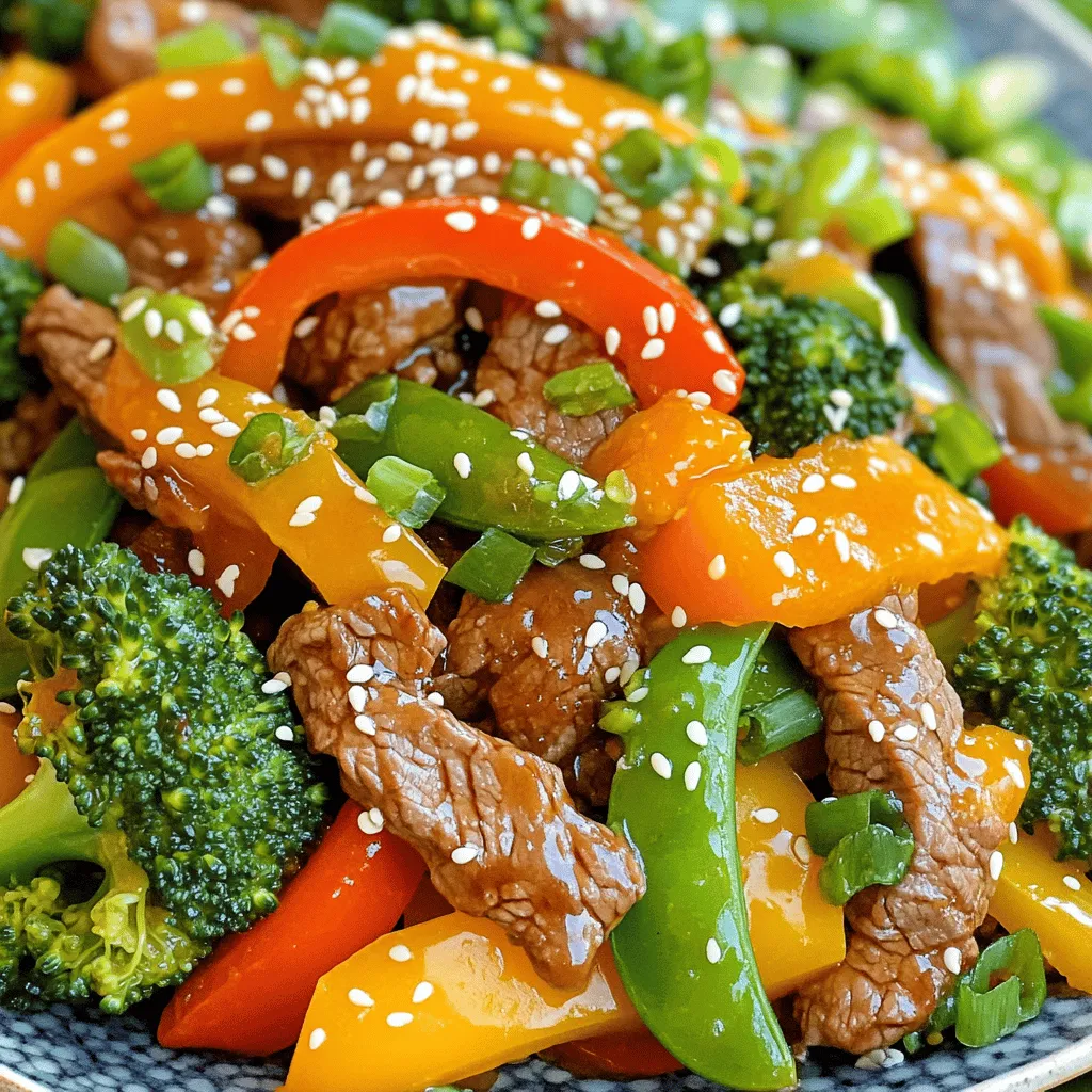 - 1 lb beef sirloin, thinly sliced - 1 red bell pepper, sliced - 1 cup broccoli florets - 1 cup snap peas - 3 cloves garlic, minced - 1 tablespoon fresh ginger, grated - 3 green onions, chopped - Zest of 1 orange - 1/2 cup fresh orange juice - 3 tablespoons soy sauce - 2 tablespoons honey - Salt and pepper to taste - Sesame seeds, for garnish This dish shines with fresh, bold flavors. The beef is tender and juicy, while the veggies add crunch. The ginger gives a warm spice, and the orange brightens it all up. Use fresh ingredients for the best taste. The sauce is sweet and tangy. The orange juice and zest bring a citrus punch. Soy sauce adds a savory depth, while honey sweetens the mix. This blend makes the dish pop with flavor. Using sesame seeds as a garnish adds a nice touch. They give a nutty flavor and look great on top. Enjoy this dish with rice or noodles for a complete meal. - Marinate the beef: Start by slicing 1 pound of beef sirloin into thin strips. In a bowl, toss the beef with 2 tablespoons of cornstarch, salt, and pepper. This helps to make the beef tender. Let it marinate for about 15 minutes. This short wait is key to a great dish. - Prepare the sauce: While the beef marinates, grab another bowl. Mix together 1/2 cup of fresh orange juice, 3 tablespoons of soy sauce, 2 tablespoons of honey, the grated ginger, and the zest of 1 orange. This sauce adds flavor and sweetness. - Stir fry the beef: Heat 1 tablespoon of vegetable oil in a large skillet over medium-high heat. Add in the marinated beef. Stir fry it for about 3 to 4 minutes. You want the beef to brown nicely and cook through. Once done, take the beef out of the skillet and set it aside. - Cook the vegetables: In the same skillet, add 1 more tablespoon of vegetable oil. Toss in 3 minced garlic cloves, the sliced red bell pepper, 1 cup of broccoli florets, and 1 cup of snap peas. Stir fry these for about 3 to 5 minutes. You want them to stay tender-crisp and colorful. - Combine ingredients in the skillet: Return the cooked beef back to the skillet with your veggies. Pour the orange sauce over everything. Toss it all together for about 2 to 3 minutes. Make sure every piece is coated well and heated through. - Finish and serve: Remove the skillet from the heat. Garnish your dish with 3 chopped green onions and some sesame seeds. Serve it hot over steamed rice or noodles for a complete meal. Enjoy your tasty creation! Cornstarch is key for a perfect beef stir fry. It helps keep the beef juicy and tender. When you coat the beef in cornstarch, it forms a nice crust. This crust locks in moisture and gives you that great texture. Let the beef marinate for about 15 minutes. This time allows the flavors to soak in. Don't rush this step; it makes a big difference in taste. Use a wok or a large skillet for stir-frying. These pans heat up quickly and cook food evenly. The high heat helps seal in flavors and gives the beef a nice sear. For tender-crisp veggies, cook them quickly over high heat. This keeps them bright and crunchy. Stir them often and don’t overcook. You want them to stay vibrant and flavorful. Serve your Orange Ginger Beef Stir Fry over steamed rice or noodles. This adds a nice base and helps soak up the sauce. For a pretty touch, sprinkle sesame seeds on top. They add a nice crunch and look great on the plate. You can also add chopped green onions for extra color and flavor. {{image_2}} You can switch the beef for chicken, shrimp, or tofu. Chicken works well and cooks quickly. Use boneless, skinless pieces for the best taste. Shrimp adds a light and sweet flavor. Just make sure they turn pink. Tofu is great for a plant-based meal. Choose firm tofu, press it, and cut it into cubes. This alternative will soak up all the tasty sauce. Feel free to mix in other vegetables. Carrots, bell peppers, or zucchini can add color and taste. You might also use bok choy or snow peas for a crunchy bite. Just remember to cut the veggies to similar sizes. This helps them cook evenly. You can also use frozen vegetables if fresh ones are not available. They are quick and easy. You can adjust the sauce to fit your taste. If you like it sweeter, add more honey. For a spicy kick, try adding red pepper flakes or sriracha. You can also reduce the soy sauce for less salt. Or, add more orange juice for a fruity flavor. Just mix and taste as you go. This lets you find the perfect balance for your meal. To store your Orange Ginger Beef Stir Fry, let it cool first. Place it in an airtight container. This keeps it fresh and safe. Store it in the fridge for up to three days. If you want to keep it longer, freezing is better. Always label your container with the date. To reheat your stir fry, use medium heat on the stove. This keeps the beef tender and the veggies crisp. Add a splash of water or broth if it seems dry. Stir it often for even heating. You can also use a microwave. Heat it in short bursts, stirring in between. This helps it warm up without overcooking. Yes, you can freeze Orange Ginger Beef Stir Fry! Pack it in a freezer-safe container. It can last up to three months in the freezer. When you’re ready to eat, thaw it in the fridge overnight. Then reheat as described above. Enjoy your tasty meal any time! To add some heat, you can use a few spicy items. Here are my top picks: - Red pepper flakes: Sprinkle some in the sauce for a nice kick. - Sriracha sauce: Mix a teaspoon into the sauce for bold flavor. - Fresh chili peppers: Slice and add them with the vegetables for extra spice. These options let you control the heat. Adjust based on your taste! Yes, you can meal prep this dish! Here are some tips: - Marinate the beef: You can marinate it a day in advance. This helps the flavors soak in. - Chop veggies: Prepare your vegetables a day ahead. Store them in the fridge. - Cook and store: You can cook the stir fry and keep it in the fridge. Just reheat when you’re ready to eat. Doing this saves time during busy days! This dish pairs well with many sides. Here are some great options: - Steamed rice: White or brown rice works great to soak up the sauce. - Noodles: Try egg noodles or rice noodles for a fun twist. - Salad: A fresh green salad can balance the meal nicely. These sides add texture and flavor to your meal! This blog post shared an easy recipe for Orange Ginger Beef Stir Fry. I outlined the main ingredients, steps for preparation, and tips to enhance flavor and presentation. You can even customize your stir fry with different proteins and veggies. In closing, this dish is simple yet rewarding. Whether you meal prep or whip it up for dinner, it delivers bright flavors and fresh textures. Enjoy this recipe and make it your own!
