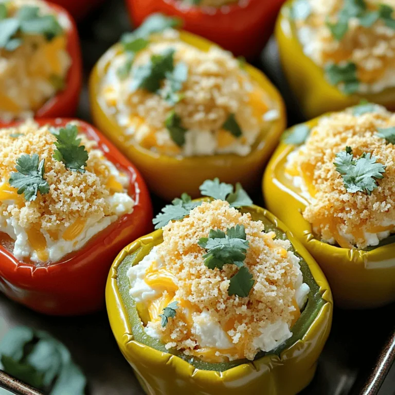 To make delicious Jalapeño Popper Stuffed Peppers, gather these ingredients: - 4 large bell peppers (any color) - 1 cup cream cheese, softened - 1 cup shredded cheddar cheese - ¼ cup crumbled feta cheese - 2 jalapeños, deseeded and finely chopped - 1 teaspoon garlic powder - 1 teaspoon onion powder - ½ teaspoon smoked paprika - Salt and pepper to taste - ½ cup panko breadcrumbs - 1 tablespoon olive oil - Fresh cilantro or parsley for garnish You can swap some ingredients based on your taste or what you have: - Use Greek yogurt instead of cream cheese for a tangy twist. - Swap cheddar for mozzarella for a milder flavor. - Try goat cheese in place of feta for a creamier texture. - You can use any color of bell pepper; they all taste great! Add some fun touches before serving: - Chopped fresh cilantro or parsley adds a pop of color. - Drizzle with sour cream or ranch dressing for creaminess. - A sprinkle of red pepper flakes can give a little extra heat. Start by preheating your oven to 375°F (190°C). Take four large bell peppers and cut off the tops. Make sure to remove the seeds and membranes inside. This step helps reduce bitterness and keeps the peppers tender. Set the prepared peppers aside; they will hold the tasty filling. In a mixing bowl, combine one cup of softened cream cheese, one cup of shredded cheddar cheese, and a quarter cup of crumbled feta cheese. Next, add two finely chopped jalapeños, one teaspoon of garlic powder, one teaspoon of onion powder, and half a teaspoon of smoked paprika. Season the mixture with salt and pepper to taste. Mix everything well until it becomes smooth and creamy. This filling packs in all that great flavor! Now, it’s time to stuff the peppers. Fill each pepper with the cheese mixture, pressing down gently to make sure each one is packed full. In a small bowl, take half a cup of panko breadcrumbs and mix in one tablespoon of olive oil. Once combined, sprinkle this breadcrumb mix over the stuffed peppers for extra crunch. Place the peppers upright in a baking dish and cover them with aluminum foil. Bake in the preheated oven for 20 minutes. After that, take off the foil and bake for another 10 to 15 minutes. Look for the peppers to be tender and the topping to be golden brown. Once done, let them cool a bit, then garnish with fresh cilantro or parsley before serving. Enjoy your flavorful treat! To control the heat, start by removing the seeds and membranes from the jalapeños. This step reduces the spice. If you like it hotter, add more jalapeños or keep the seeds in. You can also mix in some diced bell peppers. They add sweetness and balance the heat. For a creamy filling, ensure your cream cheese is soft. Mix it well with the cheeses and spices. The panko topping gives a nice crunch. Coat the breadcrumbs with olive oil to help them brown. Bake until your peppers are tender but not mushy. Prep your peppers in advance. You can stuff them and refrigerate until ready to bake. This makes dinner quick. Use pre-shredded cheese to save time on mixing. You can also chop jalapeños ahead of time. It keeps the cooking fun and easy. {{image_2}} You can switch up the cheese in these stuffed peppers. Try using mozzarella for a gooey texture. Or, go with pepper jack for an extra kick. Goat cheese adds a tangy flavor that pairs well with the jalapeños. Blend cheeses to find your favorite mix. Each option gives a new twist to the dish. Want to make these peppers heartier? Add protein! Cooked chicken or turkey works well. You can also use crumbled sausage for a savory touch. For a vegetarian option, use black beans or quinoa. These add protein while keeping the flavor strong. Mix and match to find your perfect filling. To make these peppers fully vegetarian, skip the meat and add more veggies. Chopped spinach or zucchini blends nicely into the filling. You can also mix in corn for sweetness. These options keep the dish vibrant and tasty while adding extra nutrients. Feel free to get creative with your veggie choices! To keep your Jalapeño Popper Stuffed Peppers fresh, let them cool first. Place them in an airtight container. They can last up to four days in the fridge. Make sure to cover each pepper well to avoid drying out. For the best taste, reheat your stuffed peppers in the oven. Preheat the oven to 350°F (175°C). Place the peppers in a baking dish and cover with foil. Heat for about 15-20 minutes or until warm throughout. You can also use a microwave. Heat on medium for 2-3 minutes, checking often. If you want to save some for later, freezing works well. Wrap each stuffed pepper in plastic wrap. Then, place them in a freezer bag. They can last up to three months in the freezer. When ready to eat, thaw in the fridge overnight. Then, reheat as mentioned above. Yes, you can prepare Jalapeño Popper Stuffed Peppers in advance. Make the filling and stuff the peppers. Cover them tightly with plastic wrap or foil. Store them in the fridge for up to 24 hours. When ready, bake them as usual. This saves time and helps flavors blend. Stuffed peppers pair well with many dishes. Here are some options: - A fresh green salad - Creamy coleslaw - Rice or quinoa - Garlic bread - A zesty salsa These sides will complement the flavors in the stuffed peppers. Jalapeño Popper Stuffed Peppers can be spicy. However, it depends on how you prepare them. Removing the seeds and membranes from jalapeños reduces heat. You can also use mild peppers if you want less spice. The cream cheese and cheeses help cool down the heat, making them tasty for all. In this blog post, I covered how to make Jalapeño Popper Stuffed Peppers. We explored the main ingredients, substitutes, and tasty garnishes. I shared step-by-step instructions for preparing the peppers and making the filling. You also learned tips for spice levels and texture. Don’t forget the fun variations and storage info to keep your leftovers fresh. Now, you’re ready to create this dish that combines all the great flavors you love. Enjoy your cooking adventure!
