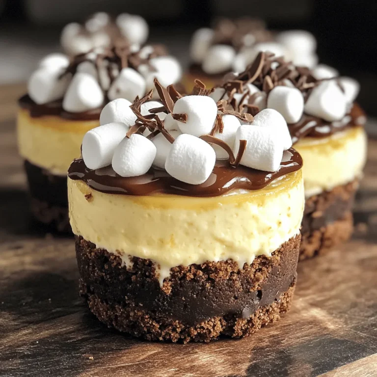 To make No-Bake S’mores Cheesecake Cups, you will need: - 1 cup graham cracker crumbs - 1/4 cup unsweetened cocoa powder - 1/3 cup melted unsalted butter - 2 cups cream cheese, softened - 1/2 cup powdered sugar - 1 teaspoon vanilla extract - 1 cup whipped cream - 1 cup mini marshmallows - 1/2 cup chocolate chips, melted - Additional mini marshmallows and chocolate shavings for topping Gather these items before you start. Having everything ready makes cooking easy and fun. You can add these toppings for extra flavor: - Toasted mini marshmallows - Chocolate shavings - Extra melted chocolate - Crushed graham crackers These toppings add a nice touch. They make the cups look great and taste even better. You can make swaps if you don’t have something. For example: - Use Oreo crumbs instead of graham crackers for a twist. - Swap the cream cheese for a dairy-free cream cheese to make it vegan. - Use honey or maple syrup instead of powdered sugar for sweetness. Feel free to get creative! Cooking is all about making it your own. To start, gather your ingredients. You need graham cracker crumbs, cocoa powder, and melted butter. In a medium bowl, mix the crumbs, cocoa, and butter. Stir until the crumbs look like wet sand. This mixture will form a tasty base for your cups. Next, take serving cups or jars. Divide the crust evenly between them. Press it down firmly at the bottom. This creates a strong base. Place the cups in the fridge while you make the filling. Now, let’s make the cheesecake filling. In a large bowl, add softened cream cheese. Use an electric mixer to beat it until smooth. Then, add powdered sugar and vanilla extract. Mix these until they blend well together. Next, fold in the whipped cream gently. This step adds fluffiness to your filling. Be careful not to stir too hard; you want to keep that nice airy texture. Time to layer the cups! Spoon the cheesecake mixture over the chilled crust. Fill each cup to the top. While the filling is soft, drizzle melted chocolate over it. This adds a rich flavor. Now, sprinkle mini marshmallows on top. If you like, drizzle a bit more melted chocolate over the marshmallows. This gives them extra sweetness. Chill the cups in the fridge for at least two hours. This allows the flavors to meld and the cups to set. If you want toasted marshmallows, use a kitchen torch or broiler carefully. Before serving, add more mini marshmallows and chocolate shavings on top. This makes them look great and adds a bit of crunch. Enjoy your delicious No-Bake S’mores Cheesecake Cups! To get a smooth cheesecake, start with softened cream cheese. Cold cream cheese can clump. Beat the cream cheese until it's creamy and fluffy. Mix in the powdered sugar and vanilla next. This keeps the filling smooth. When you fold in the whipped cream, be gentle. This helps keep the airy texture. If you mix too hard, the filling can get dense. These cups are great for parties or family dinners. You can serve them in small jars or cups. For a fun touch, add a toasted marshmallow on top. Use a kitchen torch for a smoky flavor. You can also drizzle more melted chocolate over the top for extra sweetness. Serve with graham crackers on the side for crunch. One mistake is not chilling the cups long enough. They need at least 2 hours to set. If you skip this step, they can fall apart when served. Another mistake is overmixing the whipped cream. This leads to a dense filling. Finally, don’t skip the crust preparation. A firm crust holds everything together. {{image_2}} You can tweak the classic s’mores cheesecake cups to fit your taste. Try using Oreo crumbs instead of graham cracker crumbs for a chocolatey twist. This small change gives a richer flavor and texture. You can also swap the mini marshmallows for crushed candy bars or peanut butter chips. This adds a fun surprise in every bite. For a fruity version, mix in fresh berries or a layer of fruit preserves. These alternatives bring new flavors and keep the dessert exciting. Making these cups gluten-free is easy. Just use gluten-free graham crackers or almond flour for the crust. For a vegan version, replace the cream cheese with a plant-based alternative. Use coconut cream or cashew cream for a rich texture. Switch the powdered sugar with a vegan sweetener. You can also find vegan whipped cream at stores. These swaps let everyone enjoy this treat without missing out. Seasonal flavors can make your s’mores cheesecake cups even more special. In fall, add pumpkin spice to the filling for a cozy taste. During winter, try peppermint extract for a refreshing holiday twist. You can also mix in seasonal fruits like strawberries in spring or apples in autumn. Top with crushed nuts or toffee bits for extra crunch. These small changes make your dessert feel fresh and festive. To keep your leftover cheesecake cups fresh, place them in the fridge. Use an airtight container or cover them with plastic wrap. This will stop air from making them dry. The cool temperature keeps the cream cheese filling nice and firm. Enjoy your treats within three days for the best taste. If you want to save some for later, you can freeze them. First, let the cups chill completely. Then, cover each cup tightly with plastic wrap. Place them in a freezer-safe container. This helps keep them fresh. You can freeze the cups for up to one month. When ready to enjoy, move them to the fridge overnight to thaw. These no-bake s'mores cheesecake cups last well if stored properly. In the fridge, they are good for about three days. If you freeze them, they stay tasty for up to a month. For the best flavor, try to eat them fresh. Yes, you can use store-bought whipped cream. It saves time and works well. Just make sure it is fresh and fluffy. This will help keep your cheesecake light. If you want, you can also make your own for a richer taste. These cheesecake cups need to chill for at least 2 hours. This time helps the layers set well. If you can wait longer, chilling overnight is even better. This way, the flavors meld together nicely. Absolutely! You can prepare these cups a day ahead. Keep them in the fridge until you are ready to serve. This makes them perfect for parties or gatherings. Just add any toppings before serving for the best look. This blog post guides you through making delicious cheesecake cups. We covered key ingredients, step-by-step instructions, and helpful tips. You learned about variations and easy substitutions, perfect for any diet. Now, you can craft tasty treats at home with ease. Remember the tips to avoid common mistakes. These cheesecake cups are fun to make and share. Enjoy your creamy creations and impress your friends with your skills!