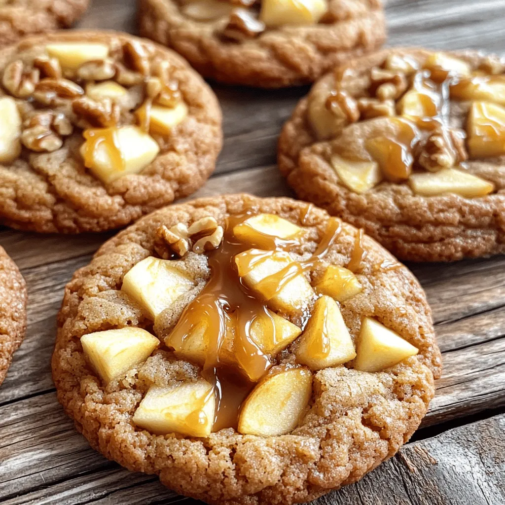 To make Caramel Apple Cheesecake Cookies, gather these items: - 1 cup unsalted butter, softened - 1 cup brown sugar, packed - 1/2 cup granulated sugar - 2 large eggs - 1 teaspoon vanilla extract - 3 cups all-purpose flour - 1 teaspoon baking soda - 1/2 teaspoon salt - 1 teaspoon ground cinnamon - 1 cup diced apples (peeled) - 1/2 cup cream cheese, softened - 1/4 cup caramel sauce (plus extra for drizzling) - 1/2 cup chopped walnuts or pecans (optional) You can add a twist to these cookies by trying these optional ingredients: - 1/2 cup chocolate chips for a sweet touch - 1/2 cup dried cranberries for tartness - A pinch of nutmeg for extra warmth If you need substitutes, here are some options: - Use coconut oil instead of butter for a dairy-free choice. - Swap brown sugar for coconut sugar for a healthier option. - Replace granulated sugar with honey or maple syrup for a natural sweetener. - Use gluten-free flour in place of all-purpose flour for a gluten-free version. These choices make your baking more flexible and fun! Start by gathering all your ingredients. You will need: - 1 cup unsalted butter, softened - 1 cup brown sugar, packed - 1/2 cup granulated sugar - 2 large eggs - 1 teaspoon vanilla extract - 3 cups all-purpose flour - 1 teaspoon baking soda - 1/2 teaspoon salt - 1 teaspoon ground cinnamon - 1 cup diced apples (peeled) - 1/2 cup cream cheese, softened - 1/4 cup caramel sauce (plus extra for drizzling) - 1/2 cup chopped walnuts or pecans (optional) Preheat your oven to 350°F (175°C). Line a baking sheet with parchment paper. This will help the cookies not stick. 1. Cream Butter and Sugars: In a large bowl, mix the softened butter, brown sugar, and granulated sugar. Beat it until it is light and fluffy. This will take about 2-3 minutes. 2. Add Eggs and Vanilla: Add the eggs one by one, mixing well after each. Then stir in the vanilla extract. Make sure everything is well combined. 3. Mix Dry Ingredients: In another bowl, whisk together the flour, baking soda, salt, and ground cinnamon. Gradually add this to the wet mixture. Mix until just combined. Don’t overmix. 4. Incorporate Apples and Nuts: Gently fold in the diced apples and nuts if you choose to use them. This adds great flavor and texture to your cookies. 5. Prepare Cream Cheese Mixture: In a small bowl, mix the softened cream cheese with the caramel sauce until it becomes smooth and creamy. This will be the tasty filling. 6. Form Cookies: Scoop out tablespoon-sized portions of dough onto your prepared baking sheet. Space them about 2 inches apart. Make a small indent in the center of each cookie and fill it with a teaspoon of the cream cheese mixture. 7. Bake: Place the baking sheet in the oven. Bake for 10-12 minutes. The edges should look lightly golden. The centers might seem soft but will firm up as they cool. 8. Cool and Drizzle: Let the cookies cool on the baking sheet for 5 minutes. Then, transfer them to a wire rack to cool completely. Once cooled, drizzle extra caramel sauce over each cookie for a sweet finish. Now, you are ready to enjoy your caramel apple cheesecake cookies! To keep your cookies soft, use room-temperature butter. This helps mix well with sugar. Cream the butter and sugars for a full five minutes. This adds air, making them fluffy. When adding flour, mix until just combined. Over-mixing can make them tough. Use parchment paper on your baking sheet. This stops cookies from sticking and makes cleanup easy. You can also lightly grease the parchment with cooking spray. If you find your dough is sticky, chill it for 30 minutes. This makes it easier to scoop and shapes the cookies better. You can prepare the dough in advance. Form the cookies and place them on a tray. Freeze them for about an hour until firm. Then, transfer to a zip-top bag. Label the bag with the date. You can bake them straight from the freezer. Just add a couple of extra minutes to the baking time. {{image_2}} You can mix things up with your Caramel Apple Cheesecake Cookies. Try adding pumpkin for a fall twist. Simply replace some apples with 1 cup of pumpkin puree. This gives a warm, spiced flavor. If you prefer chocolate, add 1/2 cup of chocolate chips instead of nuts. This adds a rich depth to your cookies. If you have nut allergies, skip the walnuts or pecans. You can still enjoy the cookies without nuts. For a gluten-free option, use 3 cups of gluten-free flour instead of all-purpose flour. This keeps the cookies soft and tasty, while being safe for those with gluten sensitivities. Serve your cookies with a scoop of vanilla ice cream on top. The warm cookies and cold ice cream make a delightful contrast. You can also stack cookies and drizzle extra caramel sauce over them for a stunning plate. For a fun twist, add a sprinkle of sea salt to enhance the caramel flavor. To keep your caramel apple cheesecake cookies fresh, place them in an airtight container. Layer parchment paper between the cookies to prevent sticking. This method helps maintain their soft texture. You can also store them in a zip-top bag. Just make sure to remove as much air as possible before sealing. If you want to enjoy these cookies warm, reheating is easy. Preheat your oven to 300°F (150°C). Place the cookies on a baking sheet and cover them with foil. Heat for about 5-7 minutes. This keeps them soft and gooey. You can also use a microwave. Heat each cookie for about 10-15 seconds, but watch closely to avoid overheating. These cookies can last for about a week when stored properly. If you want to keep them longer, consider freezing them. Wrap each cookie tightly in plastic wrap, then place them in a freezer-safe bag. They can last for up to three months in the freezer. When you’re ready to enjoy, just thaw them at room temperature. Caramel Apple Cheesecake Cookies are soft, sweet treats. They mix apple pieces and creamy cheesecake with a caramel twist. Each cookie has a soft center and a golden edge. The flavors remind you of a cozy fall day. You get the crunch of apples and the smoothness of cream cheese. These cookies are perfect for sharing or enjoying alone. Yes, you can make these cookies without nuts. Just skip the walnuts or pecans in the recipe. The cookies will still taste great. They will remain soft and chewy without nuts. This option is great for those with nut allergies. You can also add more apples for extra flavor. To keep the cookies from spreading, chill the dough for 30 minutes before baking. This helps them hold their shape. Make sure to measure your flour correctly. Too little flour can cause spreading. Also, do not overmix the dough once you add the flour. Finally, use a baking sheet lined with parchment paper. This will help the cookies keep their form. This article covered how to make delicious cookies from start to finish. We discussed key ingredients, easy steps for baking, and helpful tips for soft cookies. You learned about fun variations and storage info to keep your treats fresh. Baking cookies can be fun and rewarding. Use these ideas to explore your own flavors and techniques. Enjoy the process and share your tasty creations with friends and family. Happy baking!