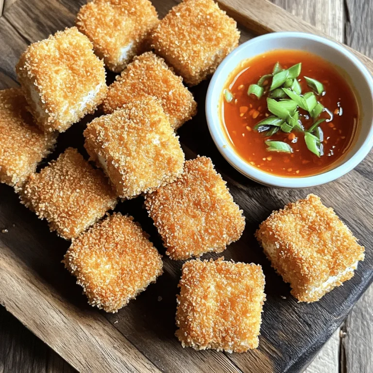 To make crispy air fryer tofu nuggets, gather these main ingredients: - 14 oz firm tofu, pressed and cubed - 1 cup breadcrumbs (panko preferred) - 1/4 cup cornstarch - 1/2 cup plant-based milk (unsweetened) For a tasty flavor, use these seasonings and coatings: - 1/2 tsp garlic powder - 1/2 tsp onion powder - 1/2 tsp smoked paprika - 1/2 tsp salt - 1/4 tsp black pepper - Cooking spray or a light drizzle of olive oil To enhance your tofu nuggets, consider these dipping sauces: - Sweet chili sauce - Vegan ranch dressing - Soy sauce with sesame oil These ingredients and seasonings will give you delicious, crispy tofu nuggets. The panko breadcrumbs and cornstarch create a perfect crunch. The seasonings add depth and flavor. Choose your dip to match your taste. Enjoy your cooking adventure! To start, you need to press the tofu. This step gets rid of extra water. Use a tofu press or wrap the tofu in a clean towel. Place a heavy object on top. Let it sit for about 15-20 minutes. After pressing, cut the tofu into bite-sized cubes. This will help them cook evenly and get crispy. In one bowl, mix the dry ingredients. Combine cornstarch, garlic powder, onion powder, smoked paprika, salt, and black pepper. In another bowl, whisk together the plant-based milk and soy sauce. Take each tofu cube and dip it into the milk mix first. Make sure it's fully coated. Then, toss it in the dry mix until it is evenly covered. Repeat this for all the tofu cubes. Next, preheat your air fryer to 400°F (200°C) for about five minutes. Once heated, place the coated tofu in a single layer in the air fryer basket. It’s important not to overcrowd them. Lightly spray with cooking spray or drizzle a little olive oil over the cubes for extra crispiness. Air fry the nuggets for about 12-15 minutes. Shake the basket halfway through cooking to ensure even crispiness. When they are golden brown, they are ready to eat. Let them cool for a few minutes before serving. To get that perfect crunch on your tofu nuggets, follow these steps: - Press the Tofu: Always press your tofu to remove moisture. This step is key. - Use Panko Breadcrumbs: Panko gives a lighter, crispier coating than regular breadcrumbs. - Coat Evenly: Make sure each piece is coated well in the cornstarch mix. This helps with crispiness. - Don’t Overcrowd: Place the nuggets in a single layer in the air fryer. This allows hot air to reach all sides. - Spray Lightly: A light spray of cooking oil or a drizzle of olive oil adds to the crunch. When making tofu nuggets, keep these mistakes in mind: - Skipping the Pressing: Not pressing tofu leads to soggy nuggets. Always press before cooking. - Using Too Much Oil: While oil is good, too much can make the nuggets greasy. A light spray is enough. - Not Shaking the Basket: Failing to shake the basket halfway leads to uneven cooking. Shake it for best results. - Not Preheating the Air Fryer: Air fryers need to be hot before adding food. Always preheat for even cooking. To make your cooking easy, use these tools: - Air Fryer: The main tool for crispy tofu nuggets. - Tofu Press: Helps remove moisture effectively. - Mixing Bowls: For your coating mixtures. - Tongs: Useful for handling coated tofu without making a mess. - Cooking Spray: For even distribution of oil on your nuggets. {{image_2}} You can easily change the flavor of your tofu nuggets. Try adding different spices to the mix. Here are some ideas: - Curry Powder: Add 1 teaspoon for a warm, spicy kick. - Chili Powder: Mix in 1 teaspoon for a smoky flavor. - Italian Herbs: Use a blend of oregano, basil, and thyme for an herby taste. Feel free to mix and match these seasonings to find your favorite combo. This way, every batch feels fresh and exciting! Besides panko, you can use other coatings for your nuggets. Here are a few options: - Crushed Cornflakes: They add great crunch and texture. - Almond Flour: This gives a nutty flavor and is gluten-free. - Sesame Seeds: Coat your tofu in sesame seeds for a unique twist. Each option brings its own texture and flavor. Experiment to see what you enjoy most! Pair your crispy tofu nuggets with fun side dishes. Here are some of my favorites: - Steamed Broccoli: A healthy, crunchy side. - Sweet Potato Fries: A sweet and savory combo. - Rice or Quinoa: Serve them over rice for a filling meal. Don’t forget to add a tasty dipping sauce! Sweet chili or vegan ranch work well and add a nice touch. Enjoy your meal with friends or family for a fun dinner! You can store leftover tofu nuggets in an airtight container. Let them cool first. Place them in the fridge for up to three days. If you want to keep them longer, freezing is a great option. To reheat, use the air fryer for the best crunch. Set it to 350°F (175°C) for about 5 to 7 minutes. This will bring back the crispy texture. You can also use the oven at the same temperature. Just keep an eye on them to avoid burning. You can freeze these tofu nuggets before or after cooking. If you freeze them raw, coat them and place them in a single layer on a baking sheet. After they freeze solid, transfer them to a freezer bag. If you freeze them cooked, let them cool, then store in an airtight container. They can last up to three months in the freezer. No, soft tofu won’t work well for this recipe. It has too much moisture and will fall apart. Firm tofu holds its shape better. It also gives the nuggets a nice crunch. Using firm tofu helps achieve that crispy texture we all love. To press tofu, start by wrapping it in a clean towel. Place it on a plate and add a heavy object on top. A cast-iron skillet or a few cans work well. Let it sit for 15 to 30 minutes. This removes excess moisture. Dry tofu absorbs flavors better and becomes crispier when cooked. To make these nuggets gluten-free, swap soy sauce for tamari. Tamari is a gluten-free option that tastes similar. Use gluten-free breadcrumbs in place of regular breadcrumbs. This way, you can enjoy tasty nuggets without gluten. You get all the flavor and crunch without worry! This post covered how to make crispy air fryer tofu nuggets, from ingredients to serving. You learned about key ingredients, tasty coatings, and great sauces. I shared tips for perfect texture and tools that help. Plus, I gave ideas for flavor variations and storage tips. Enjoy making your delicious tofu nuggets at home. Experiment with new flavors and share them with friends! Happy cooking!