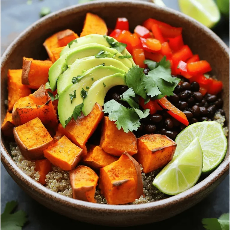 To make Sweet Potato Black Bean Burrito Bowls, gather these main ingredients: - 2 medium sweet potatoes, diced - 1 can (15 oz) black beans, rinsed and drained - 1 cup quinoa, rinsed - 2 cups vegetable broth - 1 avocado, sliced - 1 red bell pepper, sliced - ½ red onion, diced - 2 cloves garlic, minced - 1 tablespoon ground cumin - 1 tablespoon chili powder - Salt and pepper to taste - 2 tablespoons olive oil You can add extra flavors and colors with these optional garnishes and toppings: - Fresh cilantro, for garnish - Lime wedges, for serving If you have dietary needs, try these substitutions: - Use brown rice instead of quinoa for a different grain. - Swap black beans for pinto or kidney beans if preferred. - For a nut-free option, skip the avocado or use sunflower seeds instead. - Use vegetable broth or water to cook quinoa if you need a low-sodium option. Start by preheating your oven to 425°F (220°C). While it heats, take two medium sweet potatoes and dice them into small cubes. Place the diced sweet potatoes in a bowl. Add two tablespoons of olive oil, one tablespoon of ground cumin, one tablespoon of chili powder, and a pinch of salt and pepper. Toss everything together until the sweet potatoes are well coated. Spread them out on a baking sheet. Roast for 25-30 minutes. Flip them halfway through to ensure even cooking. While the sweet potatoes roast, it’s time to cook the quinoa. Rinse one cup of quinoa under cold water. In a medium saucepan, combine the rinsed quinoa and two cups of vegetable broth. Bring this mixture to a boil over high heat. Once boiling, reduce the heat to low, cover the pan, and let it simmer for about 15 minutes. When the liquid absorbs, remove it from heat. Fluff the quinoa with a fork to make it light and airy. Now let's make the black bean mix. Heat a small amount of olive oil in a skillet over medium heat. Add half a diced red onion and two cloves of minced garlic. Sauté for about 3-4 minutes until the onion turns translucent and fragrant. Next, stir in one can of rinsed and drained black beans and one sliced red bell pepper. Add a pinch of salt. Cook this mixture for about 5-7 minutes. You want the bell pepper to soften and the beans to heat through. Now, you’re ready to assemble your bowls with the roasted sweet potatoes, fluffy quinoa, and savory black bean mix! Enjoy! To roast sweet potatoes well, start with the right temperature. Preheat your oven to 425°F (220°C). Dice the sweet potatoes into even pieces. This helps them cook at the same rate. Toss them in olive oil, ground cumin, and chili powder. This step adds great flavor. Spread them out on a baking sheet. Make sure they are not crowded. Roast for 25-30 minutes. Flip them halfway for even browning. You want them tender and caramelized. The outside should be crispy, and the inside soft. Meal prep makes weeknight dinners easy. Start by roasting extra sweet potatoes. Store them in an airtight container. Cook a large batch of quinoa at the same time. Quinoa keeps well in the fridge. You can also prepare the black bean mix ahead of time. Just heat it when ready to serve. Assemble your bowls fresh each day. This keeps the flavors bright and tasty. Add your favorite toppings just before eating. This keeps everything fresh and crunchy. To enhance flavors, use fresh herbs. Cilantro adds a bright touch. Squeeze lime juice on top for zestiness. You can also try adding hot sauce for spice. If you like smoky flavors, consider smoked paprika. This adds depth without overwhelming the dish. Taste as you go. Adjust salt and pepper to your liking. For a creamier texture, add more avocado slices. Experiment with toppings like cheese or sour cream. Make the bowl your own! {{image_2}} You can add meat to your burrito bowls for extra protein. Chicken or ground beef works well. Just cook the meat in the skillet after the onion and garlic. Mix it in with the black beans and bell peppers. This adds flavor and heartiness to your meal. This recipe is already vegan and gluten-free! The sweet potatoes, black beans, and quinoa are perfect for those diets. You can enjoy it with no worries. Just skip any non-vegan toppings, like sour cream, and stick to fresh vegetables and avocado. You can change up the veggies to suit your taste. Try adding corn, zucchini, or spinach. These options bring in new flavors and colors. You can also use frozen veggies for convenience. Just cook them in with the beans for a quick mix. Each bowl can be unique based on your choices! After enjoying your Sweet Potato Black Bean Burrito Bowls, let them cool. Use airtight containers to store leftovers. This keeps them fresh and tasty. I recommend keeping each component separate. This way, the sweet potatoes stay crunchy, and the quinoa stays fluffy. To reheat, use a microwave or a stovetop. If using the microwave, place your bowl in for 1-2 minutes. Stir halfway through for even heating. If you prefer the stovetop, warm them in a pan over low heat. Add a splash of water to prevent sticking. Cover the pan to steam the ingredients. You can freeze these bowls for later. Just make sure to cool everything first. Then, pack them in freezer-safe containers. Use wax paper between layers to avoid sticking. They will last up to three months. When ready to eat, thaw overnight in the fridge before reheating. This makes meal prep easy and fun. Yes, you can use other beans. Pinto beans or kidney beans work well too. Each type adds its own flavor and texture. You can even mix different beans for fun. Just make sure to rinse and drain them first. These burrito bowls last about 3-4 days in the fridge. Store them in an airtight container. If you want the best taste, eat them within two days. The longer they sit, the more the flavors blend. You can serve a fresh salad on the side. A simple avocado salad pairs nicely. You might also like tortilla chips with salsa. For a drink, try a refreshing limeade or water with mint. Enjoy your meal! This blog post covered how to make tasty Sweet Potato Black Bean Burrito Bowls. You learned about the key ingredients and how to prep each part. We shared tips for perfect roasting and meal prep ideas. You now know how to store leftovers and reheat them. Don't forget, you can customize this dish for any taste. Enjoy the flavors and get creative with your bowls!