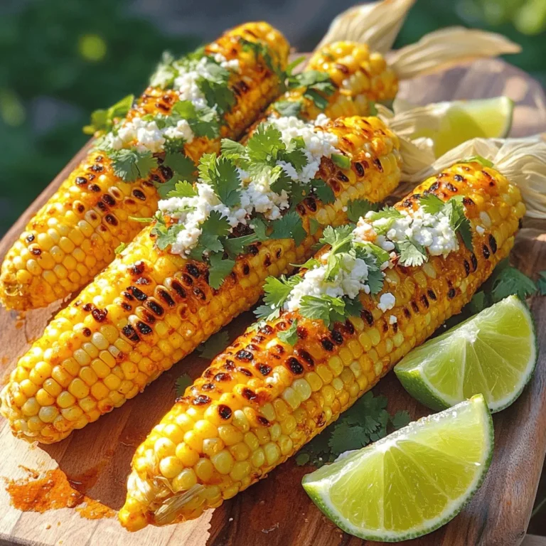 To make Chili Lime Grilled Corn on the Cob, you need fresh, simple ingredients. Here’s what you’ll need: - 4 ears of corn, husked - 2 tablespoons olive oil - 1 teaspoon chili powder - 1 teaspoon smoked paprika - 1 teaspoon garlic powder - Zest and juice of 2 limes - Salt to taste - Fresh cilantro, chopped (for garnish) - Cotija cheese, crumbled (optional) Each ingredient adds flavor and joy to the dish. The corn gives a sweet crunch. The spices bring heat and depth. Lime juice brightens everything up. You can also add cilantro and Cotija cheese for extra zest and creaminess. Use fresh corn for the best taste. Enjoy gathering these ingredients as part of your cooking fun! Start by preheating your grill to medium-high heat. This step is key. A hot grill gives the corn a nice char and helps lock in the flavors. Next, take your ears of corn and husk them. Make sure to remove all the silk strands. Rinse the corn under cold water to clean it. After rinsing, pat the corn dry with a towel. This helps the chili lime mixture stick better. In a small bowl, whisk together the olive oil, chili powder, smoked paprika, garlic powder, lime zest, lime juice, and a pinch of salt. Mix until everything is well combined. This mixture brings bright flavors to the corn. Now, take your brush and coat each ear of corn with the chili lime mixture. Make sure you cover all sides. This ensures every bite is packed with flavor. Place the coated corn on the grill. Close the lid and grill for about 10 to 15 minutes. Turn the corn occasionally. You want it to be tender and slightly charred for the best taste. Once the corn is done, carefully remove it from the grill. Sprinkle some chopped cilantro on top. If you like, add crumbled Cotija cheese for extra flavor. Serve the corn hot and enjoy the delicious burst of flavors! Grilling corn is simple and fun. Start with a hot grill at medium-high heat. This helps the corn cook evenly. You can soak the corn in water for 30 minutes before grilling. This keeps it moist and adds flavor. Make sure to turn the corn every few minutes. This way, all sides get nice grill marks and a good char. Choosing fresh corn is key to great taste. Look for ears with bright green husks. The silk should be golden and slightly sticky. If the kernels feel plump and firm, you have a winner! Press a kernel; it should pop easily. If it does not, it may be old. Fresh corn has a sweet smell, which is a good sign. You might want to change the spice level to fit your taste. If you love heat, add more chili powder. For milder corn, cut back on spices. You can also try adding fresh diced jalapeños to the chili lime mix. Taste as you go. This way, you can find the perfect balance for your dish. {{image_2}} Want more heat? Add jalapeño! Chop one or two fresh jalapeños. Mix them into your chili lime blend. This gives a nice kick to your corn. It adds a zesty flavor that pairs well with lime. You can adjust the amount based on your taste. No cheese? No problem! Omit the Cotija cheese for a dairy-free dish. The chili lime mix is full of flavor on its own. You can also add avocado slices as a topping. This keeps the dish fresh and creamy without dairy. Try new flavors to keep things exciting! Here are some ideas: - Garlic Herb: Add fresh herbs like parsley and basil. - Smoky BBQ: Use BBQ sauce instead of the chili lime mix. - Sweet & Spicy: Mix in honey or agave for a sweet twist. These options let you customize your grilled corn to your liking. Enjoy experimenting with different tastes! To store leftover grilled corn, let it cool first. Wrap each ear in plastic wrap. You can also place it in an airtight container. This keeps the corn fresh for up to three days in the fridge. Reheat your corn on the grill for the best flavor. Heat it over medium heat for about five minutes. You can also use a microwave. Wrap the corn in a damp paper towel and heat for one to two minutes. To freeze grilled corn, first, cut the kernels off the cob. Place the kernels in a freezer bag. Remove as much air as possible and seal. You can freeze them for up to six months. When ready to use, thaw in the fridge overnight. Yes, you can! Preheat your oven to 400°F. Husk the corn and coat it with the chili lime mixture. Wrap each ear of corn in foil. Place them on a baking sheet. Bake for about 25-30 minutes. This method gives you a similar tasty flavor. Grilled corn pairs well with many sides. Here are some great options: - Black bean salad - Grilled chicken - Guacamole and chips - Coleslaw - Rice dishes These sides bring balance and enhance the meal. The corn is ready when it turns bright yellow and is tender. You can check by piercing a kernel with a fork. If it’s juicy and soft, it’s done! Also, look for slight char marks, which add great flavor. Grilling corn is simple and fun. We explored fresh ingredients, tasty spices, and easy steps. You learned how to prepare, grill, and serve corn with flair. Remember to experiment with flavors and adjust spice levels to suit your taste. Enjoying grilled corn with family or friends makes the dish even better. Store leftovers properly to keep them fresh. Try these tips and variations for a delicious meal. Dive in, and experience all the wonderful flavors that grilled corn has to offer!