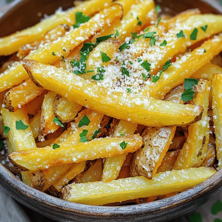 - 4 large russet potatoes - 4 tablespoons olive oil - 4 cloves garlic - 1 cup grated Parmesan cheese - 1 teaspoon dried oregano - 1 teaspoon smoked paprika - Salt and pepper to taste - Fresh parsley for garnish When making Garlic Parmesan Air Fryer Fries, start with the main ingredients. I use 4 large russet potatoes for their great texture. They crisp up nicely in the air fryer. Next, I add 4 tablespoons of olive oil. This helps the fries crisp and adds flavor. Garlic is key in this recipe. I use 4 cloves of minced garlic. It gives the fries a bold taste. The star of the show, though, is 1 cup of grated Parmesan cheese. This makes the fries cheesy and delicious. Now, let’s talk about seasonings. I use 1 teaspoon of dried oregano for a touch of earthiness. I also add 1 teaspoon of smoked paprika to give a nice depth of flavor. Salt and pepper are needed to taste. Finally, I like to garnish with fresh parsley. It adds color and a fresh note to the dish. These ingredients come together to create a tasty snack or side dish. You can easily adjust them based on your tastes. Want more garlic? Go for it! Prefer a spicier kick? Add some chili flakes. The options are endless. 1. Start by preheating your air fryer to 400°F (200°C). This takes about 5 minutes. A hot fryer helps the fries become crispy. 2. Rinse the cut potato strips in cold water. This step washes away extra starch, which helps with crispiness. After rinsing, use a kitchen towel to pat them dry. Make sure they are not wet. 1. In a large mixing bowl, toss the potato strips with 4 tablespoons of olive oil. This makes sure each fry gets coated well. 2. Next, add 4 minced garlic cloves, 1 cup of grated Parmesan cheese, 1 teaspoon of dried oregano, 1 teaspoon of smoked paprika, and salt and pepper to taste. Mix everything well until the fries are evenly coated. 1. Place the seasoned potato strips in a single layer in the air fryer basket. If you have too many fries, fry them in batches. Overcrowding makes it hard for the hot air to circulate. 2. Air fry the fries for 15 to 20 minutes. Remember to shake the basket halfway through. This helps them cook evenly. They should be golden brown and crispy when done. 3. Once they are done, take out the fries carefully. Let them cool for a minute. You can add chopped fresh parsley and more Parmesan cheese on top for extra flavor. Enjoy these tasty fries as a side or snack! To get fries that are crispy, avoid overcrowding the basket. When you pack too many fries in, they can steam instead of fry. This makes them soggy. It’s best to cook in batches. Next, set the proper cooking time and temperature. I recommend air frying at 400°F (200°C) for 15 to 20 minutes. This high heat helps give you that golden brown crisp. Remember to shake the basket halfway through cooking. This step helps the fries cook evenly. For more flavor, try different seasonings. You can add some cayenne pepper for heat or garlic powder for extra garlic flavor. Experimenting with spices can make your fries unique. You can also top your fries with extras. Consider adding crumbled bacon, feta cheese, or even a squeeze of lemon juice. Fresh herbs can also elevate the dish. A sprinkle of green onions or basil can add a nice touch. {{image_2}} You can switch up the type of potato for your fries. Sweet potatoes give a sweet twist. They add a nice color and flavor. Yukon Gold potatoes are another great choice. They are creamy and tender. Both options can bring new tastes to your dish. Want a kick? Try a spicy garlic parmesan version. Add some red pepper flakes for heat. It will make your fries pop! You can also infuse herbs into your fries. Use rosemary or thyme for a fresh taste. These flavors brighten the dish and make it more exciting. If you prefer a dairy-free option, you can swap out the Parmesan cheese. Pecorino Romano gives a similar salty taste. Nutritional yeast is another great choice for a vegan option. It adds a cheesy flavor without any dairy. This way, everyone can enjoy these tasty fries! To store your leftover Garlic Parmesan Air Fryer Fries, let them cool first. Place the fries in an airtight container. They will stay fresh in the refrigerator for up to three days. You can also layer parchment paper between fries to keep them from sticking. To keep your fries crispy when reheating, the best method is the air fryer. Preheat the air fryer to 350°F (175°C). Arrange the fries in a single layer and heat for about 5-7 minutes. This method revives their crunch and flavor. You can also use a regular oven. Set it to 400°F (200°C) and bake for 10 minutes. Either way, avoid the microwave, as it makes fries soggy. To make your fries extra crispy, follow these tips: - Rinse the potatoes: Rinse cut potatoes in cold water. This removes starch and helps them crisp. - Dry them well: Use a kitchen towel to pat them dry. Moisture leads to soggy fries. - Don’t overcrowd: Cook fries in a single layer. This allows air to circulate and crisps all sides. - Shake halfway: Shake the basket during cooking. This helps fries cook evenly and become crispier. - Adjust cooking time: Keep an eye on them. If you want more crunch, add a few extra minutes. Yes, you can make garlic parmesan fries in the oven, but they may not be as crispy. Here's how they compare: - Cooking method: In the oven, you will bake at 425°F (220°C). This is hotter than the air fryer. - Time: Oven fries take about 25-30 minutes. You'll need to flip them halfway through for even cooking. - Texture: Air fryer fries are crispier due to hot air circulation. Oven fries can be softer. - Oil usage: You might need more oil in the oven to achieve a similar crisp. These fries taste great with various dipping sauces. Here are some tasty options: - Marinara sauce: The tomato flavor balances the garlic. - Ranch dressing: Creamy and herb-filled, it complements the fries well. - Aioli: A garlic aioli adds a rich flavor that matches perfectly. - Ketchup: A classic choice that everyone loves. - Chipotle mayo: If you like spice, this adds a nice kick! Feel free to experiment with different sauces to find your favorite! This blog post showed you how to make garlic parmesan fries in the air fryer. We covered the main ingredients like potatoes, olive oil, and cheese. You learned about preparing, cooking, and achieving the perfect crisp. Plus, we explored fun variations and storage tips. With these steps, you can enjoy tasty fries anytime. Experiment with flavors and enjoy your creations!