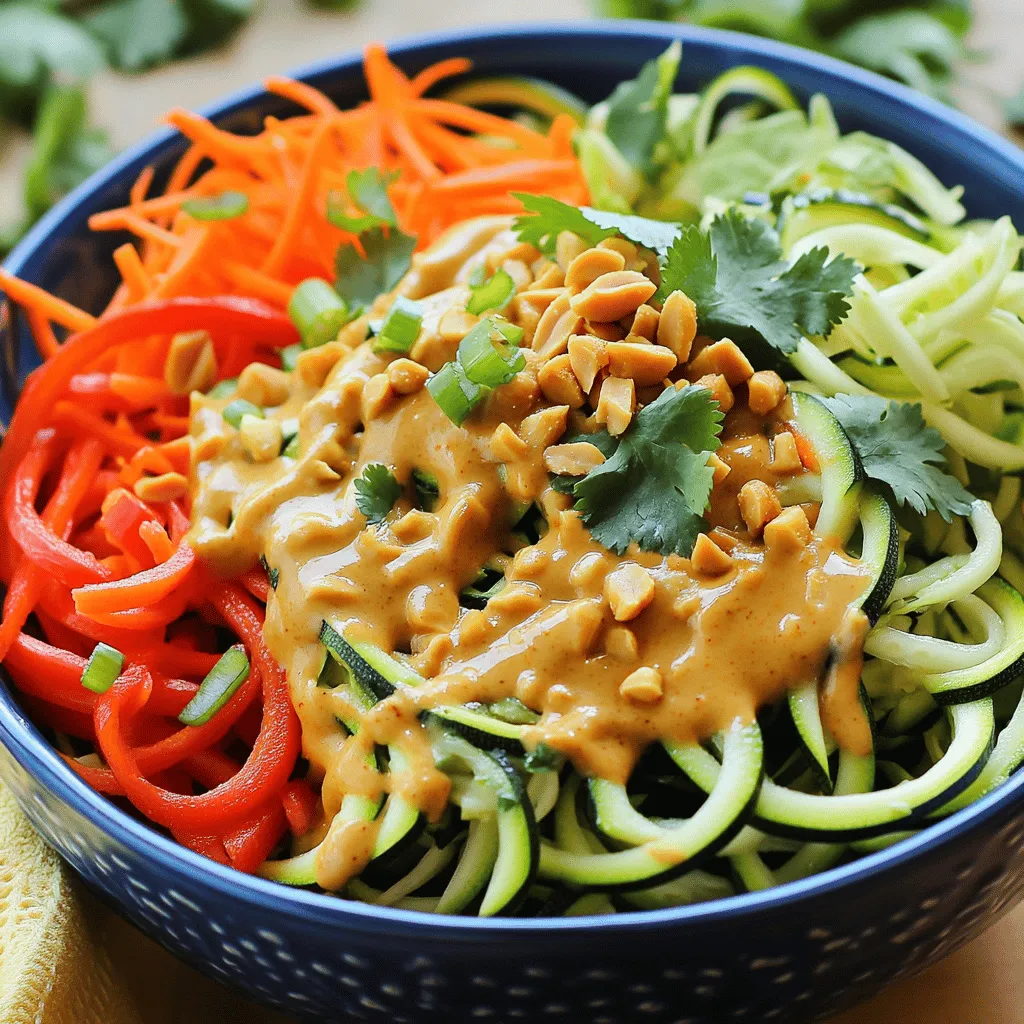 To make this salad, you need fresh and vibrant ingredients. Here’s what to gather: - 2 medium zucchinis, spiralized into noodles (zoodles) - 1 cup shredded carrots - 1 bell pepper (red or yellow), thinly sliced - 1 cup cabbage, finely shredded (green or red) - 1/2 cup fresh cilantro leaves, chopped - 1/4 cup green onions, sliced - 1/4 cup roasted peanuts, roughly chopped These ingredients create a colorful and crunchy base. The dressing is the heart of this salad. You will need: - 1/4 cup natural peanut butter - 2 tablespoons soy sauce (or tamari for gluten-free) - 2 tablespoons lime juice - 1 tablespoon maple syrup - 1 teaspoon sesame oil - 1 teaspoon fresh grated ginger - 1 clove garlic, minced - Water to thin the dressing as needed This dressing adds a creamy and tangy flavor. You can boost the salad's taste with these optional items: - Sliced radishes for a bit of spice - Avocado for creaminess - Chopped bell peppers for added crunch - Sesame seeds for a nutty touch - Extra cilantro for fresh herbal notes These options let you tailor the salad to your taste. To start, take two medium zucchinis. Use a spiralizer to turn them into zoodles. This tool helps create long, noodle-like strands. Place the zoodles in a large bowl. Gently pat them dry with paper towels to remove extra water. This step keeps the salad from getting soggy. Next, add fresh veggies to the zoodles. Toss in one cup of shredded carrots. Then, take one bell pepper, either red or yellow, and slice it thinly. Add this to the bowl. Lastly, include one cup of finely shredded cabbage. Toss everything together until the colors mix well and the veggies are evenly combined. Now for the tasty peanut dressing. In a small bowl, add 1/4 cup of natural peanut butter. Then pour in two tablespoons of soy sauce or tamari for a gluten-free option. Next, squeeze in two tablespoons of fresh lime juice. Add one tablespoon of maple syrup for sweetness. Include one teaspoon of sesame oil, one teaspoon of fresh grated ginger, and one minced garlic clove. Whisk everything together until smooth. If the dressing is thick, add water a tablespoon at a time until you like the consistency. Pour the peanut dressing over the zoodle and vegetable mix. Toss everything well. You want all the ingredients coated with the creamy dressing. Then, gently fold in 1/2 cup of chopped cilantro and 1/4 cup of sliced green onions. Save some for the garnish. Finally, divide the salad into serving bowls. Top with extra chopped peanuts and remaining herbs for a beautiful presentation. Enjoy your fresh and flavorful Thai Peanut Zoodle Salad! To get the best zoodles, start with firm zucchinis. Wash them well and trim off the ends. Use a spiralizer for long, thin noodles. If you don’t have one, a julienne peeler works too. Once you spiralize, place the zoodles in a large bowl. Pat them dry with paper towels. This step helps remove extra water, so your salad won’t be soggy. When dressing your salad, keep it light. Pour the peanut dressing over the zoodles and veggies. Toss gently to coat each piece. Make sure every bite is flavorful. If the dressing is too thick, add a little water. This will help it blend well with the salad. You want a nice, even coating that does not drown the veggies. For a tasty finish, serve the salad right away. This keeps the zoodles crisp. Top with chopped peanuts and fresh herbs for crunch. A sprinkle of lime juice adds a bright touch. If you like heat, add sliced chili or red pepper flakes. Enjoy this salad cold or at room temperature for the best flavor. {{image_2}} You can add protein to your Thai Peanut Zoodle Salad for extra flavor and nutrition. Grilled chicken works great. Just slice it thin and toss it in. If you're looking for a vegan option, try tofu. Press it to remove water, then cube and sauté it until golden. Both options blend well with the peanut dressing and add a nice texture. The peanut dressing is already mostly vegan, but you can make a few tweaks. Replace maple syrup with agave nectar if you want a sweeter taste. For a nut-free dressing, use sunflower seed butter instead of peanut butter. These swaps keep the great flavor while catering to different diets. You can switch up the vegetables based on what’s in season. In spring, add fresh peas or snap peas for a sweet crunch. In the fall, try diced butternut squash or roasted sweet potatoes for warmth. Mixing in seasonal veggies adds variety and keeps your salad fresh and exciting. To keep your Thai Peanut Zoodle Salad fresh, store it in an airtight container. This helps prevent moisture loss and keeps the flavors strong. Avoid mixing the salad with the dressing until you are ready to eat. This keeps your zoodles from getting soggy. If you have leftover dressing, store it in a separate container in the fridge. It’s best to eat the salad within three days for the best taste. Zoodles can lose their crunch if stored improperly. To keep them fresh, pat the spiralized zucchinis dry with paper towels. This helps reduce moisture. Store them in a container lined with a paper towel to absorb extra water. Keep the container in the fridge. Use your zoodles within two days for the best texture and flavor. Peanut dressing can last up to a week in the fridge when stored well. Just keep it in an airtight container. If you notice any changes in smell or color, it’s best to throw it out. You can also freeze the dressing for longer storage. Just thaw it in the fridge before using. Yes, you can prepare this salad ahead of time. However, the zoodles can get soggy if they sit too long. To keep the salad fresh, store the zoodles and dressing separately. Mix them together right before you eat. This way, you keep the crunch and flavor. If you don't have zucchini, try using carrots, cucumbers, or spaghetti squash. These options add a nice crunch too. You can even use store-bought vegetable noodles. Each choice brings a unique taste and texture to your salad. Yes, the recipe can be gluten-free. Use tamari instead of soy sauce for the dressing. All other ingredients in this salad are naturally gluten-free. This makes it a great choice for those with gluten sensitivities. Enjoy this fresh meal without worry! This blog covered how to make a tasty Thai peanut zoodle salad. We explored the fresh ingredients, the easy steps to prepare it, and tips for the best flavor. You can customize the salad with protein, seasonal veggies, and even make a vegan dressing. Remember to store leftovers properly to keep them fresh. By following these steps, you can enjoy a healthy dish that's quick to make. Try this salad for a meal that’s both fun and delicious. Your taste buds will thank you!