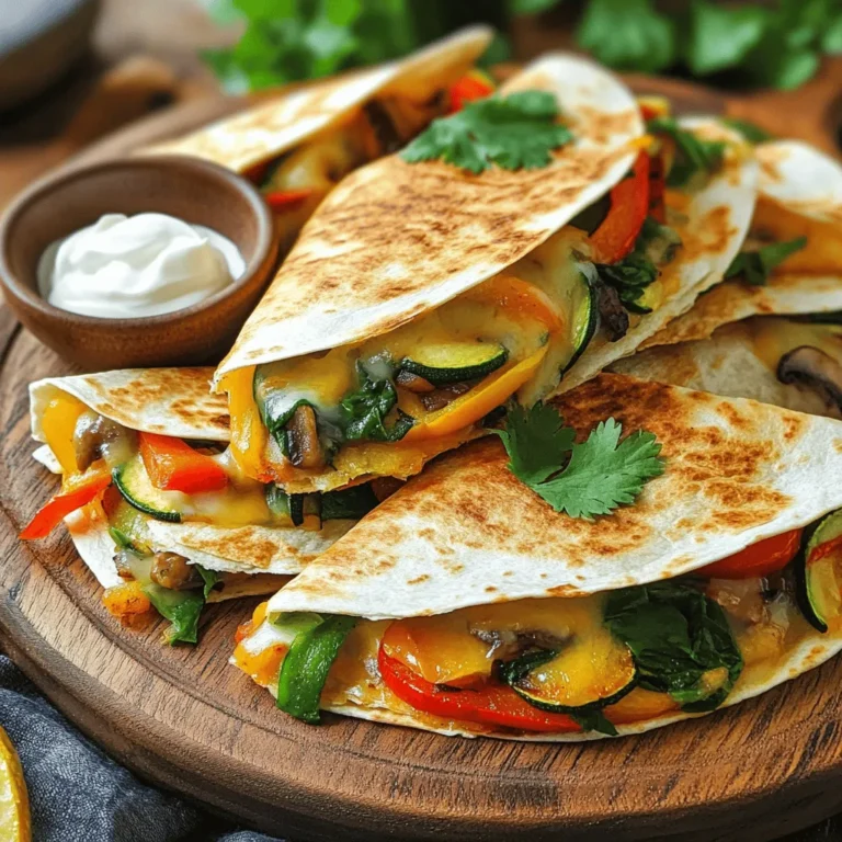The key to great loaded veggie quesadillas is fresh vegetables. Here’s what you need: - 1 cup bell peppers (red, yellow, and green), thinly sliced - 1 medium zucchini, sliced - 1 cup mushrooms, sliced - 1 cup fresh spinach - 1 small red onion, thinly sliced These veggies add color and flavor. You can mix and match as you like. Cheese makes these quesadillas creamy and delicious. I suggest: - 1 cup shredded cheese (cheddar, mozzarella, or a blend) Choose your favorite cheese or try a mix for more taste. The cheese melts well and adds richness. Don’t forget the extras! Use these to enhance your dish: - Fresh cilantro, chopped (for garnish) - Sour cream or Greek yogurt (for serving) These condiments add a refreshing touch. They also balance the flavors of the quesadillas. You can even try hot sauce if you like some heat. Start by washing all your veggies. Thinly slice the bell peppers, zucchini, and red onion. Slice the mushrooms and set them aside. In a large skillet, heat 2 tablespoons of olive oil over medium heat. Add the sliced bell peppers, zucchini, mushrooms, and red onion. Sauté these for about 5 to 7 minutes until they soften. Next, add 1 cup of fresh spinach, 1 teaspoon of garlic powder, 1 teaspoon of smoked paprika, salt, and pepper. Cook for another 2 minutes until the spinach wilts. Turn off the heat and let the veggies cool for a moment. Now, grab 4 large flour tortillas. Lay two tortillas on a clean surface. On one half of each tortilla, spread the sautéed veggie mix evenly. Sprinkle 1 cup of shredded cheese over the veggies. Fold each tortilla in half to form a half-moon shape. Ensure the filling stays inside as you fold. This is where the fun begins! Put the skillet back on the heat. If needed, add a bit more olive oil. Carefully place the quesadillas in the skillet. Cook them for about 3 to 4 minutes on each side. You want them golden brown and crispy, with the cheese melted inside. If you need to, cook in batches to avoid crowding the pan. After cooking, remove the quesadillas from the skillet. Let them cool slightly, then slice into wedges. Garnish with fresh cilantro. Serve with sour cream or Greek yogurt on the side. Enjoy every bite! For loaded veggie quesadillas, I recommend using large flour tortillas. They are soft and easy to fold. You can also use whole wheat tortillas for a healthier option. Corn tortillas work too, but they may break when folded. Always choose fresh tortillas for the best taste. To make your quesadillas pop, use spices like garlic powder and smoked paprika. These spices add depth and warmth to the veggies. Feel free to add a pinch of cumin or chili powder for extra kick. Taste your filling as you go. Adjust the salt and pepper to your liking for a balanced flavor. When serving your quesadillas, cut them into wedges for easy sharing. Place them on a colorful platter and sprinkle fresh cilantro on top. Serve with sour cream or Greek yogurt for a creamy dip. You can also add salsa or guacamole on the side for more flavor options. Enjoy! {{image_2}} You can add protein to your Loaded Veggie Quesadillas for extra flavor. Cooked chicken, beef, or shrimp work well. You can also use beans like black beans or lentils. They add protein and keep the quesadillas hearty. Just mix them with the veggies when cooking. To make these quesadillas vegan or dairy-free, skip the cheese. Use a dairy-free cheese alternative or leave it out entirely. You can add extra avocado for creaminess. Using hummus as a spread also adds flavor and moisture. Feel free to swap the veggies based on what you like. Try corn, broccoli, or sweet potatoes for a twist. You can also add kale or arugula for a peppery flavor. Get creative and use up what you have in your fridge. The possibilities are endless! Once you make the loaded veggie quesadillas, let them cool. Place them in an airtight container. They will stay fresh in the fridge for up to three days. If you want to keep them longer, freezing is a great option. To freeze the quesadillas, wrap each one in plastic wrap. You can also use foil for extra protection. Place them in a freezer-safe bag or container. They can last up to two months in the freezer. When you're ready to eat, just take them out and let them thaw in the fridge overnight. To reheat, you have a few options. For the best results, use a skillet. Heat it over medium heat and add a little oil. Cook the quesadilla for about 3–4 minutes on each side. You can also use an oven at 350°F for 10–15 minutes. If you're short on time, a microwave works too. Just heat for 1–2 minutes, but the quesadilla may not be as crispy. Enjoy your loaded veggie quesadillas warmed up and ready to eat! Yes, you can make Loaded Veggie Quesadillas ahead of time. Prepare the filling and cook it. Let it cool, then store it in the fridge for up to two days. When you're ready to eat, fill your tortillas and cook them. This saves time and keeps your meal fresh. If you want to skip cheese, there are great options. Try using a nut-based cheese or a vegan cheese. You can also use avocado for creaminess. Nutritional yeast can add a cheesy flavor without dairy. Feel free to mix and match to find what you like best. To avoid soggy quesadillas, use less moisture in your filling. Make sure vegetables are cooked well and drained of any extra liquid. Use a good amount of cheese, as it helps bind the filling. Cook the quesadillas on high heat for a crispy finish. Enjoy them fresh for the best texture! Loaded veggie quesadillas are a tasty way to enjoy fresh ingredients. You learned about the best vegetables, cheeses, and condiments to use. I shared step-by-step instructions for preparing and cooking them perfectly. Useful tips helped you choose tortillas and enhance flavors. Plus, you found variations for protein and vegan options. Finally, I explained storage and reheating methods. With these insights, you can create delicious quesadillas that suit your tastes. Enjoy cooking and experimenting with all these fun ideas!