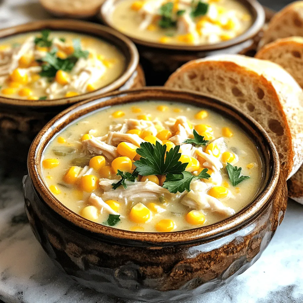 - 2 boneless, skinless chicken breasts - 4 cups frozen corn kernels - 1 medium onion, diced - 2 cloves garlic, minced - 2 medium potatoes, peeled and diced - 4 cups chicken broth - 1 cup heavy cream - 1 teaspoon dried thyme - 1 teaspoon paprika - Salt and pepper to taste - 2 tablespoons olive oil - Fresh parsley for garnish I love starting with fresh, simple ingredients. The chicken gives a nice base, while the corn adds sweetness. Onions and garlic bring great flavor, and potatoes add heartiness. The broth makes everything come together, and cream makes it rich. - Cooked bacon bits - Green onions, sliced - Shredded cheese - Croutons - A squeeze of lime These add-ins can elevate your chowder. Bacon brings a smoky touch. Green onions add a fresh crunch. Cheese melts in and adds depth. Croutons give a fun texture, while lime brightens the dish. - Crusty bread - Side salad - Grilled cheese sandwiches - Roasted vegetables Pairing with crusty bread makes for a cozy meal. A side salad adds freshness and crunch. Grilled cheese sandwiches can be a fun twist. Roasted vegetables bring extra flavors and nutrients. Start by gathering all your ingredients. You will need: - 2 boneless, skinless chicken breasts - 4 cups frozen corn kernels - 1 medium onion, diced - 2 cloves garlic, minced - 2 medium potatoes, peeled and diced - 4 cups chicken broth - 1 cup heavy cream - 1 teaspoon dried thyme - 1 teaspoon paprika - Salt and pepper to taste - 2 tablespoons olive oil - Fresh parsley for garnish Heat the olive oil in a skillet over medium heat. Add the diced onion and minced garlic. Sauté until the onion looks clear, about 5 minutes. This step builds flavor. Next, place the chicken breasts at the bottom of your slow cooker. Add the sautéed onion and garlic on top of the chicken. Now, add the frozen corn and diced potatoes. Pour the chicken broth over everything. Make sure all the ingredients are covered. Sprinkle in the dried thyme, paprika, salt, and pepper. Stir gently to combine. Cover the slow cooker with its lid. Set it to cook on low for 6-7 hours or on high for 3-4 hours. The chicken should be tender and fully cooked. Once the cooking time is up, take out the chicken breasts. Use two forks to shred the chicken into bite-sized pieces. Return the shredded chicken back into the slow cooker. Stir in the heavy cream. Mix well to blend everything. Taste the chowder and adjust the seasoning if needed. Let the chowder cook on low for an extra 30 minutes. This allows the flavors to meld and the chowder to thicken. When ready, serve the chowder in warm bowls. Garnish with freshly chopped parsley and a sprinkle of black pepper. Enjoy your cozy, creamy chicken and corn chowder! To get creamy chowder, use heavy cream. It adds richness. Shredding the chicken adds to the texture. After cooking, use two forks to shred the chicken well. This helps blend the meat into the chowder. If you want a thicker chowder, mash some potatoes before adding the cream. This thickens the base and gives a nice mouthfeel. To save time, prep the night before. Chop the onion and garlic and store them in the fridge. You can also measure your spices ahead of time. When you're ready to cook, just toss everything into the slow cooker. Using frozen corn speeds up cooking, too. No need to thaw; just add it straight from the bag. One common mistake is overcooking the chicken. If you cook it too long, it can dry out. Always check the chicken after the minimum cooking time. Another mistake is not seasoning enough. Taste your chowder before serving. If it's bland, add more salt and pepper. Lastly, remember to stir in the cream at the end. This keeps it smooth and prevents curdling. {{image_2}} You can make this chowder lighter. Swap heavy cream for Greek yogurt or coconut milk. Use skinless chicken thighs instead of breasts for more flavor. Add more veggies like carrots or zucchini for extra nutrients. You can also use low-sodium chicken broth to cut down on salt. Spice up your chowder with fresh herbs like cilantro or basil. Add a splash of lime for a zesty twist. You can also throw in some jalapeños for heat. If you love smokiness, try adding smoked paprika instead of regular paprika. These small changes can bring new life to this dish. To make a vegetarian version, leave out the chicken. Use vegetable broth instead of chicken broth. For protein, add lentils or chickpeas. You can also use cashew cream to keep it creamy and rich. This way, everyone can enjoy a warm bowl of delicious chowder! After enjoying your chowder, let it cool down. Place the cooled chowder in an airtight container. Use a container that fits your leftover amount well. Store it in the fridge for up to three days. To reheat, pour the chowder into a pot. Heat it over medium heat. Stir often to ensure even heating. You can also use the microwave. Heat in a microwave-safe bowl, covered loosely for about 2-3 minutes. Stir halfway through to warm it evenly. To freeze, let the chowder cool completely. Use a freezer-safe container, and leave some space at the top. This allows for expansion as it freezes. It will stay good for up to three months in the freezer. When ready to eat, thaw it in the fridge overnight before reheating. Yes, you can use fresh corn. Just cut the kernels off the cob. You will need about 4 cups of fresh corn. Fresh corn gives a nice crunch and sweet flavor. However, frozen corn saves time and is always ready. If using fresh, add it during the last hour of cooking for the best taste. To make the chowder dairy-free, swap the heavy cream for coconut milk or almond milk. Both options add creaminess without dairy. You can also use a dairy-free cream option found in stores. Just make sure the broth you use is also dairy-free. This way, you keep the chowder tasty and creamy. Chowder pairs well with many sides. Here are some ideas: - Crusty bread or rolls - Green salad with light dressing - Steamed vegetables like broccoli or green beans - Cornbread for a sweet touch These sides complement the creamy chowder and make a full meal. We covered important steps to create a tasty chowder. You learned about key ingredients and helpful tips for prep. I shared ways to get the best texture and time-saving hacks. You can also explore tasty variations and storage methods for leftovers. Remember, cooking is about joy and creativity. Use this guide to make chowder your way. Enjoy each step as you create something special. Your delicious chowder awaits!