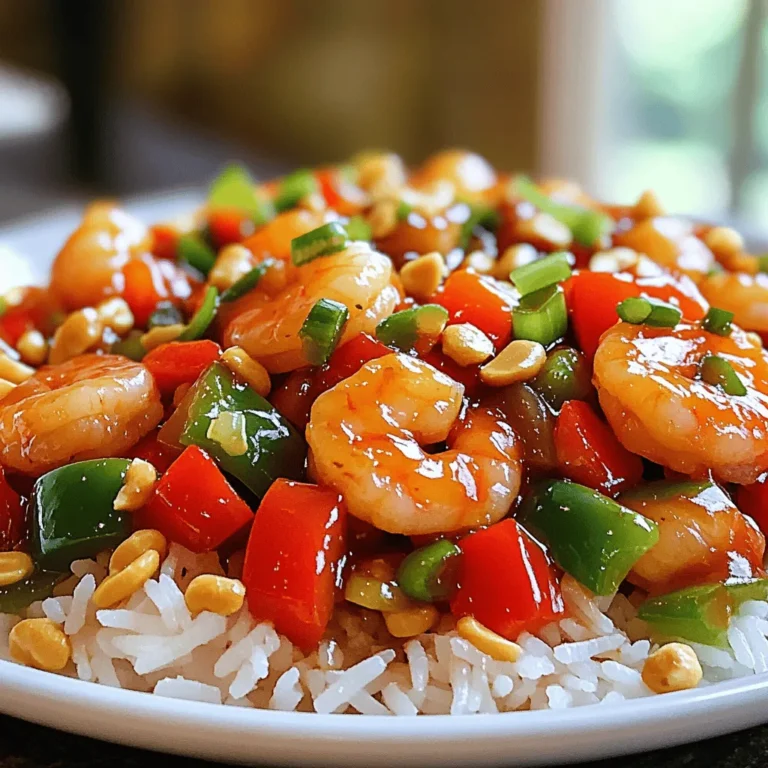 - 1 lb large shrimp, peeled and deveined - 1/2 cup roasted unsalted peanuts - 1 red bell pepper, diced - 1 green bell pepper, diced - 2-3 green onions, sliced - 3 cloves garlic, minced - 1 tablespoon fresh ginger, minced - 4 tablespoons soy sauce - 2 tablespoons hoisin sauce - 1 tablespoon rice vinegar - 1 tablespoon cornstarch - 2 tablespoons vegetable oil - 1 teaspoon crushed red pepper flakes - Salt and pepper to taste You can swap out shrimp for chicken or tofu. This makes it a great dish for all diets. Use other veggies like broccoli or snap peas if you like. For a vegan option, replace shrimp with tofu. You can also use tamari instead of soy sauce for a gluten-free version. These simple swaps let you enjoy this dish in many ways. First, you need to marinate the shrimp. Mix 1 pound of shrimp with 2 tablespoons of soy sauce, 1 tablespoon of cornstarch, and a pinch of salt and pepper. Let this sit for 15 minutes. The cornstarch helps create a nice texture and keeps the shrimp moist. Next, prepare the sauce. In a bowl, combine 3 tablespoons of soy sauce, 2 tablespoons of hoisin sauce, 1 tablespoon of rice vinegar, and 1 teaspoon of crushed red pepper flakes. Adjust the red pepper flakes based on your spice level. If you want it spicy, add more! Now it's time to cook. Heat 1 tablespoon of vegetable oil in a large skillet over medium-high heat. Add the marinated shrimp and stir-fry for 2-3 minutes until they turn pink and opaque. Remove the shrimp and set them aside. In the same skillet, add another tablespoon of oil. Add minced garlic, ginger, and the diced bell peppers. Stir-fry for 3-4 minutes. This keeps the veggies crunchy and colorful. Finally, combine everything. Return the cooked shrimp to the skillet. Pour in the sauce and mix gently for another 1-2 minutes. Stir in 1/2 cup of roasted peanuts. Adjust salt, pepper, or red pepper flakes to taste. Serve hot over jasmine rice and garnish with green onions for a beautiful touch. Enjoy your meal! To get the best shrimp, focus on timing and heat. Cook shrimp over medium-high heat for just 2-3 minutes. They should turn pink and opaque. If you leave them too long, they can turn rubbery. Always check that they are fully cooked but not overdone. You can boost the flavor with extra spices. Consider adding sesame oil for a nutty taste. A splash of chili oil can also increase the heat. Pair the dish with steamed jasmine rice for a perfect balance. The rice soaks up the sauce and adds great texture. One big mistake is overcooking the shrimp. Remember, they cook fast. Take them out once they turn pink. Another mistake is not balancing the flavors. Taste the sauce before adding it to the shrimp. Adjust it with more soy sauce or vinegar if needed. This will keep your dish delicious and well-rounded. {{image_2}} You can swap shrimp for chicken or tofu. Chicken gives a hearty taste. Tofu makes a great vegan choice. Just marinate it like shrimp. This keeps the flavor strong. If you need gluten-free options, use tamari instead of soy sauce. It tastes just as good. For low-carb diets, skip the sugar and use more veggies. Cauliflower rice makes a good base too. Many regions have their own spin on Kung Pao. In some places, they add different nuts like cashews. Others might use different types of pepper for heat. This keeps the dish fresh and exciting. You can try various adaptations to find your favorite. To keep your Kung Pao shrimp fresh, use airtight containers. Glass containers work great. They let you see what’s inside and do not retain odors. Plastic containers are fine too, but make sure they seal tightly. Label your containers with the date. This way, you can track how long they’ve been stored. When reheating, avoid microwaving for too long. Microwaves can make shrimp tough. Instead, use a skillet over low heat. Add a splash of water or broth to keep moisture. Stir gently until heated through. This method helps keep the shrimp juicy and the veggies crunchy. To freeze, first cool the dish to room temperature. Then, use freezer-safe containers or bags. Remove as much air as possible to prevent freezer burn. Kung Pao shrimp can last up to three months in the freezer. When ready to eat, thaw it in the fridge overnight before reheating. Kung Pao shrimp comes from China. It has roots in Sichuan cuisine. The dish is named after Ding Baozhen, a governor. He liked the dish so much it got his title, Kung Pao. It uses spicy flavors and peanuts. The mix of ingredients makes it both tasty and crunchy. Yes, you can prep Kung Pao shrimp in advance. For best results, marinate the shrimp first. Store it in the fridge for up to 24 hours. You can also chop the veggies ahead. Just keep them in an airtight container. Cook it fresh when ready for the best taste. Kung Pao shrimp can be spicy, but you control the heat. The crushed red pepper flakes add the kick. If you want it milder, use less or skip them. You can also add more sugar or soy sauce to balance the heat. Adjust it to fit your taste. Spicy Kung Pao shrimp pairs well with rice. Steamed jasmine rice is a classic choice. You can also serve it with fried rice for extra flavor. A light salad can balance the dish too. For drinks, try iced tea or a light beer. This blog covered how to make Kung Pao Shrimp from start to finish. We discussed choosing fresh ingredients, marinating shrimp, and cooking techniques for the best flavor. I shared tips to avoid common mistakes and variations for different diets. Remember, you can customize this dish easily! Enjoy your delicious Kung Pao Shrimp, serve it with rice, and impress your friends. With the right techniques, you’ll make a meal that stands out.