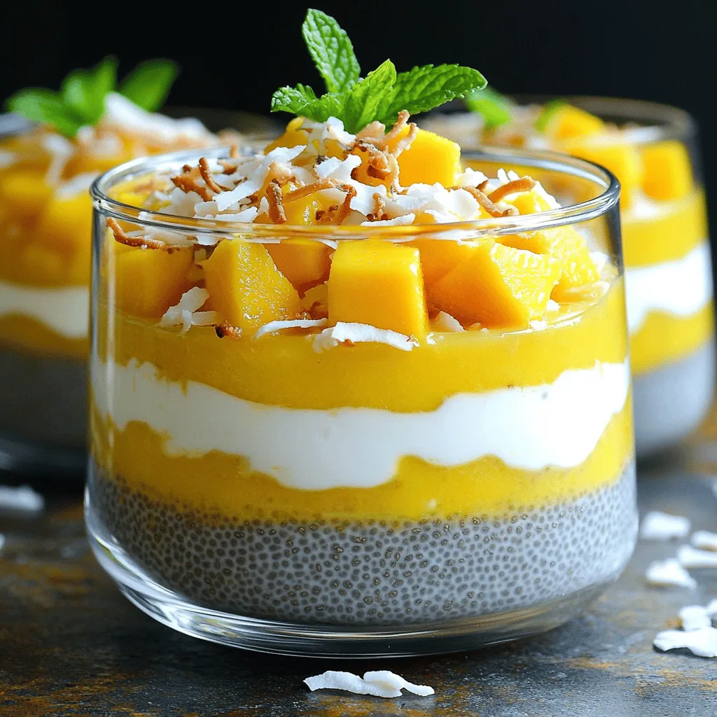- 1 cup coconut milk (canned or carton) - 1/4 cup chia seeds - 2 tablespoons honey or maple syrup - 1 ripe mango, diced - 1/2 cup Greek yogurt (plain or coconut-flavored) - 1/4 cup shredded coconut, toasted - Fresh mint leaves for garnish To make a Mango Coconut Chia Parfait, you need some key ingredients. First, choose between canned or carton coconut milk. This milk gives the parfait a creamy texture. Next, grab chia seeds. These tiny seeds will soak up the coconut milk and add a nice thickness. For sweetness, you can use honey or maple syrup. Both options work well. You will also need a ripe mango. The mango adds a burst of flavor and color. Don’t forget the Greek yogurt! It adds protein and creaminess. You can choose plain or coconut-flavored yogurt. For a crunchy touch, use shredded coconut. Toasting it makes it even tastier. Lastly, fresh mint leaves make a lovely garnish. They add a pop of color and fresh flavor. With these ingredients, you are ready to create a delicious and healthy treat. Each layer will taste amazing and look beautiful in your parfait glasses! To start, grab a mixing bowl. Whisk together 1 cup of coconut milk and 2 tablespoons of honey or maple syrup. Mix it well until smooth. Then, add 1/4 cup of chia seeds to this mixture. Stir it until the seeds are spread out evenly. Cover the bowl and pop it in the fridge. Let it chill for at least 4 hours, or overnight if you can wait. This will help the chia seeds soak up the milk and thicken. Once your chia mixture is ready, it’s time to build your parfait. Get your favorite glasses or bowls. Start by spooning a layer of the chia mix into the bottom of each glass. Next, add a layer of Greek yogurt. Use 1/2 cup of yogurt, either plain or coconut-flavored. After that, add a layer of diced mango. You’ll need one ripe mango, diced nicely. Repeat these layers until your glasses are full. Finish with a final layer of chia mixture on top. Now for the fun part! Top the last layer with 1/4 cup of toasted shredded coconut. Sprinkle it evenly for that crunchy texture. Add a few fresh mint leaves on top for a pop of color. Serve the parfait right away for the best taste. If you want, you can chill it for a bit to keep it cool. Enjoy this tasty and healthy treat! To get the best flavor, use ripe mango. A sweet mango makes a big difference. You can also toast the coconut for a deeper taste. Be sure to mix the chia seeds well. This helps them absorb the coconut milk evenly. Chill the mixture overnight for a thicker texture. This step is key for a great parfait. If you need to swap out items, go ahead! You can use almond milk instead of coconut milk. Maple syrup is a good alternative to honey. If you want a dairy-free option, choose dairy-free yogurt. You can also use any fruit you like instead of mango. Try berries or peaches for a fun twist. You can easily make this parfait ahead of time! Prepare the chia mixture the night before. Let it chill overnight. You can layer the parfait in the morning. This makes it a quick and easy breakfast. If you store it in the fridge, it stays fresh for up to two days. Just add the toppings right before you serve. {{image_2}} You can change up the fruit in this parfait. Try using pineapple, kiwi, or passion fruit. These fruits add bright flavors and colors. They mix well with coconut and chia. I love the sweet taste of ripe pineapple. It pairs so nicely with the creamy layers. If you want a vegan option, skip the Greek yogurt. Use coconut yogurt instead. It gives a nice creamy texture without dairy. For sweeteners, use agave syrup or maple syrup. Both work well and keep it vegan-friendly. You still get a tasty treat without animal products. To add more flavor, try spices like cinnamon or vanilla. A dash of vanilla extract can make it extra special. You can also mix in some nut butter for creaminess and taste. Almond butter or peanut butter adds a nice touch. Don't forget to experiment with different toppings, too! Store any leftover mango coconut chia parfait in an airtight container. Keep it in the fridge. It will stay fresh for about 2 to 3 days. If you see liquid separation, just stir it before eating. You can freeze the parfait, but it may change texture. Layer the parfait in a freezer-safe container. Leave some space at the top for expansion. It can last up to 2 months in the freezer. When ready to eat, thaw it in the fridge overnight. * Coconut milk: Canned coconut milk lasts about 5 years unopened. Once opened, use it within 3 to 4 days. * Chia seeds: They can last up to 2 years if stored in a cool, dry place. * Honey or maple syrup: Both can last indefinitely if sealed. * Ripe mango: Fresh mango lasts about 5 days at room temperature. Once cut, keep it in the fridge for up to 3 days. * Greek yogurt: It stays fresh in the fridge for about 1 to 3 weeks, depending on the sell-by date. * Shredded coconut: Unsweetened shredded coconut lasts up to 1 year if stored properly. Understanding how to store your parfait and its ingredients helps reduce waste and saves money. Chia seeds are tiny black seeds from the Salvia hispanica plant. They come from a flowering plant native to Mexico. These seeds have a mild flavor and lots of nutrients. When soaked in liquid, they swell and form a gel-like texture. This makes them great for puddings and parfaits. Chia seeds offer many health benefits. They are full of fiber, which helps with digestion. They also have protein, omega-3 fatty acids, and antioxidants. These seeds can help you feel full longer, which may aid in weight control. Plus, they can help support heart health and lower cholesterol levels. Absolutely! You can use any fruit you like in this parfait. Berries, bananas, or kiwi work well. Just make sure the fruit is ripe and fresh. Mixing different fruits can add more flavor and color to your parfait. Be creative and have fun with your choices! This blog post covered how to make a delicious chia parfait. You learned about key ingredients like coconut milk, chia seeds, and ripe mango. I shared easy steps for prepping, layering, and serving your parfait. Tips helped you with substitutions and making ahead. We explored variations, storage methods, and answered common questions. With these insights, you can create tasty and healthy parfaits that suit your needs. Enjoy experimenting with flavors and sharing this treat with others!