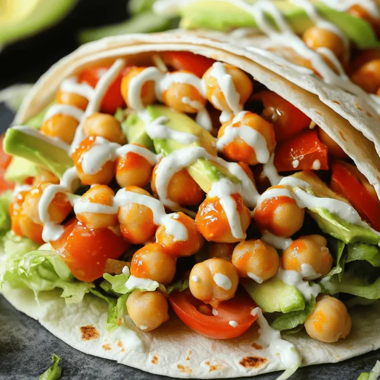 To make Vegan Buffalo Chickpea Wraps, gather these simple ingredients: - Canned chickpeas (1 can, 15 oz) - Olive oil (1 tablespoon) - Hot sauce (1/4 cup, like Frank’s RedHot) - Maple syrup (1 tablespoon) - Garlic powder (1 teaspoon) - Onion powder (1 teaspoon) - Seasoning (salt and pepper to taste) - Whole wheat tortillas (4 large) - Fresh toppings (1 cup shredded lettuce, 1/2 cup diced tomatoes, 1/2 avocado sliced) - Vegan ranch dressing (1/4 cup) These ingredients come together to create a tasty and filling meal. The chickpeas provide protein and texture, while the hot sauce gives a kick. Maple syrup adds a touch of sweetness that balances the heat. The spices enhance the overall flavor. Don't forget to prepare fresh toppings. They add crunch and freshness to your wraps. You can customize the toppings based on what you like or have on hand. This makes the dish adaptable and fun. Now that you have your ingredients ready, you're on your way to making a delicious meal. Enjoy the process and get ready for bold flavors! 1. Heat a frying pan over medium heat. Add 1 tablespoon of olive oil and the drained chickpeas. 2. Cook the chickpeas for about 5 minutes. Stir occasionally to heat them through. 3. In a small bowl, mix together 1/4 cup of hot sauce, 1 tablespoon of maple syrup, 1 teaspoon of garlic powder, 1 teaspoon of onion powder, and salt and pepper. 4. Pour this sauce over the chickpeas. Stir well to coat all the chickpeas. Cook for an additional 3-4 minutes until the sauce thickens a bit. 1. Take a large whole wheat tortilla and lay it flat on a clean surface. 2. Start by adding a layer of shredded lettuce down the center of the tortilla. 3. Spoon a generous portion of the buffalo chickpea mix on top of the lettuce. 4. Add diced tomatoes and avocado slices on top of the chickpeas. 5. Drizzle some vegan ranch dressing over the toppings. 6. Fold the sides of the tortilla inward, then roll it up from the bottom to create a wrap. 7. Repeat this process with the remaining tortillas and filling. - To adjust spice levels, use less hot sauce or add more maple syrup for sweetness. - To ensure the sauce thickens properly, cook it a little longer on low heat. Stir often to prevent sticking. To make great wraps, start with even filling. Spread the lettuce down the center of the tortilla. Add the chickpea mix on top but leave space on the edges. This helps keep everything inside when you fold it. When you roll, tuck in the sides first. This seals in the filling and keeps it neat. If you have leftovers, use them wisely. Store the filling separate from the tortillas. This keeps the wrap fresh. You can make new wraps, salads, or even grain bowls with the leftover chickpea mix. It is tasty over rice or quinoa too. You can boost your wraps with other veggies. Try adding bell peppers, cucumbers, or shredded carrots. These give more crunch and flavor. Fresh herbs like cilantro or parsley also add a nice touch. For extra protein, think beyond chickpeas. You can add black beans or lentils for a hearty mix. Tofu or tempeh could work well too. They soak up flavor and make the meal more filling. {{image_2}} You can change the chickpeas if you want. Try using lentils or black beans instead. Both add great flavor and protein. If you want a different texture, use cooked quinoa. For wraps, whole wheat tortillas are good, but feel free to explore. Corn tortillas work well too. You can also try lettuce leaves for a low-carb option. Just make sure they are large enough to hold the filling. Buffalo sauce is delicious, but you can switch it up. Try barbecue sauce for a sweet, smoky taste. A spicy sriracha or a tangy teriyaki sauce can also add a fun twist. If you crave cheesy flavors, add vegan cheese shreds inside the wrap. Nutritional yeast is another great choice for a cheesy taste without dairy. If you want it creamy, mix in some avocado or a vegan cream cheese. To keep your leftover wraps fresh, place them in the fridge. Wrap each one tightly in plastic wrap. This helps keep moisture in and prevents them from drying out. You can also use an airtight container. Just make sure there is no extra air inside. Store the wraps in the fridge for up to three days. When it’s time to enjoy your wraps again, you want to reheat them without losing flavor. The best way is to use a skillet on low heat. Heat for about 5 to 7 minutes. Flip the wraps halfway through to ensure even heating. You can also use a microwave. Heat them for about 30 seconds to 1 minute. Check to see if they are warm. Remember not to overheat, as that can dry them out. Can I make these wraps gluten-free? Yes, you can make these wraps gluten-free. Simply use gluten-free tortillas instead of whole wheat ones. Many stores offer tasty gluten-free options. Just check the label for any allergens. How long do these wraps last in the fridge? These wraps last about 2 to 3 days in the fridge. Store them in an airtight container. To keep them fresh, wrap them in foil or plastic wrap before placing them in the container. Can I freeze the buffalo chickpea mixture? Yes, you can freeze the chickpea mixture. Place it in a freezer-safe bag or container. It will stay good for up to 3 months. When ready to use, thaw it in the fridge overnight before reheating. What can I serve with these wraps? You can serve these wraps with a side salad or some crunchy veggie sticks. They pair well with sweet potato fries too. For extra flavor, try serving them with more vegan ranch dressing. Are these wraps high in protein? Yes, these wraps are high in protein. Chickpeas are a great source of plant-based protein. One can provides about 14 grams of protein. Adding toppings like avocado or beans boosts the protein even more. This article outlined how to prepare tasty vegan buffalo chickpea wraps. We discussed the key ingredients, preparation steps, and helpful tips for making and storing your wraps. You can customize flavors and try substitutes to suit your taste. Remember, it’s easy to adjust spice levels and get creative with toppings. Enjoy experimenting with different flavors while making these wraps. With simple steps, you can create a quick, healthy meal. Now, go enjoy your delicious creation!