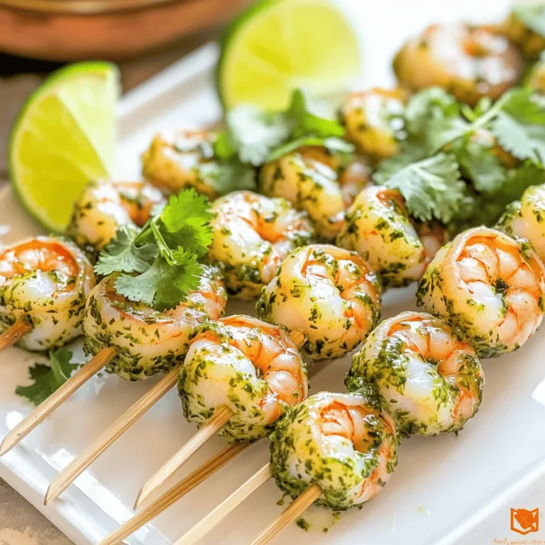 Here’s what you need for cilantro lime shrimp skewers: - 1 lb large shrimp, peeled and deveined - 1/4 cup fresh cilantro, finely chopped - 2 tablespoons olive oil - Zest and juice of 2 limes - 2 cloves garlic, minced - 1 teaspoon ground cumin - 1/2 teaspoon red pepper flakes - Salt and pepper to taste - Bamboo skewers (soaked in water for 30 minutes) These ingredients come together to make a fresh and tasty meal. The large shrimp absorb the bright flavors of lime and cilantro. Olive oil adds a nice richness. Garlic gives the dish depth, while cumin adds warmth. Red pepper flakes add a kick, but you can adjust them to your taste. Don’t forget to soak the bamboo skewers! This step keeps them from burning on the grill. Each ingredient plays a key role in creating a balanced flavor. You can find all these items at your local grocery store. In a medium bowl, gather your ingredients. Combine 1/4 cup of finely chopped cilantro, 2 tablespoons of olive oil, the zest and juice of 2 limes, and 2 minced garlic cloves. Add 1 teaspoon of ground cumin and 1/2 teaspoon of red pepper flakes. Finish with salt and pepper to taste. Mix these well until you have a smooth marinade. This mix gives the shrimp a fresh and zesty flavor. Take 1 pound of large peeled and deveined shrimp. Toss them in the bowl with the marinade. Make sure each shrimp gets coated nicely. Cover the bowl and place it in the fridge for at least 30 minutes. This step helps the shrimp soak up all the flavors. While the shrimp marinates, soak bamboo skewers in water for 30 minutes. Preheat your grill to medium-high heat. Once ready, thread about 4 to 5 marinated shrimp onto each skewer. Leave a little space between each shrimp. This space helps them cook evenly. Place the skewers on the grill. Grill the shrimp for 2 to 3 minutes on each side. You will know they are done when they turn pink and opaque. Be careful, as overcooking can make them tough. After grilling, let them rest for a minute before serving. To cook shrimp evenly on skewers, space them well. I recommend placing 4-5 shrimp on each skewer. Leave a small gap between each shrimp. This helps heat circulate and cook them properly. If they touch, some may cook faster than others. Know the signs of doneness to avoid overcooking. Shrimp turn pink and opaque when done. They curl up slightly, which is normal. If they turn rubbery, they are overcooked. Watch closely while grilling. It usually takes 2-3 minutes per side. For more flavor, let the shrimp marinate longer. An hour or more makes a big difference. You can also use leftover marinade. Just remember to bring it to a boil first if you plan to drizzle it over the cooked shrimp. This kills any bacteria from the raw shrimp. {{image_2}} To make the skewers spicy, you can add more red pepper flakes or slice up a jalapeño. Start by increasing the red pepper flakes to one teaspoon. If you like heat, add sliced jalapeño to the marinade. Adjust the spice level to fit your taste. The heat will enhance the bright flavors of the lime and cilantro. If you want to switch up the herbs, try using parsley or dill instead of cilantro. Both herbs add a fresh taste. Parsley gives a mild flavor, while dill offers a unique twist. Replace the cilantro with the same amount of either herb. This change makes a great option for those who may not enjoy cilantro. You can swap shrimp for other proteins or vegetables. Chicken works well if you cut it into bite-sized pieces. For a vegetarian option, try zucchini, bell peppers, or mushrooms. Just make sure to adjust cooking times accordingly. Each swap opens a new way to enjoy this dish. To store leftovers of your cilantro lime shrimp skewers, place them in an airtight container. Make sure the skewers cool down to room temperature before sealing them. This helps keep them fresh. You can store them in the fridge for up to three days. When you are ready to eat them, check for any off smells before reheating. You can freeze cooked or uncooked shrimp skewers. For cooked skewers, let them cool completely. Then, wrap them tightly in plastic wrap and place them in a freezer bag. They can last up to three months in the freezer. For uncooked skewers, simply place them in a freezer bag after marinating. This way, they hold onto their flavors. When you want to use them, defrost them in the fridge overnight. To reheat shrimp skewers without drying them out, use a skillet on low heat. Add a splash of olive oil to the pan. Cook them for about 2-3 minutes, turning them gently. This keeps them moist and tasty. You can also use the microwave. Place the skewers on a plate, cover with a damp paper towel, and heat for 30 seconds at a time. Check often to avoid overcooking. You can tell when shrimp are cooked by looking for a few signs. First, they will turn pink. Next, they will become opaque. Finally, they will curl into a C shape. If they stay straight or look gray, they need more time. Cooking shrimp takes about 2-3 minutes on each side on the grill. Be careful not to overcook them, as they can become tough. Yes, you can use frozen shrimp for this recipe. To thaw them, place the shrimp in a bowl of cold water for about 15-20 minutes. Change the water a couple of times to speed up the process. Once thawed, pat them dry with a paper towel before marinating. This helps the marinade stick better and ensures even cooking. Many sauces work well with cilantro lime shrimp skewers. Here are some tasty options: - Garlic Aioli: Creamy and rich, it adds depth. - Chili Lime Sauce: Sweet and spicy, perfect for a kick. - Avocado Cream: Smooth and fresh, enhances the dish. - Salsa Verde: Bright and tangy, complements the shrimp. You can also serve these skewers with a fresh salad or rice for a full meal. This shrimp skewer recipe is simple and tasty. You learned how to marinate shrimp, grill them, and avoid overcooking. Adding herbs or changing proteins makes it fun. Store leftovers properly, and reheating them is easy. Remember the key tips I shared for the best results. Enjoy this dish at your next meal or gathering. Try it out and impress your friends! It’s a great way to enjoy fresh flavors.