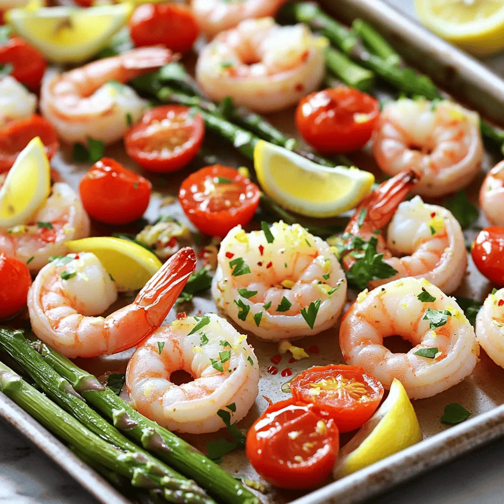 - 1 pound large shrimp, peeled and deveined - 1 lemon, zested and juiced - 4 cloves garlic, minced - 2 tablespoons olive oil The main ingredients for this dish bring bright flavors and textures. Shrimp adds a sweet and tender bite. Lemon gives a fresh and zesty taste. Garlic adds depth and warmth. Olive oil helps tie it all together and keeps everything moist. - 1 teaspoon paprika - ½ teaspoon crushed red pepper flakes (adjust to taste) - Salt and pepper to taste - 1 cup cherry tomatoes, halved - 1 cup asparagus, trimmed and cut into 2-inch pieces The seasoning enhances the dish's flavor. Paprika adds a smoky note. Crushed red pepper flakes give it a kick. Salt and pepper balance everything out. Cherry tomatoes bring sweetness and juiciness, while asparagus adds a nice crunch and color. - Fresh parsley, chopped (for garnish) - Lemon wedges For garnishing, fresh parsley adds a pop of color and freshness. Lemon wedges are great for squeezing on top just before eating. They brighten the dish and add extra zing. - Preheat Oven Start by preheating your oven to 400°F (200°C). This ensures even cooking. - Combine Ingredients in a Bowl In a large bowl, mix 1 pound of shrimp with the zest and juice of 1 lemon. Add 4 minced garlic cloves, 2 tablespoons of olive oil, 1 teaspoon of paprika, and ½ teaspoon of crushed red pepper flakes. Season with salt and pepper. Toss the shrimp well until they are fully coated in the marinade. - Spreading the Shrimp Mixture Take a large sheet pan and spread the shrimp mixture evenly across it. Make sure the shrimp are not crowded. This helps them cook evenly. - Adding Cherry Tomatoes and Asparagus Next, add 1 cup of halved cherry tomatoes and 1 cup of trimmed asparagus cut into 2-inch pieces. Spread them around the shrimp. Drizzle a bit more olive oil and sprinkle with salt and pepper. - Baking Time and Temperature Place the sheet pan in your preheated oven and bake for about 10-12 minutes. The shrimp should turn pink and opaque, while the vegetables should be tender. - Checking Doneness It’s important to check that the shrimp are fully cooked and the veggies are tender. If the shrimp looks slightly translucent or rubbery, they need more time. Keep an eye on them! This method ensures a quick and flavorful dish that looks and tastes great. Knowing When Shrimp Are Done Shrimp cook quickly. Look for a pink color and a curl shape. The shrimp should be opaque all the way through. This usually takes around 10-12 minutes at 400°F. Avoiding Overcooked Shrimp Overcooked shrimp turn rubbery. To avoid this, watch closely as they bake. Remove them from the oven right when they are done. Marinating Tips Marinate shrimp for at least 15 minutes before cooking. This helps the flavors soak in. If you're short on time, even 5 minutes can help. Spice Adjustments Feel free to adjust spices to your taste. If you like it spicy, add more red pepper flakes. If you prefer milder flavors, reduce the amount. Rustic vs. Plated Presentation You can serve the dish directly from the sheet pan for a rustic look. This adds charm and makes clean-up easy. For a fancier touch, transfer it to a large serving platter. Garnishing Options Garnish with fresh parsley for color. You can also add lemon wedges on the side. They add freshness and let each person squeeze more lemon to their liking. {{image_2}} Using Different Vegetables You can swap out asparagus and cherry tomatoes for other veggies. Bell peppers, zucchini, or broccoli work well. Each adds a new twist to the dish. Just cut them to a similar size for even cooking. Alternatives to Shrimp If shrimp isn't your thing, try chicken or tofu. Both options absorb the flavors nicely. Cut chicken into bite-sized pieces. For tofu, use firm tofu and cube it. Both will still pair well with the lemon and garlic. Adding Herbs Fresh herbs can boost your dish. Try adding basil, dill, or thyme. Just chop them up and mix them in with the shrimp. This will brighten the flavors and add depth. Using Different Types of Citrus Lemon is classic, but lime or orange can also work. Lime adds a zesty kick, while orange brings a sweet note. Experiment with different citrus fruits to find your favorite. Suggested Side Dishes Pair this dish with rice or quinoa for a complete meal. They soak up the flavorful juices well. You could also serve it with a crisp green salad for added crunch. Pairing with Grains or Greens Consider serving the shrimp over a bed of spinach or arugula. These greens add freshness and a pop of color. You can also mix grains like farro or barley for a hearty touch. - How Long to Store Leftovers You can store leftovers in the fridge for up to three days. After that, the shrimp may lose freshness. - Proper Containment Use an airtight container to keep your shrimp fresh. This helps prevent odors and keeps moisture in. - Best Practices If you want to freeze leftovers, place them in a freezer-safe bag. Remove as much air as possible before sealing. This keeps the shrimp tasty. - Thawing Tips Thaw shrimp in the fridge overnight for the best results. You can also place the bag in cold water for a quick thaw. Avoid using hot water as it can cook the shrimp. - Oven vs. Microwave Reheating in the oven keeps the shrimp crispy. Set the oven to 350°F (175°C) and heat for about 10 minutes. The microwave is faster but may make the shrimp chewy. - Maintaining Texture and Flavor To keep flavor, add a splash of lemon juice before reheating. This can revive the taste and keep it fresh. For this recipe, large shrimp are best. They cook evenly and hold flavor well. Look for shrimp that are peeled and deveined. Fresh shrimp is ideal, but frozen works too. Just remember to thaw it before cooking. The size helps create a nice bite, making your dish more enjoyable. Yes, you can prep this dish ahead of time. Combine the shrimp and marinade and store it in the fridge. Just keep it in an airtight container. You can make it up to 24 hours in advance. When you are ready, just assemble and bake. This saves time on busy nights! To adjust spiciness, vary the crushed red pepper flakes. You can add more for heat or reduce it for a milder taste. If you want a bit of warmth, add a pinch. You can also include fresh chili slices for a different kick. Taste the marinade and find what works for you. Absolutely! This recipe is great for meal prep. You can divide the cooked shrimp and veggies into containers. Store them in the fridge for up to three days. Reheat in the oven or microwave when ready to eat. It helps keep meals quick and easy during the week. You can use many veggies in this dish. Bell peppers, zucchini, and broccoli work well. Carrots and snap peas add color and crunch too. Just ensure they are cut into similar sizes for even cooking. Feel free to mix and match your favorites to make it your own! This blog post covered how to make a tasty sheet-pan lemon garlic shrimp dish. We discussed main ingredients like shrimp, lemon, garlic, and vegetables. You learned simple steps for preparing, baking, and serving. Tips helped you avoid overcooking shrimp and enhance flavor. Finally, we explored variations and storage options. Now you have all the tools to create a flavorful meal. Enjoy sharing this dish with friends and family!