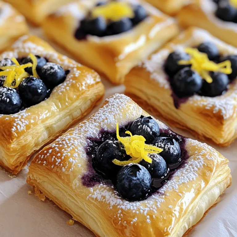 To make a Blueberry Cream Cheese Danish, gather the following items: - 1 sheet puff pastry (thawed) - 8 oz cream cheese, softened - 1/3 cup granulated sugar - 1 tsp vanilla extract - 1 egg yolk - 1 cup fresh blueberries (or frozen, thawed) - 1 tbsp cornstarch - 1 egg, beaten (for egg wash) - Powdered sugar (for garnish) - Lemon zest (optional, for garnish) Each ingredient plays a key role. The puff pastry gives a flaky base. Cream cheese provides a rich, creamy filling. Sugar adds sweetness, while vanilla brings a lovely aroma. The egg yolk helps bind the filling. Blueberries burst with flavor and color. Cornstarch thickens the filling, ensuring it doesn’t run. The beaten egg wash gives a nice golden color. Finally, powdered sugar and lemon zest add a beautiful touch. With these ingredients, you’ll create a delightful treat that everyone will love! Start by preheating your oven to 400°F (200°C). This step is key for crisp pastries. While the oven heats up, grab a baking sheet and line it with parchment paper. This helps prevent sticking and makes cleanup easier. On a lightly floured surface, roll out the thawed puff pastry. Aim for a rectangle about 12x16 inches. Once you have that, cut it into six equal squares or rectangles. These will hold the delicious filling. In a medium bowl, combine 8 ounces of softened cream cheese, 1/3 cup of granulated sugar, 1 teaspoon of vanilla extract, and 1 egg yolk. Beat these ingredients together until the mixture is smooth and creamy. This will be the rich base of your filling. In a separate bowl, take 1 cup of fresh blueberries. If you use frozen berries, make sure they are thawed. Toss the blueberries gently with 1 tablespoon of cornstarch. This helps thicken the blueberry filling and prevents it from getting too runny. Now it's time to put it all together. Place a tablespoon of the cream cheese mixture in the center of each pastry square. Top this with a tablespoon of the blueberry mixture. You can fold the corners of the pastry over the filling to create a square shape. If you prefer, leave them open-faced for a different look. Pinch the edges to seal them well. Brush the tops of the pastries with a beaten egg. This gives them a lovely golden crust when baked. Place your pastries in the preheated oven and bake for 15-20 minutes. Look for a puffed and golden brown finish. Once baked, let them cool slightly. Finally, dust with powdered sugar and add some lemon zest for a bright flavor boost. Enjoy your delightful Blueberry Cream Cheese Danish! To get a flaky puff pastry, keep it cold. Warm dough loses its shape. Use chilled ingredients. Roll the pastry on a lightly floured surface. Roll it out gently. Don't overwork the dough. This keeps the layers light and airy. Always fold the dough in thirds. This creates layers that puff up when baked. If the dough gets warm, chill it for a bit before baking. For the cream cheese filling, start with softened cream cheese. This makes it easy to mix. Blend it with sugar, vanilla, and egg yolk until smooth. Taste the mixture. If you want it sweeter, add more sugar. For extra flavor, you can add lemon zest. This brightens the filling and pairs well with blueberries. Don’t forget to fold in the blueberries gently. This keeps them whole and juicy. To store leftovers, let the Danishes cool first. Place them in an airtight container. They can stay fresh for about two days at room temperature. If you want to keep them longer, refrigerate them. Just remember, the pastry may lose some crispness. To reheat, pop them in the oven for a few minutes. This will help restore some flakiness. Enjoy your treats even after the first day! {{image_2}} You can swap blueberries for many fruits. Raspberries give a nice tartness. Strawberries add sweetness and color. Peaches or cherries work well too. Just slice them small. Mix them with sugar and cornstarch like you do for blueberries. This keeps the filling thick and juicy. For a gluten-free option, look for gluten-free puff pastry in stores. You can also make your own with gluten-free flour. It may not puff as much, but it will still taste good. Just follow the same steps in the recipe. Your friends won’t know it’s gluten-free! Spices can take your Danish to the next level. Try adding cinnamon or nutmeg to the cream cheese mix. A hint of almond extract pairs nicely with the fruit. You can also add lemon zest for brightness. These little touches can make your treat unique and exciting. To keep your Blueberry Cream Cheese Danishes fresh, let them cool first. Place them in an airtight container. You can store them at room temperature for one day. For longer storage, put them in the fridge. They stay good in the fridge for up to three days. If you want to keep them longer, freeze them. Wrap each Danish in plastic wrap and then in foil before freezing. This helps prevent freezer burn. When you're ready to enjoy your Danishes, preheat your oven to 350°F (175°C). Place the Danishes on a baking sheet. Heat them in the oven for about 10 to 15 minutes. This warms them up and keeps the pastry flaky. You can also use the microwave. Heat them for about 20 to 30 seconds, but the pastry might not be as crisp. Blueberry Cream Cheese Danishes can last for a few days. If kept in the fridge, they are best eaten within three days. In the freezer, they can last for up to two months. Just remember to check for any signs of freezer burn if you freeze them. Always use your best judgment with food. If they smell or look off, it’s best to toss them. The best way to defrost puff pastry is in the fridge. Place the frozen pastry in the fridge for about 6 hours or overnight. This keeps the dough cold and easy to work with. If you’re in a hurry, you can leave it out at room temperature for about 30 minutes. Just avoid using heat, as it can change the texture. Yes, you can use frozen blueberries. Just make sure to thaw them first. Pat them dry with a paper towel to remove excess moisture. This helps keep the filling from getting too watery. You’ll know the Danish are done when they turn golden brown. The pastry should puff up and look flaky. Check them around the 15-minute mark. If they look golden, they’re ready! You can prepare the filling and assemble the Danish ahead of time. Store them in the fridge for up to 24 hours. Just bake them when you’re ready to enjoy. This makes for an easy breakfast or snack! If you need a substitute for cream cheese, try mascarpone or ricotta cheese. Both have a similar texture. You can also use Greek yogurt for a lighter option. Just remember that the flavor will be a bit different. This blog post shared how to make a delicious Blueberry Cream Cheese Danish. We explored the ingredients and provided simple steps for preparation and baking. You learned tips for achieving flaky pastry and perfect filling. Plus, we discussed storage and variations for creativity. Enjoy making this treat at home! It’s easy and fun. Share it with friends and family for a tasty surprise.