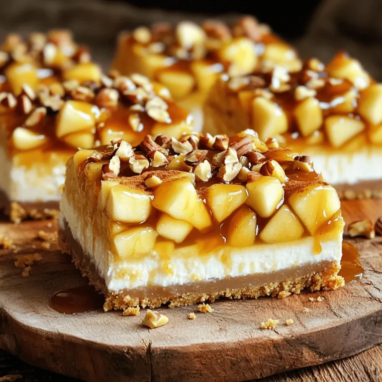 To make Caramel Apple Cheesecake Bars, you need the following ingredients: - 2 cups graham cracker crumbs - 1/2 cup unsalted butter, melted - 1/4 cup granulated sugar - 2 (8 oz) packages cream cheese, softened - 1 cup powdered sugar - 3 large eggs - 1 teaspoon vanilla extract - 2 cups peeled and diced apples (Granny Smith recommended) - 1 tablespoon lemon juice - 1 teaspoon cinnamon - 1/2 cup caramel sauce (for drizzling) - Optional: Chopped nuts for garnish These ingredients come together to create a rich and creamy dessert. The graham cracker crumbs form a delicious base. The butter and sugar help bind the crust, making it firm and tasty. Cream cheese brings creaminess to the filling. Eggs add structure and fluffiness, while vanilla enhances the flavor. For the apple filling, I recommend using Granny Smith apples. They balance sweetness and tartness well. The lemon juice keeps the apples fresh and bright. Cinnamon adds warmth and depth to the flavor. Finally, the caramel sauce on top adds a sweet finish. Gather all these ingredients to make your bars shine. Each one plays a key role in creating a delightful treat. Enjoy the process! 1. Preheat your oven to 350°F (175°C). Line a 9x13-inch baking pan with parchment paper. Leave some paper hanging over the sides for easy removal. 2. In a mixing bowl, combine 2 cups graham cracker crumbs, 1/2 cup melted butter, and 1/4 cup granulated sugar. Mix until it looks like wet sand. 3. Press the mixture into the bottom of the prepared baking pan to form a crust. 4. Bake the crust for 10 minutes until set. Remove it and let it cool slightly. 1. In a large bowl, beat 2 packages of softened cream cheese with an electric mixer until smooth. 2. Gradually add 1 cup of powdered sugar until it mixes well. 3. Add 3 large eggs one at a time. Mix well after each egg. Stir in 1 teaspoon of vanilla extract. 4. In another bowl, mix 2 cups of diced apples, 1 tablespoon lemon juice, and 1 teaspoon cinnamon. Stir until the apples are coated. 5. Gently fold the apple mixture into the cream cheese batter. Keep some apple pieces intact for nice texture. 1. Pour the cheesecake batter over the cooled crust. Spread it out evenly. 2. Bake for 30-35 minutes. Check for doneness; the edges should be set with a slight jiggle in the center. 3. Remove from the oven and let it cool to room temperature. Chill for at least 2-3 hours, or overnight for the best results. 4. Once chilled, lift the bars out using the parchment. Cut them into squares or rectangles. 5. Drizzle with caramel sauce just before serving. If you like, sprinkle with chopped nuts. To get the best texture for your caramel apple cheesecake bars, start with soft cream cheese. This helps create a smooth filling. Beat it well until creamy before adding any other ingredients. Mix in the eggs one at a time. This keeps your filling light and fluffy. Cutting the bars cleanly can be tricky. To make it easier, use a sharp knife. Dip the knife in hot water before each cut. Wipe it clean after each slice to keep the edges neat. This helps each piece look perfect. For the cheesecake to set properly, it needs time to cool. After baking, let it cool at room temperature. Then, refrigerate for at least two to three hours. For the best results, chill it overnight. The longer it sits, the better the flavors meld. When serving, think about creative ways to display your bars. A rustic wooden board adds charm. You can also use a decorative plate for a fancy touch. Garnishing is key to making your bars shine. Drizzle caramel sauce over the top just before serving. It adds sweetness and looks great. Sprinkle chopped nuts on top for crunch. A dollop of whipped cream also adds a nice touch. A sprinkle of cinnamon can enhance the warm flavors. {{image_2}} You can switch up the crust for a new flavor. Try using crushed cookies like Oreos or vanilla wafers. These changes add a fun twist to the bars. Different apple types also change the flavor. You might like Honeycrisp for a sweeter taste or Fuji for a crisp bite. For spices, cinnamon is great, but nutmeg or ginger could add a nice kick. To make gluten-free bars, use gluten-free graham crackers or almond flour as a crust. There are also vegan options! Substitute cream cheese with vegan cream cheese. Use flaxseed meal mixed with water instead of eggs. For a dairy-free delight, coconut cream works well, giving a rich taste while keeping it creamy. To store leftover caramel apple cheesecake bars, follow these simple steps: - In the fridge: Place the bars in an airtight container. You can also cover them tightly with plastic wrap. Keep them in the fridge for up to five days. This helps keep them fresh and creamy. - Freezing tips: You can freeze these bars for longer storage. Cut them into squares and wrap each piece in plastic wrap. Then, place them in a freezer bag or container. They will last up to three months in the freezer. To reheat, let them thaw in the fridge overnight. Once thawed, pop them in the oven at 350°F (175°C) for about 10 minutes. Understanding how long your dessert lasts is key: - In the fridge, the bars stay good for five days. Keep an eye on them to enjoy their best taste. - If you freeze them, they last for about three months. Watch out for signs of spoilage: - A change in smell or color indicates that the bars may be bad. - If you notice a watery texture or mold, it's best to toss them out. By following these tips, you can savor every bite of your caramel apple cheesecake bars. Can I use different types of apples? Yes, you can use many apple types. Granny Smith apples are tart and firm. Honeycrisp apples add sweetness. You might also like Fuji or Braeburn apples. Each type brings its own taste and texture. How can I make these bars ahead of time? You can make these bars one or two days before you serve them. Just follow the full recipe and chill them well. They taste better after resting in the fridge. Cover them with plastic wrap to keep them fresh. What can I substitute for cream cheese? If you need a cream cheese alternative, try mascarpone or ricotta cheese. You can also use a vegan cream cheese. Just keep in mind that these substitutes may change the texture and flavor a little. Can I add chocolate chips or other toppings? Absolutely! You can add chocolate chips for a sweet twist. Nuts also work well for crunch. Just fold them into the batter before baking. This gives your bars extra flavor and fun texture. How do I ensure my cheesecake doesn’t crack? To prevent cracks, avoid overmixing the batter. Make sure your cream cheese is soft before mixing. Also, cool the cheesecake slowly in the oven after baking. Lastly, chill it well before cutting. These steps help keep your bars smooth and pretty. These caramel apple cheesecake bars are a delicious treat you can make at home. They combine a tasty crust, creamy filling, and the crunch of apples. Remember to follow the steps carefully for great texture and flavor. Whether you want to try new ingredients or adapt for diets, there are many ways to enjoy this dessert. Store leftovers well, and they will last a while. Enjoy baking these bars, and impress your friends and family with your skills!
