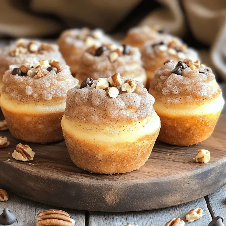 To make Bakery-Style Cinnamon Sugar Donut Muffins, you'll need simple yet key ingredients. Here’s the full list: - 1 ½ cups all-purpose flour - 1 teaspoon baking powder - ½ teaspoon baking soda - ½ teaspoon salt - 1 teaspoon ground cinnamon (plus extra for coating) - ½ cup granulated sugar (plus extra for coating) - ½ cup unsalted butter, melted - 2 large eggs - 1 teaspoon vanilla extract - ½ cup buttermilk - Optional: ½ cup mini chocolate chips or chopped nuts Each ingredient plays an important role. The flour gives structure, while baking powder and baking soda help the muffins rise. The cinnamon adds warmth and flavor. The sugar and melted butter create a sweet, rich base. Eggs add moisture and help bind everything together. Vanilla and buttermilk enhance the overall taste and texture. Optional add-ins like chocolate chips or nuts can bring fun twists. They add texture and a burst of flavor to each bite. You can mix and match as you like. Always use fresh ingredients for the best results. This helps create soft, fluffy muffins that taste like they came from a bakery. First, preheat your oven to 350°F (175°C). This step is key for even baking. Next, prepare your muffin pan. You can grease it or use muffin liners for easy removal. Both methods work well. In a mixing bowl, whisk together 1 ½ cups of all-purpose flour, 1 teaspoon of baking powder, ½ teaspoon of baking soda, ½ teaspoon of salt, and 1 teaspoon of ground cinnamon. Whisk until everything is well mixed. This mix forms the base of your muffins. In another bowl, cream together ½ cup of granulated sugar and ½ cup of melted unsalted butter until smooth. This mix adds richness. Next, add in 2 large eggs one at a time. Stir well after each addition. Then, mix in 1 teaspoon of vanilla extract and ½ cup of buttermilk until everything is combined. Now, gently fold the dry ingredients into the wet mixture. Do this until just combined. Be careful not to overmix, as this can make your muffins tough. If you want, fold in ½ cup of mini chocolate chips or chopped nuts for extra flavor and texture. Spoon the batter into the prepared muffin tin, filling each cavity about ¾ full. Bake the muffins for 15-18 minutes. To check for doneness, insert a toothpick into the center of a muffin. It should come out clean when they are done. While the muffins bake, prepare the cinnamon sugar coating. In a small bowl, mix ¼ cup of granulated sugar with 1 tablespoon of ground cinnamon. Once the muffins are out of the oven, let them cool in the pan for about 5 minutes. While they are still warm, roll each muffin in the cinnamon sugar mixture to coat fully. Let them cool completely on a wire rack before serving. To make the best donut muffins, avoid overmixing the batter. When you mix too much, the muffins can become tough. Instead, stir gently until the dry ingredients just blend with the wet ones. This keeps the muffins light and fluffy. For a moist muffin, use room-temperature ingredients. Cold eggs or buttermilk can lead to uneven mixing. Also, adding melted butter gives a rich flavor and texture. Don't forget to fill your muffin cups about three-quarters full for the perfect rise. You can spice things up by using different spices. Try nutmeg or cardamom for a unique twist. You can even add a touch of ginger for warmth. These spices can change the whole taste of your muffins. For a fun coating, skip the cinnamon sugar and use powdered sugar or chocolate glaze instead. This gives your muffins a delightful, sweet finish. You can mix in mini chocolate chips or chopped nuts to add extra crunch and flavor. These muffins are great for breakfast or as a snack. Pair them with coffee or tea for a cozy treat. You can also serve them with fresh fruit or yogurt to balance the sweetness. To keep your muffins fresh, store them in an airtight container. They can stay tasty for up to three days at room temperature. If you want to keep them longer, consider freezing them. Just thaw them on the counter when you're ready to enjoy. {{image_2}} If you want to make these muffins gluten-free, use a gluten-free all-purpose flour mix. Look for blends that include xanthan gum. This helps mimic the texture of regular flour. You can also try oat flour or almond flour. Each will give a unique taste. Just be sure to adjust the baking time as needed. To make these muffins vegan, replace the eggs with flax eggs. Mix one tablespoon of ground flaxseed with three tablespoons of water. Let it sit for five minutes to thicken. For dairy alternatives, use almond milk or oat milk instead of buttermilk. You can also use coconut oil instead of butter for a rich flavor. Get creative with your muffins! You can add fillings like fruit preserves or chocolate chips. Try adding a swirl of peanut butter for a fun twist. For toppings, consider crushed nuts or a drizzle of icing. Cinnamon sugar is classic, but a maple glaze can also elevate these muffins. To keep your muffins fresh, store them in an airtight container. Use a plastic or glass container. Place a paper towel at the bottom to absorb moisture. This helps avoid sogginess. Keep the container in a cool spot, like a pantry. Avoid direct sunlight to maintain flavor and texture. When reheating, use your oven for the best results. Preheat your oven to 350°F (175°C). Wrap each muffin in foil to keep them moist. Heat for about 5-10 minutes. You can also microwave them for 15-20 seconds. This method is quick but may dry them out a bit. Enjoy your muffins warm for the best taste! To freeze muffins, first let them cool completely. Wrap each muffin in plastic wrap tightly. Then place them in a freezer bag. Remove as much air as you can. Label the bag with the date. To thaw, place a muffin in the fridge overnight or microwave it for 30 seconds. This way, you can enjoy your delicious treats later! Yes, you can use regular milk. To make it similar to buttermilk, add 1 tablespoon of vinegar or lemon juice to one cup of milk. Let it sit for five minutes. This will give you a good substitute for buttermilk. If you don't have a muffin tin, you can use a baking dish. Pour the batter into a greased square or round pan. You can also use silicone molds or even paper cups. Just adjust the baking time, since the muffins may take longer to bake. To check if your muffins are done, insert a toothpick into the center. If it comes out clean or with a few crumbs, they are done. You can also look for a golden-brown color on top. The muffins should spring back when lightly touched. Yes, adding fruit is a great idea! You can mix in blueberries, chopped apples, or mashed bananas. Just be careful not to add too much fruit, as it can make the batter too wet. About ½ cup of fruit works well in this recipe. You now have all the steps to make delicious muffins. We covered the key ingredients, preparation, baking, and storage tips. Remember, great muffins need good mixing and care. You can tweak the recipe too, with flavors and ingredients you love. Whether you want gluten-free or vegan options, there’s a way to meet your needs. Enjoy these tasty treats at breakfast or as snacks. Now, gather your ingredients and start baking your perfect muffins!