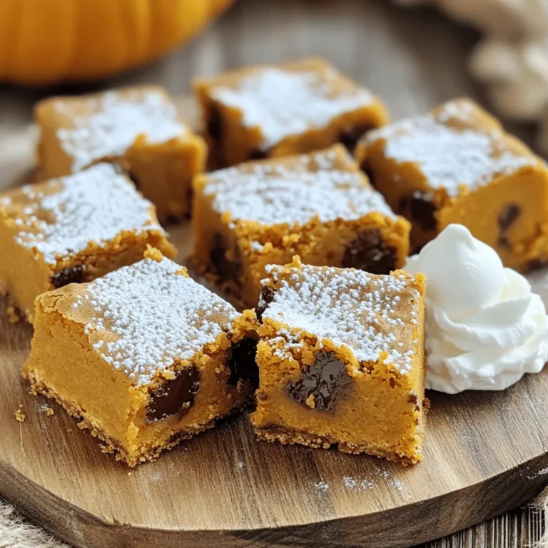 - 1 cup pumpkin puree - 1/2 cup brown sugar - 1/4 cup granulated sugar - 1/2 cup unsalted butter, melted - 1 large egg - 1 teaspoon vanilla extract - 1 cup all-purpose flour - 1 teaspoon baking powder - 1/2 teaspoon baking soda - 1/2 teaspoon salt - 1 teaspoon pumpkin pie spice - 3/4 cup chocolate chips Using fresh pumpkin puree will boost flavor. If you choose canned, pick a brand without additives. For sugar, light brown sugar adds moisture and a rich taste. Always use unsalted butter, as it gives you control over salt. Choose high-quality chocolate chips; they melt better and taste richer. Fresh eggs yield the best texture. Finally, use a good vanilla extract for deeper flavor. You can swap pumpkin puree with sweet potato or butternut squash puree. For a dairy-free option, use coconut oil instead of butter. If you want a different sweetener, maple syrup or honey can work, but adjust the liquid in the recipe. You can also replace all-purpose flour with a gluten-free blend. For vegan blondies, use flax eggs in place of a real egg. Start by preheating your oven to 350°F (175°C). This step ensures even baking. Next, grab an 8x8-inch baking pan. Grease it well to prevent sticking. You can use butter or cooking spray. Make sure to cover all corners of the pan. This will help your blondies come out easily once baked. In a large mixing bowl, combine 1 cup of pumpkin puree, 1/2 cup of brown sugar, and 1/4 cup of granulated sugar. Mix these together until smooth. It should look creamy and well-blended. Now, add in 1/2 cup of melted unsalted butter, 1 large egg, and 1 teaspoon of vanilla extract. Whisk these ingredients together until they blend perfectly. This mixture should be rich and inviting. In another bowl, whisk together 1 cup of all-purpose flour, 1 teaspoon of baking powder, 1/2 teaspoon of baking soda, 1/2 teaspoon of salt, and 1 teaspoon of pumpkin pie spice. This mix adds flavor and helps your blondies rise. Gradually add this dry mix into your wet mixture. Stir gently until just combined. Be careful not to overmix; this keeps your blondies soft and chewy. Now comes the fun part! Take 3/4 cup of chocolate chips and fold them into the batter. Use a spatula to make sure they are evenly mixed. This step adds delightful bursts of chocolate in every bite. The chips should be spread throughout the batter, ensuring each blondie has a sweet surprise. Pour your batter into the prepared baking pan. Use a spatula to spread it evenly. Bake in the preheated oven for 25-30 minutes. To check if they are done, insert a toothpick into the center. If it comes out clean, your blondies are ready! Once baked, remove the pan from the oven. Let it cool for about 10 minutes. Then, transfer to a wire rack to cool completely. Enjoy the wonderful aroma filling your kitchen! To get the best texture in your blondies, start with room-temperature ingredients. This helps them mix better. Use fresh pumpkin puree for a moist and rich flavor. Don’t overmix your batter. A few lumps are okay. This keeps the blondies soft and chewy. Bake them until a toothpick comes out clean. If you bake too long, they can dry out. Avoid using cold butter. Cold butter does not blend well and can make your blondies dense. Another mistake is skipping the cooling time. Letting them cool allows the flavors to settle. Don’t forget to grease your baking pan. This prevents sticking and helps with easy removal. Finally, measure your ingredients carefully. Too much flour can make them crumbly. Serve these blondies warm or at room temperature. For a nice touch, dust them with powdered sugar. A dollop of whipped cream on top adds creaminess. You can also pair them with a scoop of vanilla ice cream. This creates a delightful contrast with the warm blondies. Consider adding a sprinkle of cinnamon for extra flavor. {{image_2}} You can make these blondies extra special by adding nuts. Walnuts or pecans work great. Just chop them up and fold them in with the chocolate chips. This adds a nice crunch and flavor. You could also add dried fruit. Raisins or cranberries can give a sweet twist. Experiment with what you love! Want to make these blondies gluten-free? Simply swap the all-purpose flour for a gluten-free blend. Many brands make great mixes that work well in baking. Just make sure to check the package for the right amount to use. This way, you can enjoy these treats without worry. You can give your blondies a new taste by changing the spices. Try adding cinnamon or nutmeg for warm flavors. You could even use ginger for a fun kick! If you really want to mix it up, add some cocoa powder for a chocolate twist. These small changes can bring new life to your pumpkin chocolate chip blondies! To keep your pumpkin chocolate chip blondies fresh, store them in an airtight container. This helps retain moisture and flavor. You can layer the blondies with parchment paper to prevent sticking. Keep them at room temperature for up to three days. If you want them to last longer, the fridge works too, but it may change the texture a bit. Freezing blondies is simple and effective. First, let them cool completely. Then, cut them into squares. Wrap each piece tightly in plastic wrap. Place the wrapped blondies in a freezer-safe bag or container. They can stay in the freezer for up to three months. When you're ready to enjoy them, just thaw them at room temperature. Pumpkin chocolate chip blondies can last up to five days in the fridge. To reheat, place a square in the microwave for about 10-15 seconds. This warms them up nicely. You can also heat them in an oven set to 350°F for about 5 minutes. Enjoy them warm for a cozy treat! Yes, you can use fresh pumpkin. To do this, cook the pumpkin until soft. Then, mash it well until smooth. Make sure to drain excess water. This helps your blondies stay firm and not too wet. To check if your blondies are done, insert a toothpick into the center. If it comes out clean or with a few crumbs, they are ready. If it has wet batter on it, bake a few more minutes. Keep an eye on them to avoid overbaking. Yes, you can easily make this recipe vegan. Replace the egg with a flax egg. To do this, mix one tablespoon of ground flaxseed with three tablespoons of water. Let it sit for five minutes until it thickens. Use a vegan butter substitute for the unsalted butter. Each blondie has roughly 180 calories. They contain 9 grams of fat, 24 grams of carbs, and 2 grams of protein. The chocolate chips add some sugar, so adjust your intake if needed. They also provide some fiber from the pumpkin, which is a plus. Yes, these blondies are safe to eat if left out overnight. However, store them in a cool, dry place. If your kitchen is warm, it’s better to keep them in the fridge. This helps them stay fresh longer. Enjoy them within a few days for the best taste. We explored the key ingredients and how to make pumpkin chocolate chip blondies. I shared steps for mixing, baking, and cooling. You learned tips for texture and common mistakes. Variations, like gluten-free options and mix-ins, add fun. Lastly, storing and reheating ideas help keep them fresh. With this knowledge, you can bake delicious blondies with confidence. Enjoy your tasty treats!