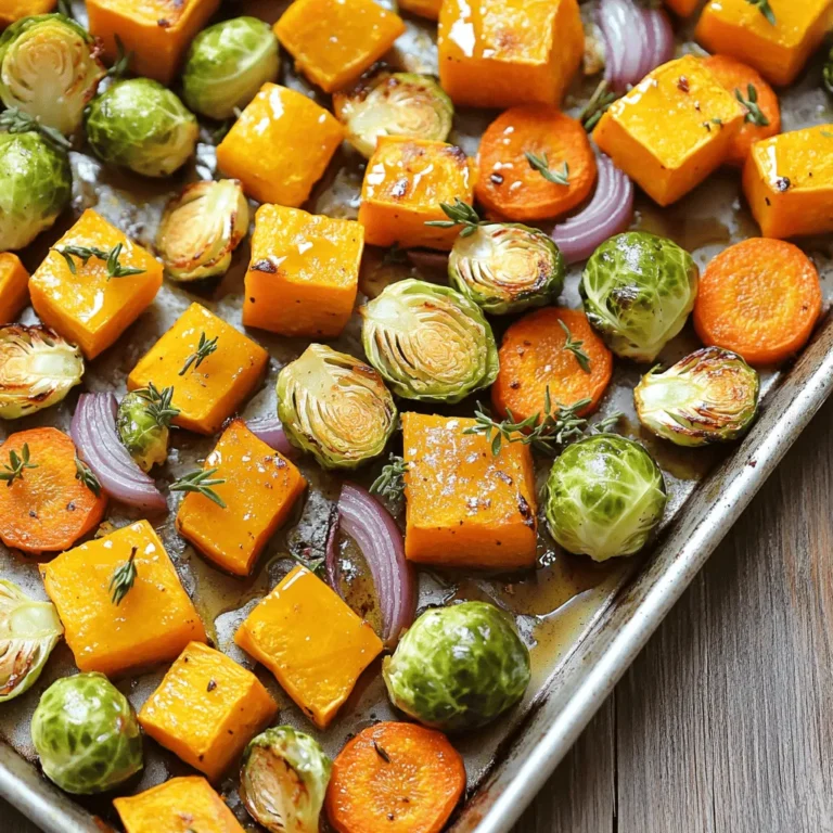 - Butternut squash: You need 2 cups of butternut squash. Peel it, then cube it. This squash adds a sweet and creamy touch to the dish. - Brussels sprouts: Use 2 cups of Brussels sprouts. Cut them in half. They roast well and get a nice caramel flavor. - Other vegetables: Add 1 cup of carrots, sliced into rounds, and 1 red onion cut into wedges. These veggies bring color and crunch. - Seasonings and garnishes: You will need 3 tablespoons of olive oil and 1/4 cup of pure maple syrup for sweetness. Add 1 teaspoon of ground cinnamon and 1 teaspoon of fresh thyme leaves to enhance the flavor. Don’t forget salt and pepper to taste. For a crunchy finish, include 1/4 cup of pecans, roughly chopped, if you like. How to peel and cube butternut squash First, grab a sturdy peeler. Use it to remove the skin of the butternut squash. Cut off both ends of the squash. Stand it upright and slice it in half. Scoop out the seeds with a spoon. Now, lay the squash flat and cut it into slices. Then, cube the slices into bite-sized pieces. How to halve Brussels sprouts Take each Brussels sprout and trim the stem end. Cut the sprout in half from top to bottom. Repeat this for all the sprouts. Try to keep them similar in size for even cooking. Slicing carrots and cutting red onion Wash the carrots and peel them. Slice the carrots into rounds, about 1/4 inch thick. For the red onion, cut it in half. Place the flat side down and slice it into wedges. Keep the wedges together for easy mixing. Combining ingredients in a bowl In a large mixing bowl, add the cubed squash, halved Brussels sprouts, sliced carrots, and onion wedges. This mix creates a colorful base for your dish. Ensuring even coating with oil and syrup Drizzle the olive oil and maple syrup over the veggies. Add the cinnamon, thyme, salt, and pepper. Use your hands or a spoon to toss everything. Make sure each piece gets a nice coating. This step is key for great flavor. Oven temperature and time Preheat your oven to 425°F (220°C). This high heat helps caramelize the veggies. Spread the seasoned veggies on a large sheet pan in a single layer. Stirring tips during roasting Roast the veggies for about 25 to 30 minutes. Halfway through, stir them around. This helps them cook evenly and get that nice golden color. Checking for doneness After 25 minutes, check if the veggies are tender and caramelized. You can poke them with a fork. If they feel soft, they are done. If not, give them a few more minutes. Enjoy the sweet aroma filling your kitchen! To avoid soggy vegetables, make sure you space them out. If they touch, steam builds up. Use a large sheet pan for the best results. A half-sheet pan works well. It gives enough room for air to circulate. When serving, arrange the veggies in a colorful pattern. Place the butternut squash and Brussels sprouts at the center. Add the carrots and red onion around them. Drizzle a little more maple syrup on top for shine. Garnish with fresh thyme sprigs for a nice touch. For a twist, try adding different spices. Smoked paprika or nutmeg can bring new depth. If you want more sweetness, add extra maple syrup. Just remember to taste as you go. Adjust to your liking for a perfect balance. {{image_2}} You can mix up the veggies in this dish. Here are some ideas: - Root vegetables to include: Sweet potatoes, parsnips, and turnips work well. They add sweetness and texture. - Seasonal substitutes: You can use cauliflower or even pumpkin. They bring a different taste to the mix. This recipe is easy to adapt for different diets. Here are some options: - Vegan or vegetarian options: The recipe is already vegan since it uses no animal products. You can keep it that way. - Nut-free and gluten-free modifications: To make it nut-free, skip the pecans. This dish is gluten-free as is, so you can enjoy it without worry. To store your leftover sheet-pan maple roasted fall veggies, follow these easy steps. First, let the veggies cool down. Then, place them in an airtight container. This helps keep them fresh. You can store them in the fridge. They stay good for about 3 to 5 days. When you want to enjoy your veggies again, reheating is key. You can reheat them in the oven for the best taste. Set your oven to 350°F (175°C) and place the veggies on a baking sheet. Heat for about 10 to 15 minutes. This keeps them crispy and tasty. You can also use the microwave if you’re in a hurry. Place the veggies on a microwave-safe plate and cover them. Heat in short bursts of 30 seconds. Check often to avoid overcooking. Avoid reheating more than once. This keeps the veggies from getting soggy or losing flavor. Enjoy your delicious leftovers! You can pair these roasted veggies with many dishes. They work great with: - Grilled chicken or turkey - Baked salmon or other fish - Quinoa or rice for a filling meal - A light salad with mixed greens - A hearty soup for a cozy dinner These combos let the sweet and savory flavors shine. They create a balanced plate that everyone will enjoy. Yes, you can prepare this dish ahead of time. Here are some tips: - Chop the veggies a day before. Store them in the fridge. - Mix the oil, syrup, and spices in a jar. Keep it sealed until ready. - Combine everything just before roasting. This keeps the veggies fresh. Making it ahead saves time on busy days. Yes, this recipe is perfect for meal prep. Here are its benefits: - It stores well in the fridge for up to 5 days. - You can easily reheat it for a quick meal. - The flavors deepen over time, making it even tastier. Including this dish in your meal prep helps you eat healthy all week. This blog post covered how to make sheet-pan maple roasted veggies. We explored the key ingredients, preparation steps, and roasting tips. I shared advice on perfecting your roast and creative variations to try. Remember, these veggies are not just tasty; they can fit into various diets and meal plans. Storing and reheating them properly keeps their flavor fresh. By using these tips, you can easily enjoy delicious roasted vegetables that suit your taste and lifestyle. Now, it’s time to get cooking and have fun with your meals!