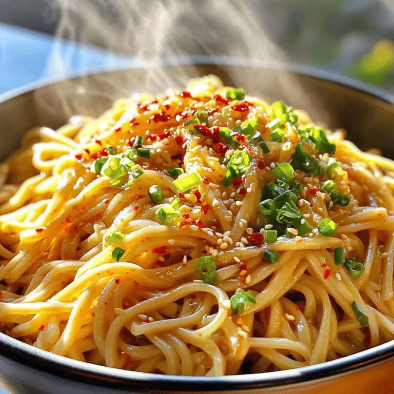 - 200g soba noodles - 3 tablespoons olive oil - 4 cloves garlic, minced - 1 teaspoon red chili flakes - 1 tablespoon soy sauce - 1 tablespoon sesame oil - 2 green onions, chopped - 1 tablespoon sesame seeds - Salt, to taste Gather these ingredients before you start cooking. Soba noodles are the star, giving the dish its unique flavor and texture. The olive oil helps to create a rich base for the garlic and chili. Minced garlic adds a bold taste, while red chili flakes give it a spicy kick. Soy sauce and sesame oil add depth to the dish. Green onions bring a fresh crunch. Finally, sesame seeds make everything look pretty and add a nutty flavor. Make sure your ingredients are fresh. This will make your meal taste even better. When you have everything ready, you can whip up this quick meal in no time! First, fill a large pot with water and bring it to a boil. This should take a few minutes. Once boiling, add the soba noodles. Cook them according to the package instructions, which is usually 4 to 6 minutes. When they are done, drain them and rinse under cold water. This stops the cooking process and keeps them firm. Set the noodles aside for later. Next, grab a large skillet or wok. Heat 3 tablespoons of olive oil over medium heat. Once hot, add 4 minced garlic cloves and 1 teaspoon of red chili flakes. Sauté the mixture for about 1 to 2 minutes. Keep an eye on the garlic; you want it fragrant, not brown. This step adds a rich flavor to your dish. Now, add the cooked soba noodles directly to the skillet with your garlic chili oil. Pour in 1 tablespoon of soy sauce and 1 tablespoon of sesame oil. Toss the noodles gently to coat them well with the oil and sauce. Ensure every noodle is covered in that delicious flavor. Add 2 chopped green onions to the skillet. Toss everything together again for an even mix. Don’t forget to season with salt to taste. Cook for another 1 to 2 minutes until everything is heated through. This step brings all the flavors together. To serve, remove the noodles from heat and plate them in a wide bowl. For a beautiful presentation, sprinkle 1 tablespoon of sesame seeds on top. You can add more green onions or thinly sliced red chili for a pop of color. This makes your meal look as good as it tastes! To boost the taste of your Minute Garlic Chili Soba Noodles, you can add fresh herbs. Chopped cilantro adds a nice freshness. Basil also works well, bringing a sweet hint. You might also try a bit of fresh ginger for a zesty kick. If you enjoy a deeper flavor, sprinkle in some toasted sesame seeds. They add a nutty crunch that enhances every bite. Want to tweak the heat? Start with one teaspoon of red chili flakes. If you love spice, add more! Mix in half a teaspoon at a time. This way, you can find your perfect balance of heat. You can also try using fresh chili peppers if you want a different flavor. Slice them thin and add them to the garlic oil for a more vibrant taste. When cooking, you can use either a skillet or a wok. A skillet works great for even heat distribution. It’s easier to toss the noodles without spilling. A wok allows for quick cooking and more room for tossing. Choose based on what you have and feel comfortable with. Just remember to keep the heat medium. This helps the garlic and chili bloom without burning. {{image_2}} You can easily make this dish more vibrant by adding veggies. Here are some great options: - Baby spinach: Add it right before you finish cooking. - Bell peppers: Slice them thinly and sauté them with the garlic. - Broccoli: Steam it lightly and toss it in for crunch. - Carrots: Shred or julienne them for a sweet bite. - Snap peas: Toss them in for a fresh pop of color. These veggies not only add color but also boost nutrition. Want to make your noodles heartier? Add a protein! Here are some ideas: - Chicken: Cook it in small pieces until golden. - Shrimp: Sauté them until pink and tender. - Tofu: Use firm tofu, cut into cubes, and sauté until crisp. - Tempeh: Crumble it and fry it for a nutty taste. These options will make your meal more filling and satisfying. If you need a gluten-free option, try these noodles: - Rice noodles: They cook fast and have a nice texture. - Quinoa noodles: They offer a protein boost and unique flavor. - Zucchini noodles: Use a spiralizer for a low-carb option. - Shirataki noodles: These are very low in calories and carbs. These alternatives keep the meal tasty while fitting dietary needs. To store your leftover garlic chili soba noodles, let them cool first. Place them in an airtight container. This keeps them fresh in the fridge. You can store them for up to three days. If you want to avoid clumping, add a bit of olive oil. This will help keep the noodles separate. When it's time to reheat, use a skillet for the best results. Heat a little olive oil over medium heat. Add the noodles and stir gently. This method helps to bring back their original texture. If the noodles seem dry, add a splash of water or soy sauce. Heat them until warm, but avoid overcooking. This way, the flavor stays intact, and the noodles remain tender. You should cook soba noodles for 4 to 6 minutes. Check the package instructions for the exact time. Always taste a noodle to see if it is done. It should be tender but not mushy. After cooking, drain and rinse the noodles under cold water. This helps stop the cooking process and keeps them firm. Yes, you can make garlic chili soba noodles ahead of time. Cook the noodles and prepare the sauce as directed. Let everything cool, then store in an airtight container. Keep it in the fridge for up to three days. When you are ready to eat, just reheat in a pan. Add a splash of water if needed to loosen the noodles. You can serve garlic chili soba noodles with many sides. Try steamed broccoli or snap peas for a fresh crunch. A simple salad with a light dressing pairs well too. If you like protein, grilled chicken or tofu can make it more filling. You can also add some pickled vegetables for a nice tang. To make the dish vegan, use plant-based soy sauce. Check that your sesame oil is also vegan. You can skip any non-vegan toppings like eggs or fish sauce. The dish is already plant-based, so it’s easy to keep it vegan. Enjoy the bold flavors without any animal products! This blog post gave you a simple way to make garlic chili soba noodles. We covered the key ingredients and step-by-step instructions. Plus, I shared tips for flavor and ways to change the dish. You learned how to store and reheat leftovers, making it easier to enjoy later. With these ideas, you can make a tasty meal everyone will love. Just follow the steps, be creative with the flavors, and enjoy your cooking.