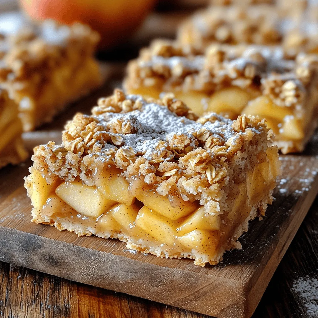 - 2 large apples, peeled and diced - 1 cup rolled oats - 1 cup all-purpose flour - 1/2 cup brown sugar - 1/2 cup unsalted butter, melted - 1/2 teaspoon cinnamon - 1/4 teaspoon nutmeg - 1/4 teaspoon salt - 1/3 cup granulated sugar - 1 tablespoon lemon juice - 1 tablespoon cornstarch Gather these ingredients for your Apple Cinnamon Crumble Bars. Choose firm, tart apples like Granny Smith for great flavor. The oats and flour create a nice base and topping. Brown sugar adds warmth, while butter makes everything rich. A mix of spices like cinnamon and nutmeg gives this dish its cozy feel. - 8x8 inch baking dish - Parchment paper - Mixing bowls - Measuring cups and spoons - Oven You’ll need a few tools to make this recipe. An 8x8 inch baking dish works well for even baking. Parchment paper helps with easy removal. Use mixing bowls to combine your ingredients. Measuring cups and spoons ensure you get the right amounts. Finally, an oven will bake your bars to perfect, golden goodness. With these ingredients and tools ready, you're on your way to making delicious Apple Cinnamon Crumble Bars. Enjoy the process and the tasty results! - Preheat the oven to 350°F (175°C). - Line an 8x8 inch baking dish with parchment paper. First, you want to set your oven to 350°F. This helps the bars bake evenly. Next, take your baking dish and line it with parchment paper. Leave some overhang so you can lift the bars out easily later. - Combine diced apples with lemon juice and spices. - Let the mixture marinate for 10 minutes. In a mixing bowl, toss the diced apples with lemon juice, granulated sugar, cinnamon, nutmeg, and cornstarch. This mix will add flavor to the apples. Let it sit for about 10 minutes. This helps the apples soak up the spices. - Mix together the dry ingredients and melted butter. - Press half of the mixture into the baking dish. In another bowl, mix the rolled oats, all-purpose flour, brown sugar, melted butter, cinnamon, and salt. You want this to look crumbly. Press half of this mixture into the bottom of the baking dish. This will form a solid base for your bars. - Spread the marinated apples evenly over the base. - Sprinkle the remaining crumble topping over the apples. After you press the base, spread the marinated apples evenly over it. Then, take the remaining crumble mixture and sprinkle it on top of the apples. Make sure to cover all the apples so they stay nice and juicy. - Bake for 25-30 minutes. - Cool in the pan for 15 minutes before cutting. Now, place the baking dish in the oven. Bake for about 25 to 30 minutes. You want the top to be golden brown, and the apples should feel soft. Once done, let it cool in the pan for about 15 minutes. This makes cutting the bars easier. To get a great crumble, start with cold butter. Cold butter makes the crumble flaky. It helps create that nice, crunchy topping. When mixing the crumble, make sure not to overmix. You want a crumbly texture, not a paste. Mix just until you see some dry bits. This way, the bars stay light and airy. Adding vanilla extract to the apple filling really boosts the flavor. It gives the apples a warm, sweet note. You might also want to add nuts or raisins. They add a nice crunch and extra flavor. Walnuts or pecans work great. Raisins bring a chewy contrast to the soft apples. When serving, dust the bars with powdered sugar. It looks pretty and adds a touch of sweetness. Another great idea is to top them with vanilla ice cream or whipped cream. The cold cream contrasts nicely with the warm bars. This makes for a delightful treat that everyone will love! {{image_2}} You can make this recipe a bit better for you. Start by swapping out butter for coconut oil. It adds a nice hint of flavor and is a healthier fat. Next, use whole wheat flour instead of all-purpose flour. This change boosts fiber and gives your bars more nutrition. Want to mix it up? Try adding caramel to your apple filling for a richer taste. It gives each bite a sweet surprise! You can also experiment with different fruits. Pears or berries work great. Each fruit brings its own unique flavor. If you need a gluten-free treat, there are easy swaps. Use a gluten-free flour blend in place of regular flour. Just make sure the blend you pick works well for baking. Also, check that your oats are certified gluten-free. This ensures they are safe to eat. To keep your Apple Cinnamon Crumble Bars fresh, place them in an airtight container. This method helps keep the bars moist and tasty. You can store them in the fridge for up to a week. Make sure to check for any signs of spoilage before digging in! If you want to save some for later, freeze the uncut bars. Wrap them tightly in plastic wrap to prevent freezer burn. When you're ready to enjoy, simply thaw the bars at room temperature. This way, you can have a delicious treat whenever you like! For the best texture, reheat the bars in the oven. Set it to 350°F (175°C) and warm them for about 10 minutes. If you’re in a hurry, you can use the microwave for a quick reheating. Just be aware that the texture may become softer. Enjoy your warm, tasty treat! Apple Cinnamon Crumble Bars stay fresh in the fridge for about one week. Store them in an airtight container to keep them moist. If you want to keep them longer, freeze them. The bars can last up to three months in the freezer. Wrap each bar in plastic wrap, then place them in a freezer bag. When you're ready to eat, let them thaw in the fridge overnight. Yes, you can substitute apples with other fruits. Pears work well and give a nice flavor. You can also try peaches or berries for a twist. Each fruit will change the taste, but all will make tasty bars. Keep in mind; the texture may vary slightly depending on the fruit you choose. Look for a golden-brown top. The apples should be tender, and the crumble should look set. You can gently press down on the top. If it feels firm and not wet, it’s ready. Baking takes about 25-30 minutes. Keep an eye on them during the last few minutes to avoid overbaking. Yes, you can make these bars vegan. Substitute unsalted butter with coconut oil or vegan butter. Use maple syrup or coconut sugar instead of brown sugar for sweetness. Ensure that the oats and flour are vegan-friendly. This way, you can enjoy a delicious treat without using animal products! You learned how to make delicious Apple Cinnamon Crumble Bars. We covered all the key ingredients, tools, and steps to enjoy a sweet treat. Remember to consider flavor options and storage tips. You can customize these bars to fit your taste or dietary needs. Try adding nuts or substituting fruits for variety. With these tips, you can create a tasty dessert that everyone loves. Enjoy your baking journey and share these treats with friends and family!