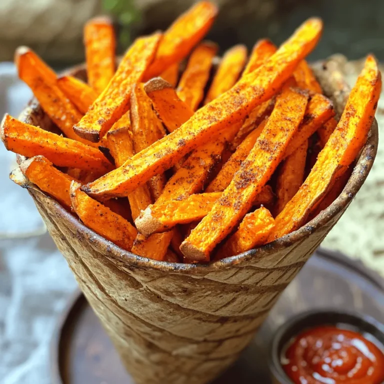 To make tasty air fryer sweet potato fries, you'll need: - 2 large sweet potatoes, peeled and cut into fries - 2 tablespoons olive oil - 1 teaspoon smoked paprika - 1 teaspoon garlic powder - ½ teaspoon salt - ½ teaspoon black pepper These simple ingredients create a crunchy and flavorful snack. Sweet potatoes provide a nice sweetness that pairs well with spices. You can mix it up with different seasonings. Here are some ideas: - Add chili powder for some heat. - Try cinnamon for a sweet twist. - Use Italian herbs for a savory flavor. Feel free to experiment with your favorite spices. The right seasoning can change the whole taste. Want your fries extra crispy? Consider adding: - 1 tablespoon cornstarch Cornstarch helps absorb moisture and makes the fries crunchier. Toss it in with the other ingredients for the best results. Start with 2 large sweet potatoes. Peel them, then cut them into fries. Try to keep the fries even in size. This helps them cook at the same rate. Place the cut fries in a large bowl. Add 2 tablespoons of olive oil. Then, sprinkle in 1 teaspoon of smoked paprika, 1 teaspoon of garlic powder, ½ teaspoon of salt, and ½ teaspoon of black pepper. If you want extra crispiness, add 1 tablespoon of cornstarch. Toss everything together until the fries are well coated. Next, you must preheat your air fryer. Set it to 400°F (200°C) and let it heat for about 5 minutes. This step is key for making sure the fries cook evenly and get crispy. Once the air fryer is ready, it’s time to cook. Place the fries in the basket in a single layer. Avoid overcrowding, as this can lead to soggy fries. If you have a lot, you may need to fry them in batches. Cook the fries for 15-18 minutes. Halfway through, shake the basket to ensure even cooking. Check the fries; they should be golden brown and crispy. When done, take them out and let them cool for a couple of minutes. This cooling time boosts their crispiness, making them even more delicious. To make your fries extra crispy, use cornstarch. It absorbs moisture, which helps in crisping. Toss your sweet potatoes well with cornstarch before adding oil and spices. This small step makes a big difference. The air fryer works best when fries are in a single layer. Overcrowding leads to steaming, not crisping. Always preheat your air fryer. This helps to start the cooking process evenly. Set it to 400°F (200°C) and wait for about 5 minutes. When cooking, shake the basket halfway through. This ensures all sides cook evenly. For best results, cook in batches if needed. Each batch should fit comfortably in the basket. If your fries turn out soggy, check for too much moisture. Ensure sweet potatoes are dried well before frying. If they lack flavor, adjust your seasonings next time. You can add more salt or spices based on taste. Lastly, if they burn, reduce the cooking time or lower the temperature slightly. Always keep an eye on them, especially the first time you make them. {{image_2}} You can change the flavor of your sweet potato fries easily. For a spicy kick, add cayenne pepper or chili powder. A pinch of cinnamon can turn your fries sweet and warm. Mix brown sugar with the spices for a sweet twist. You can even make a savory version by adding curry powder or herbs like thyme. Don’t limit yourself to just one mix. You can try different seasonings to match your taste. For a zesty flavor, use lemon zest or lime zest. Try mixing in ranch seasoning for a fun twist. You can also sprinkle some Parmesan cheese for a cheesy touch. The combinations are endless, so get creative! If you don’t have an air fryer, you can still make these fries. To cook them in the oven, preheat it to 425°F (220°C). Spread the fries on a baking sheet and bake for about 25-30 minutes. Turn them halfway through for even cooking. If you prefer a deep fryer, heat the oil to 350°F (175°C). Fry the sweet potatoes in small batches until they are golden and crispy. Each method offers a different texture, so try them all to find your favorite! To store leftover sweet potato fries, let them cool first. Then, place them in an airtight container. They will stay fresh for about 3 days in the fridge. If you want them to last longer, consider freezing. Just remember, they may lose some crunch after storing. To reheat your fries, use the air fryer again. Preheat it to 375°F (190°C). Place the fries in a single layer. Heat them for about 5-7 minutes. This method helps restore their crispiness. You can also use an oven at 400°F (200°C) for the same time. Avoid using a microwave, as it makes them soggy. If you want to freeze your fries, spread them on a baking sheet first. Freeze them for about 1-2 hours until firm. Then, transfer to a freezer bag. They can last for up to 3 months. When ready to cook, do not thaw them. Just air fry them straight from the freezer. Add a couple of extra minutes to the cook time for best results. Air fryer sweet potato fries taste best fresh. You can store them in the fridge for 3 to 5 days. Make sure they cool down first. Place them in an airtight container. This helps keep them crispy longer. Reheating them in the air fryer can revive their crunch. Yes, you can make sweet potato fries without oil. They will still cook well in the air fryer. Just skip the olive oil in the recipe. The fries may not be as crispy. They will still taste great, though. You can add spices for more flavor. Sweet potato fries pair well with many dips. You can serve them with ketchup or aioli. Spicy sauces add a nice kick too. For a twist, try them with a yogurt dip. They also work great as a side dish with burgers or sandwiches. Enjoy experimenting with different flavors! This article covered making delicious air fryer sweet potato fries. We discussed key ingredients, cooking steps, and tips for crispiness. You learned different flavor variations and how to store leftovers for later. Remember, experimenting with seasonings can create unique tastes. Enjoy your fries and feel free to get creative with them!