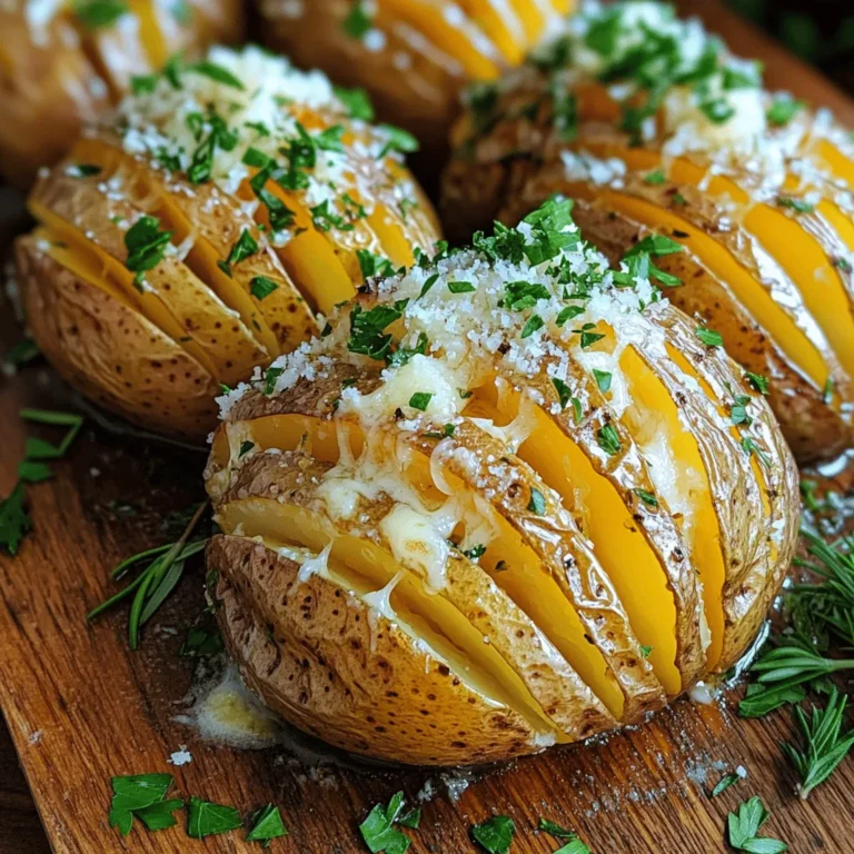 Here’s what you need to make Garlic Parmesan Hasselback Potatoes. Gather these simple items: - 4 medium russet potatoes - 1/2 cup unsalted butter, melted - 4 cloves garlic, minced - 1/2 cup grated Parmesan cheese - 1 tablespoon fresh rosemary, finely chopped - 1 tablespoon fresh thyme leaves - Salt and pepper to taste - Fresh parsley, for garnish Each ingredient plays a key role. The russet potatoes give a nice, fluffy inside. Unsalted butter adds richness, while garlic brings a strong flavor. Parmesan cheese gives a delicious, cheesy crust. Fresh herbs like rosemary and thyme enhance the taste. Salt and pepper balance the flavors. Finally, parsley adds a bright touch for garnish. Make sure to use fresh ingredients for the best results. Fresh herbs have more flavor than dried ones. This will make your potatoes taste even better! - Preheat the oven to 425°F (220°C). - Clean and dry the potatoes. Scrub them under cold water. Make sure all dirt is gone. - To make the perfect Hasselback cuts, place a potato on a board. - Cut vertical slices about 1/4 inch apart. - Be careful not to cut all the way through. Leave 1/2 inch at the bottom. - You can use chopsticks on either side of the potato. This helps prevent cutting too deep. - In a bowl, mix together melted butter, minced garlic, rosemary, thyme, salt, and pepper. - Brush this garlic butter mixture on the potatoes. Be generous! - Make sure the butter seeps into each cut. Reserve some butter for later. - Place the sliced potatoes on a baking tray lined with parchment paper. - Bake in your preheated oven for 45-50 minutes. - Halfway through, baste the potatoes with the remaining garlic butter. - The outside should be crispy, and the inside should be tender. For crispy outsides and tender insides, use a high oven temperature. I recommend 425°F (220°C). This heat helps the outside get nice and crunchy. Bake for 45 to 50 minutes, basting halfway through. This keeps the potatoes moist and adds flavor. A great baking tray is one lined with parchment paper. It helps with cleanup and prevents sticking. You can add more herbs and spices to boost taste. Fresh chives or dill work well with the garlic and Parmesan. For more heat, consider adding red pepper flakes. If you love garlic, feel free to increase the amount. Just remember, too much can overpower the dish. Start with the 4 cloves and adjust to your liking. Garnishing adds visual appeal. Fresh parsley gives a bright color contrast. You can also drizzle any leftover garlic butter over the potatoes. Arrange them on a wooden cutting board or rustic platter. This makes for a charming presentation. Serve with sour cream or a fresh salad for a complete meal. {{image_2}} You can switch up the cheese for different flavors. Try using cheddar for a sharp bite. Gouda adds a creamy touch, while feta gives a nice tang. For a plant-based option, look for vegan cheeses. Many brands offer great taste without dairy. Nutritional yeast is another choice; it adds a cheesy flavor and is dairy-free. Adding extra ingredients can elevate your potatoes. Crispy bacon bits bring a savory crunch. A dollop of sour cream on top adds rich creaminess. If you like heat, sprinkle chili flakes on the potatoes before baking. This will give them a spicy kick that many enjoy. If you need a gluten-free option, you’re in luck! This recipe is naturally gluten-free. For those watching fat, consider using less butter. You can replace half with vegetable broth to cut calories. Just be sure to adjust seasonings to keep the flavor strong. To keep your Garlic Parmesan Hasselback Potatoes fresh, store them in an airtight container. You can also wrap them in foil or plastic wrap. They last about 3 to 5 days in the fridge. Check for any signs of spoilage before eating. To reheat, the oven is best. Preheat your oven to 350°F (175°C). Place the potatoes on a baking sheet. Cover them with foil to keep them from drying out. Bake for about 15 to 20 minutes. If you want to use a microwave, place a potato on a microwave-safe plate. Heat on high for 1 to 2 minutes. Check and add more time if needed. Enjoy the crispy texture and rich flavor just like when they were fresh! Yes, you can prepare the potatoes ahead of time. Slice and season them, then cover and store in the fridge. When ready to bake, let them sit at room temperature for about 30 minutes. This helps them cook evenly. These potatoes pair well with many dishes. Here are some great options: - Grilled chicken or steak - A fresh salad - Sour cream or Greek yogurt for dipping - Steamed vegetables like broccoli or green beans To prevent cutting through, use chopsticks on each side of the potato. Place the potato on a cutting board and make vertical cuts. Leave about 1/2 inch at the bottom. This trick ensures you get those perfect Hasselback slices. Yes, you can use other types of potatoes. Some good options include: - Yukon gold potatoes for a creamy texture - Red potatoes for a colorful dish - Sweet potatoes for a sweeter flavor Just remember to adjust the cooking time as needed. The nutritional values may vary, but here is a general idea for one serving: - Calories: 350 - Total Fat: 20g - Saturated Fat: 10g - Cholesterol: 30mg - Sodium: 400mg - Carbohydrates: 40g - Fiber: 4g - Protein: 6g This recipe offers a tasty side dish packed with flavor. Garlic Parmesan Hasselback potatoes are a flavorful dish that’s easy to make. You learned about the ingredients, preparation methods, and baking tips. You also explored variations and storage advice. These potatoes can be a tasty side for many meals. Try different herbs or cheeses to find your favorite. Enjoy sharing this dish with friends and family. The possibilities are endless, so have fun experimenting in the kitchen!