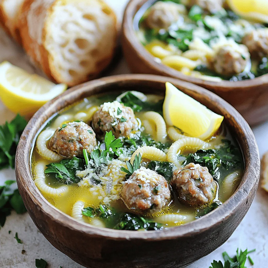 - 1 cup acini di pepe pasta - 1 lb ground turkey or chicken - 1/2 cup grated Parmesan cheese - 1/4 cup fresh parsley, chopped - 1 teaspoon garlic powder - 1 teaspoon onion powder - 1/2 teaspoon salt - 1/2 teaspoon black pepper - 6 cups chicken broth - 2 cups fresh spinach or kale, chopped - 1 carrot, diced - 1 celery stalk, diced - 1/2 onion, finely chopped I love using fresh and simple ingredients. Each item shines in the soup. The acini di pepe pasta adds a fun texture. Ground turkey or chicken keeps it light and tasty. Grated Parmesan gives a rich, cheesy flavor. Fresh parsley adds a bright touch. When it comes to seasonings, garlic powder and onion powder boost the taste. Salt and black pepper round out the flavors. Chicken broth is the base, making the soup warm and comforting. For veggies, I choose spinach or kale. They add color and nutrients. Diced carrot and celery bring sweetness and crunch. The finely chopped onion adds depth. Each bite is a mix of flavors, making the soup a true delight. To start, I mix the ground turkey with Parmesan cheese, parsley, garlic powder, onion powder, salt, and pepper. This blend gives the meatballs a rich flavor. You want to mix it until everything is well combined. Next, I roll the mixture into small meatballs, about 1 inch in diameter. This size helps them cook evenly. In a large pot, I heat olive oil over medium heat. Then, I add the diced onion, carrot, and celery. These vegetables add sweetness and depth to the soup. I sauté them until they turn tender, which takes about 5 to 7 minutes. The smell fills the kitchen and sets the stage for a hearty meal. Now, I carefully add the meatballs to the pot. I want to brown them on all sides, which takes about 5 to 6 minutes. This step locks in their juices and flavor. Next, I pour in 6 cups of chicken broth and bring it to a boil. Once boiling, I reduce the heat to let it simmer for about 10 minutes. After that, I stir in 1 cup of acini di pepe pasta and the greens. I cook everything until the pasta is al dente, which takes another 8 to 10 minutes. The greens wilt nicely, adding color and nutrition. Now, the soup is ready to serve! For the best meatballs, use cold ingredients. Cold meat keeps a nice texture. Mix your ground turkey with cheese and spices in a bowl. Roll them into small balls, about one inch wide. This helps them stay juicy. When you brown them, don’t crowd the pot. This ensures even cooking and a nice brown color. Brighten your soup with fresh lemon juice. Just a squeeze adds a nice zing. For a richer taste, consider making your broth at home. Homemade broth is packed with flavor. It makes a big difference in your soup. When serving, add extra Parmesan on top. This adds creaminess and looks great. Don’t forget lemon wedges for a fresh touch. Pair your soup with crusty bread for dipping. This makes each bite even better. {{image_2}} You can switch up the main protein in your soup. Ground turkey works great, but you can also use chicken or beef. If you're looking for a plant-based option, try using lentils or chickpeas instead. For a quicker meal, use pre-cooked meatballs. Just drop them in the soup and heat through. Acini di pepe is traditional, but feel free to swap it out. Orzo or small shells work well too. If you need gluten-free options, use gluten-free pasta. It will still taste great and keep the soup hearty. Add more veggies to boost flavor and nutrition. Try adding peas, zucchini, or even diced bell peppers. You can also switch the greens. Swiss chard or even kale can add a nice twist. The more you experiment, the more fun your soup becomes! Keep leftovers in an airtight container for up to 3 days. This helps maintain flavor and freshness. When you want to enjoy it again, reheat the soup on the stovetop or microwave. Just heat it until it’s warm all the way through. You can freeze the soup without pasta for up to 3 months. This way, the soup keeps its best taste and texture. When you are ready to eat, just add the pasta when reheating. This keeps the pasta from getting mushy. Thaw the soup overnight in the fridge before reheating. This makes it easy to warm up. If the soup thickens too much while reheating, add a little broth. This will help bring back its perfect consistency. Italian Wedding Soup is a comforting dish with roots in Italian-American cuisine. Despite its name, it does not come from weddings. The name refers to the "marriage" of flavors from meatballs and greens. You will find small meatballs made from ground meat, usually turkey or chicken, along with leafy greens like spinach. The soup is hearty and often includes tiny pasta, like acini di pepe, which adds to its charm. This dish combines rich chicken broth with fresh and savory ingredients, creating a warm hug in a bowl. Yes, you can prepare Italian Wedding Soup ahead of time. First, make the meatballs and soup base. Store them separately in airtight containers. You can keep the soup in the fridge for up to three days. If you want to freeze it, leave out the pasta. This way, it stays fresh and tasty. When you are ready to eat, simply reheat the soup and add the pasta. This keeps everything from getting mushy. Italian Wedding Soup pairs well with many side dishes. Here are some great options: - Crusty bread for dipping - A fresh green salad with vinaigrette - Garlic bread for added flavor - A light pasta dish for a full meal These sides enhance the cozy experience of enjoying your delicious soup. This blog post offers a simple way to make a tasty Italian Wedding Soup. You learned about the main ingredients like turkey, pasta, and fresh vegetables. I shared step-by-step instructions for preparing the meatballs and cooking the soup. You also discovered tips for perfecting the meatballs and suggestions for variations. With this knowledge, you can enjoy a warm bowl that comforts and nourishes. So, grab your ingredients and get cooking!