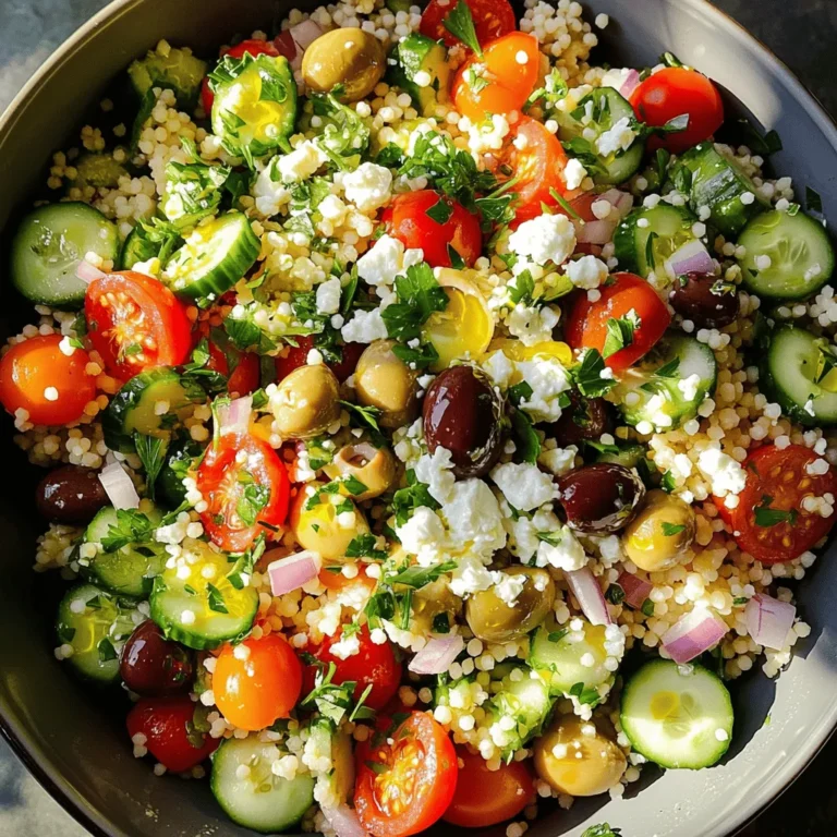 - 1 cup couscous - 1 1/2 cups vegetable broth - 1 cup cherry tomatoes, halved - 1 cucumber, diced - 1/2 red onion, finely chopped - 1/2 cup Kalamata olives, sliced - 1/2 cup feta cheese, crumbled - 1/4 cup fresh parsley, chopped Couscous is the star of this salad. It is small, fluffy, and easy to cook. I use vegetable broth to give it a nice flavor. The fresh vegetables add color and crunch. Cherry tomatoes are sweet, while cucumbers are crisp. Red onions bring a bit of bite. Kalamata olives add a salty touch, and feta cheese gives a creamy finish. Fresh parsley brightens the dish with its green color. - 1/4 cup olive oil - 2 tablespoons lemon juice - 1 teaspoon dried oregano - Salt and pepper to taste The dressing is simple but full of flavor. I mix olive oil and lemon juice to create a bright taste. Dried oregano adds an earthy note. I always season it with salt and pepper to balance the flavors. - Saucepan - Mixing bowl - Whisk - Fork You will need a saucepan to cook the couscous. A mixing bowl is great for combining the salad. A whisk helps blend the dressing well. Lastly, a fork is perfect for fluffing the couscous. These tools make the process smooth and easy. - Boiling Vegetable Broth Start by pouring 1 and 1/2 cups of vegetable broth into a saucepan. Heat it on medium until it boils. Watch it closely so it doesn't boil over. - Adding Couscous Once the broth is boiling, remove the pot from the heat. Add 1 cup of couscous to the broth and stir it gently. Cover the pot with a lid and let it sit for about 5 minutes. This helps the couscous soak up all the flavor. - Cooling the Couscous After 5 minutes, use a fork to fluff the couscous. This step makes it light and airy. Set it aside to cool down while you prepare the salad. - Chopping Fresh Ingredients Take the time to chop your fresh vegetables. Dice 1 cucumber, halve 1 cup of cherry tomatoes, and finely chop 1/2 a red onion. Slice 1/2 cup of Kalamata olives. These add color and flavor. - Combining Ingredients in a Bowl In a large mixing bowl, combine the cooled couscous, chopped tomatoes, cucumber, onion, olives, and 1/2 cup of crumbled feta cheese. Add 1/4 cup of chopped fresh parsley for that fresh taste. - Preparing the Dressing In a small bowl, whisk together 1/4 cup of olive oil, 2 tablespoons of lemon juice, and 1 teaspoon of dried oregano. Season with salt and pepper to taste. This dressing pulls all the flavors together. - Mixing Salad and Dressing Pour the dressing over the couscous mixture. Gently toss everything together. Make sure each ingredient gets coated well in the dressing. - Adjusting Seasoning Taste the salad and adjust the seasoning if needed. You can add more salt, pepper, or lemon juice for extra flavor. - Chilling Time for Flavor Cover the salad and chill it in the refrigerator for at least 30 minutes. This helps the flavors blend and creates a refreshing dish perfect for any occasion. - Fluffing Techniques: After cooking, use a fork to fluff the couscous. This helps separate the grains and keeps it light. Fluffing is key for a great texture. - Letting Couscous Cool: Let your couscous cool for a bit before mixing it with other ingredients. Cooling helps it absorb flavors better. It also prevents the salad from becoming soggy. - Choosing Fresh Vegetables: Pick seasonal veggies for the best taste. Fresh cherry tomatoes and cucumbers make your salad crisp and bright. Adjust what you use based on what’s available. - Adding Seasonal Herbs: Fresh herbs like basil or mint can elevate your dish. They add color and flavor. Use what you find at the market or in your garden for the best result. - Presentation Tips: Serve the salad in a large bowl for a family-style meal. You can also plate it individually for a nice touch. A colorful bowl makes your salad pop. - Garnishing Ideas: Add whole olives and a sprig of parsley on top. This not only makes the dish look appealing but also adds a fresh flavor. Garnishes can really enhance the eating experience. {{image_2}} Gluten-Free Options If you need a gluten-free dish, try using quinoa instead of couscous. Quinoa cooks similarly and adds a nice texture. Just rinse it well before cooking. You can also use gluten-free couscous made from corn or rice. Vegan Adaptations To make this salad vegan, skip the feta cheese. You can use avocado for creaminess. Also, try adding nutritional yeast for a cheesy flavor without dairy. This keeps the dish light and flavorful. Protein Choices You can add cooked chicken for a heartier meal. If you prefer plant-based protein, chickpeas work great. They add a nice bite and are full of fiber. You can also use tuna or shrimp for a seafood twist. Different Cheeses If feta isn't your favorite, try goat cheese or even mozzarella. Each cheese gives a different taste. Goat cheese is tangy, while mozzarella is mild and creamy. Choose what you love best! Spice Suggestions To spice things up, add a pinch of red pepper flakes for heat. You could also sprinkle in some cumin for a warm flavor. Fresh herbs like mint or basil can brighten the dish, too. Alternative Dressings While olive oil and lemon juice are classic, you can experiment. Try a balsamic vinaigrette for a sweeter taste. A tahini dressing can add a nutty flavor that pairs well with the salad's ingredients. - Refrigeration Tips: Store the salad in an airtight container. Keep it in the fridge. It stays fresh for up to three days. Make sure to cool it down before placing it inside. This helps maintain texture and flavor. - Freezing Recommendations: Freezing is not ideal for this salad. The vegetables and feta may become mushy. If you must freeze, store only the couscous. Thaw it in the fridge before serving. - Timeline for Freshness: Enjoy the salad within three days for the best taste. After that, the flavors fade and ingredients lose their crunch. - Signs of Spoilage: Look for wilting vegetables or off smells. If it looks slimy or has a sour scent, it's best to discard it. - Best Practices for Serving Again: If you want to serve it cold, just take it out of the fridge. You can also gently reheat the couscous in the microwave. Add a splash of broth or water to keep it moist. - Recommended Storage Containers: Use glass or plastic containers with tight lids. These help keep the salad fresh and flavorful. Yes, you can! If you want a different texture, try larger couscous like pearl couscous. It has a chewy bite that adds fun to the salad. Quinoa is another great option. It is gluten-free and has a nutty flavor. Just remember to adjust the cooking time if you switch to quinoa. Cook it in water or broth for about 15 minutes until soft. You can store the salad for about 3 days in the fridge. Keep it in an airtight container for best results. The flavors will keep getting better as it sits. Just make sure to check for freshness before you eat it. If it smells off or looks strange, it’s best to toss it. To make your salad more filling, add protein! Here are some tasty ideas: - Grilled chicken for a hearty boost. - Canned chickpeas for a vegetarian option. - Shrimp for a seafood twist. - Hard-boiled eggs for extra richness. - Roasted nuts for crunch and healthy fats. Each option adds flavor and makes the dish more satisfying. Mediterranean Couscous Salad brings fresh flavors and healthy choices to your table. You learned how to cook couscous, mix in fresh vegetables, and create a tasty dressing. Tips for perfect texture and seasonal ingredients help you adapt this dish. Whether you choose gluten-free or vegan options, there’s a way to make it work. Store leftovers safely and enjoy later. This salad is easy to vary, making it a go-to recipe. Embrace the joy of cooking and enjoy every bite!