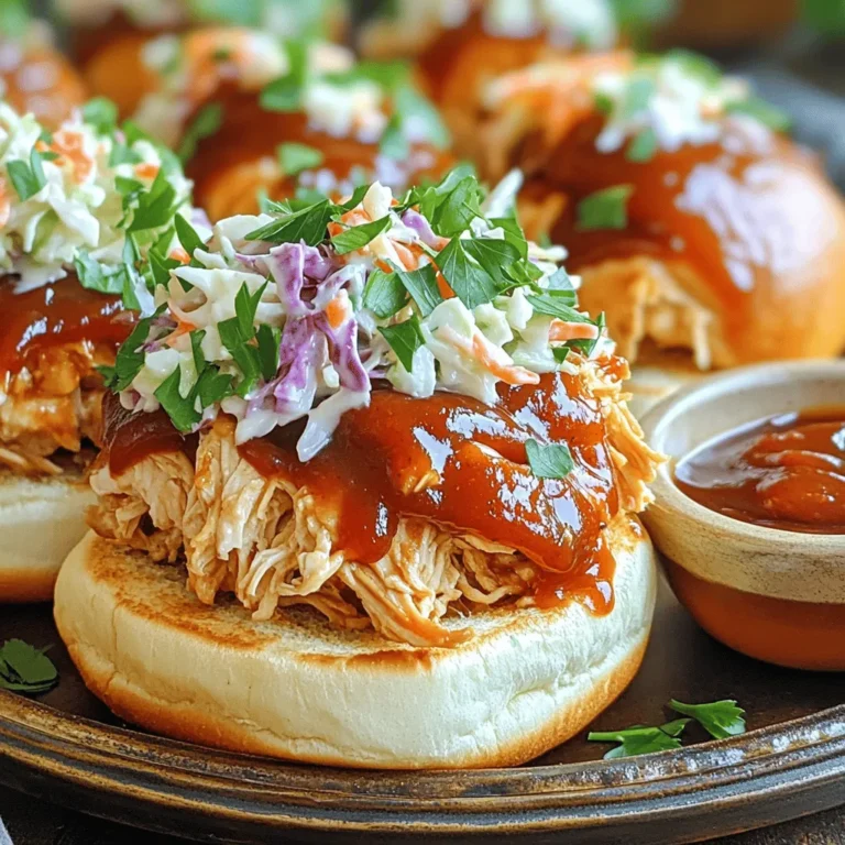 - 2 lbs boneless, skinless chicken thighs - 1 cup BBQ sauce (your favorite brand) - 1 onion, sliced - 4 cloves garlic, minced - 1 tablespoon apple cider vinegar - 1 teaspoon smoked paprika - 1 teaspoon onion powder - ½ teaspoon black pepper - 12 slider buns - Coleslaw (for topping) - Fresh parsley, chopped (for garnish) For this recipe, I love using boneless, skinless chicken thighs. They stay juicy and tender. The BBQ sauce is key to the flavor. Use your go-to brand for best results. I also recommend slicing the onion thinly to help it cook well. Minced garlic adds a nice kick to the sauce. Apple cider vinegar gives a tangy touch. Smoked paprika and onion powder bring depth to the dish. Black pepper adds just the right amount of heat. You will need slider buns to serve the chicken. Coleslaw on top adds crunch and freshness. A sprinkle of parsley makes your sliders look great. - Calories per serving: Approximately 300 - Macronutrients breakdown: - Carbohydrates: 34g - Proteins: 22g - Fats: 10g The sliders are filling and packed with flavor. Each serving has a good balance of carbs, proteins, and fats. This makes them a satisfying meal. Enjoy your delicious slow cooker BBQ chicken sliders! Start by layering the onions in the slow cooker. Place the sliced onion at the bottom. This will add flavor to the chicken as it cooks. Next, mix the BBQ sauce ingredients. In a bowl, combine minced garlic, BBQ sauce, apple cider vinegar, smoked paprika, onion powder, and black pepper. Stir until everything is well mixed and ready to coat the chicken. Now, add the chicken thighs to the slow cooker. Pour the BBQ sauce mixture over the chicken. Make sure the chicken is well coated. Cover the slow cooker and set it on low. Cook for 6 to 8 hours. The chicken should become tender and easy to shred. After cooking, take the chicken thighs out. Shred the chicken using two forks. This helps the chicken soak up all the flavors. Return the shredded chicken to the slow cooker. Stir it to mix with the remaining BBQ sauce. To assemble the sliders, lightly toast the slider buns. Place a generous amount of BBQ chicken on the bottom half of each bun. Top with a spoonful of coleslaw for fresh crunch. Finally, cover with the top half of the bun. For a pop of color, garnish with chopped parsley. Enjoy your delicious sliders! To keep the chicken juicy, choose boneless, skinless thighs. They cook well and stay moist. Use a good BBQ sauce. Your favorite brand will work, but consider trying a smoky or spicy one for added flavor. Mix in fun spices. Besides smoked paprika, try cayenne for heat or brown sugar for sweetness. These small changes can make a big impact. For a great presentation, serve sliders on a big platter. Add extra BBQ sauce on the side for dipping. This makes it fun and tasty! Pair your sliders with sides like coleslaw, corn on the cob, or potato salad. These sides add color and balance to the meal. You can also serve chips for a crunchy texture. {{image_2}} You can switch up the flavor of your sliders easily. Try using spicy BBQ sauce for a kick. You can also add spices like cayenne or chili powder. This adds heat and depth. If you want to change the meat, try pulled pork instead of chicken. Turkey is another great option. It’s leaner and still very tasty. Each choice gives your sliders a different twist. If you need gluten-free options, choose gluten-free slider buns. They taste great and hold the filling well. You can also use lettuce leaves instead of buns. This makes a fresh and light version. For vegetarian alternatives, try jackfruit or mushrooms. Both can soak up the BBQ flavors well. These options make the dish friendly for everyone. Enjoy making your sliders fit your needs! To store leftover BBQ chicken sliders, let them cool down first. Place the chicken in an airtight container. You can keep it in the fridge for up to four days. For best results, separate the chicken from the slider buns. This keeps the buns from getting soggy. If you want to freeze the sliders, wrap each slider tightly in plastic wrap. Then, place the wrapped sliders in a freezer bag. Remove as much air as possible. You can keep them in the freezer for up to three months. When you are ready to eat, thaw them in the fridge overnight. To reheat leftover sliders, you have a few options. You can use the microwave for quick heating. Place the slider on a plate and cover it with a damp paper towel. Heat for 30 seconds, check, then heat more if needed. For a crispier bun, use the oven. Preheat the oven to 350°F (175°C). Wrap the sliders in foil and bake for about 10-15 minutes. This method keeps the flavor and texture. Can I use chicken breasts instead of thighs? Yes, you can use chicken breasts. They will work well. However, thighs stay juicier. The flavor may change slightly. How long can I store the BBQ chicken sliders? You can store them in the fridge for up to four days. Make sure to keep them in an airtight container. This keeps them fresh and tasty. What should I serve with my BBQ chicken sliders? Try serving them with coleslaw, baked beans, or potato chips. You can also add pickles for crunch. These sides complement the sliders nicely. Can I cook this recipe on high heat instead of low? Yes, you can cook on high heat. Cook for about 3 to 4 hours. Check the chicken for tenderness. It should shred easily. Can I make the BBQ chicken mixture ahead of time? Absolutely! You can mix the BBQ sauce and chicken a day before. Just store it in the fridge. When ready, put it in the slow cooker to cook. In this blog post, I shared a simple BBQ chicken slider recipe. You learned about the ingredients, cooking steps, and serving tips. The recipe offers room for variations, so you can customize it to your tastes. Try these sliders for your next gathering. They are easy to make and delicious. Remember to store leftovers properly to enjoy later. With these tips, you’ll impress family and friends with your cooking skills. Enjoy crafting these tasty treats!