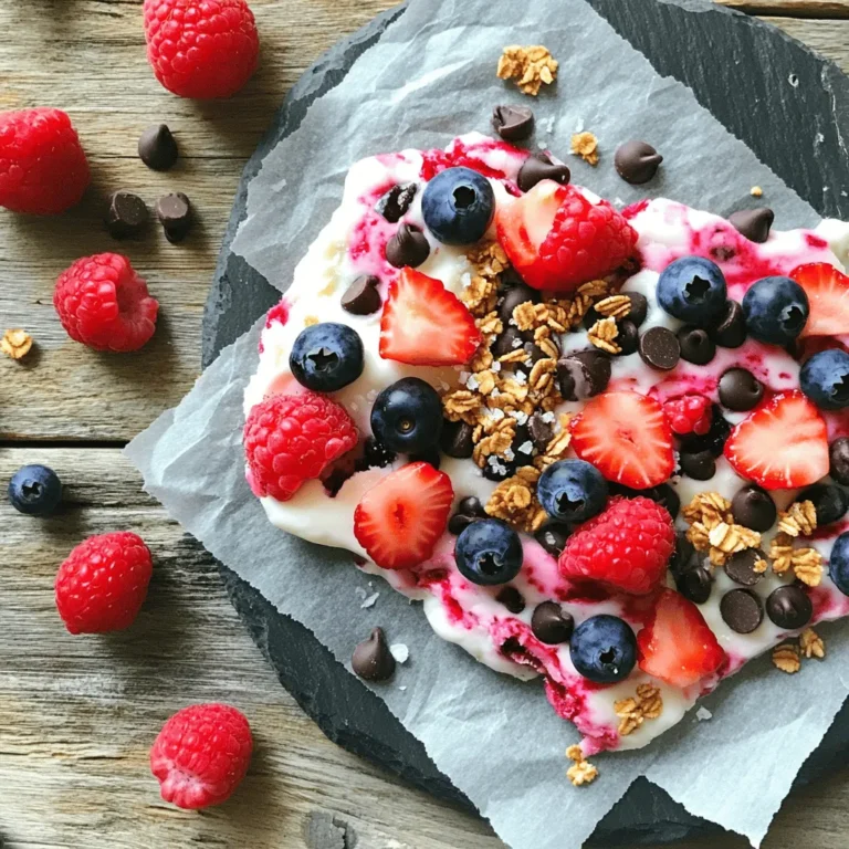 - 2 cups Greek yogurt (plain or flavored) - 2 tablespoons honey or maple syrup - 1 cup mixed berries (strawberries, blueberries, raspberries) - 1/4 cup dark chocolate chips - 1/4 cup granola - A pinch of sea salt This frozen yogurt bark is simple and fun to make. You need Greek yogurt, which gives it a creamy base. You can choose plain yogurt or one with flavor. I often use honey or maple syrup to sweeten it. This adds a nice touch without being too sweet. Berries are the stars of the show. I love using a mix of strawberries, blueberries, and raspberries. They bring bright colors and fresh flavors. You can also add some dark chocolate chips for a sweet crunch. Granola gives a nice texture, too. Lastly, a sprinkle of sea salt can really boost the taste. Each ingredient plays a part. The yogurt is creamy, the sweetener adds sweetness, and the berries provide freshness. Together, they create a healthy treat you’ll love! First, mix 2 cups of Greek yogurt with 2 tablespoons of honey or maple syrup in a bowl. Stir until it blends well. Next, line a baking sheet with parchment paper. This helps you take the bark out easily later. Then, pour the yogurt mixture onto the baking sheet. Spread it evenly to about 1/2 inch thick. Now, it’s time to add toppings. Take 1 cup of mixed berries—like strawberries, blueberries, and raspberries. Press them gently into the yogurt layer. This helps the berries stick. If you want, sprinkle 1/4 cup of dark chocolate chips and 1/4 cup of granola on top. These add great texture and taste. Before freezing, add a pinch of sea salt to the top. This enhances the flavors. Place the baking sheet in the freezer. Let it freeze for 3 to 4 hours until it is solid. Once frozen, break the yogurt bark into pieces of your choice. Enjoy your healthy treat! When making frozen yogurt bark, you can choose between plain or flavored yogurt. Plain yogurt gives you control over sweetness. Flavored yogurt offers added taste but may have more sugar. For a creamy texture, Greek yogurt is the best choice. It is thick and rich, making your bark satisfying. If you prefer a dairy-free option, use coconut yogurt or almond yogurt. Both provide a nice texture without the dairy. Check the labels for added sugars and flavors. This will help you pick the healthiest choice for your bark. You can enhance the flavor of your frozen yogurt bark in fun ways. Consider adding a pinch of cinnamon or vanilla extract. These simple ingredients can change the taste without a lot of effort. You can also try almond or coconut extract for a different twist. For berry substitutions, try using peaches or mangoes. These fruits add a sweet and tropical touch. You can also mix in some nuts or seeds for extra crunch. This adds both flavor and nutrition to your treat. Serving your yogurt bark can be a fun part of the process. Use a decorative plate or a slate board to make it pop. Scatter whole berries around the bark for color. This adds a fresh and inviting look. You can also cut the bark into fun shapes. Use cookie cutters for stars or hearts. This makes your treat more playful, especially for kids. Serve with a scoop of yogurt or a drizzle of honey for added flair. {{image_2}} You can mix and match fruits in your yogurt bark. Try using raspberries, strawberries, or blueberries. Each berry adds its own flavor. You can also use bananas, peaches, or mangoes. Seasonal fruits work great too. In summer, use fresh peaches. In winter, try pomegranate seeds for a pop of color. Adding nuts or seeds boosts crunch and nutrition. Almonds, walnuts, or chia seeds make great choices. Just sprinkle them on top before freezing. If you want a dairy-free option, swap Greek yogurt for plant-based yogurt. Almond or coconut yogurt works well. This way, everyone can enjoy a tasty treat. If you love chocolate, add different kinds. Try milk or white chocolate chips for a sweet twist. You can also layer nut butter on top for richness. Almond or peanut butter adds creaminess and flavor. This makes your frozen yogurt bark even more exciting and fun to eat. To store your frozen yogurt bark, wrap it well. Use plastic wrap or a sealable bag. This keeps out air and protects the flavor. I like to cut the bark into pieces first. Then, place them in an airtight container. This makes it easy to grab a piece later. To keep the flavor fresh, avoid stacking pieces directly on top of each other. Instead, place a layer of parchment paper between them. This helps prevent sticking. Remember, the colder your freezer, the better your bark will stay fresh. When it’s time to serve, take the bark from the freezer. You can thaw it in the fridge for about 15 to 20 minutes. This method helps it stay firm. If you need it faster, leave it at room temperature for a few minutes. To prevent melting while serving, keep the bark on a chilled plate. You can use ice beneath the plate for extra coolness. This way, it stays firm while you enjoy it. Your frozen yogurt bark can last up to two months in the freezer. To keep it tasting great, try to eat it within the first month. After that, it might lose some flavor. Signs of spoilage include ice crystals forming on the bark or a change in color. If you notice these signs, it’s best to toss it out. Always trust your senses—if it doesn’t look or smell right, don’t eat it. Frozen yogurt bark can last up to two months in the freezer. To keep it fresh, store it in an airtight container. Ensure it is well-wrapped to prevent freezer burn. Always check for ice crystals before eating; this can mean it’s losing quality. Yes, you can use many types of berries! Fresh strawberries, blueberries, and raspberries work best. If fresh berries are not available, frozen berries are a great choice too. Just make sure to thaw them first. This makes them easier to press into the yogurt. They will still taste great! This recipe is very flexible! To make it vegan, swap Greek yogurt for a plant-based yogurt. For gluten-free options, check that your granola is gluten-free. If you want a low-sugar treat, skip the honey or use a sugar substitute. These changes can make the bark fit your diet perfectly! In this post, we explored how to make delicious frozen yogurt bark. We covered the main ingredients like Greek yogurt, honey, and mixed berries. You can add fun toppings, freeze your creation, and even customize it for your taste. Remember, using fresh fruits or healthy additions can make a big difference. Don't forget to store it right for the best flavor. Now, get creative and enjoy this tasty treat any time!