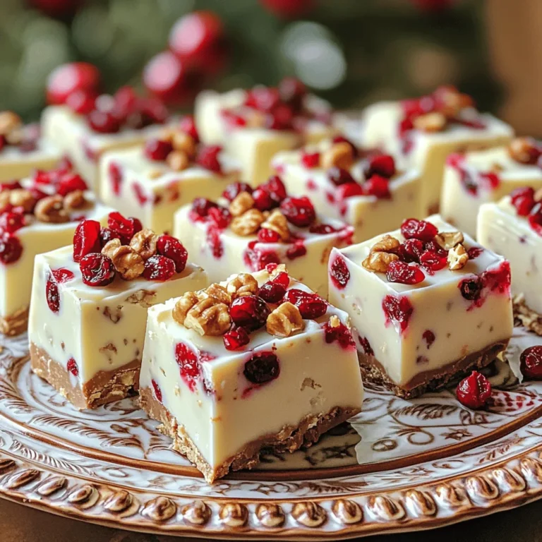 - 2 cups white chocolate chips - 1 cup sweetened condensed milk - 1/2 cup dried cranberries, chopped - 1/2 cup walnuts or pecans, chopped - 1 teaspoon vanilla extract - 1/4 teaspoon sea salt You can swap white chocolate chips with milk chocolate chips for a sweeter taste. If you need a nut-free option, skip the walnuts or pecans. Try using sunflower seeds or pumpkin seeds instead. For a vegan version, use dairy-free chocolate and coconut milk in place of sweetened condensed milk. To make this fudge, you will need: - An 8x8-inch baking dish - Parchment paper for easy removal - A medium saucepan for melting - A spatula for spreading - A sharp knife for cutting These tools help you prepare the fudge quickly and easily. Enjoy your time making this tasty treat! First, grab an 8x8-inch baking dish. Line it with parchment paper. Leave some paper hanging over the sides. This makes it easy to lift the fudge out later. Make sure it covers the bottom and sides well. The parchment keeps the fudge from sticking. It also makes cleanup a breeze. Next, we need to melt our chocolate. Place 2 cups of white chocolate chips and 1 cup of sweetened condensed milk in a medium saucepan. Set the heat to low. Stir this mix continuously until the chocolate melts. You want it to be smooth and creamy. This step is key for a great fudge texture. Take the saucepan off the heat. Then, stir in 1 teaspoon of vanilla extract and 1/4 teaspoon of sea salt. This adds wonderful flavor. Now it’s time for the fun part—adding mix-ins! Take 1/2 cup of chopped dried cranberries and 1/2 cup of chopped walnuts or pecans. Gently fold them into the melted chocolate mixture. Make sure they spread evenly throughout. This step adds texture and bursts of flavor in each bite. The cranberries bring a nice tartness that pairs well with the sweet chocolate. Pour the fudge mixture into your prepared baking dish. Use a spatula to spread it evenly. Smooth out the top for a nice finish. Now, place the dish in the fridge. Let it chill for at least 2 hours. This step is crucial for the fudge to set properly. Once it's firm, use the parchment paper to lift it out. Cut it into squares or rectangles. Enjoy your delicious no-bake fudge! To get the right texture for your fudge, follow these steps. First, heat the white chocolate and sweetened condensed milk slowly. Stir it well until it melts completely. If you rush this step, the fudge may turn out grainy. Once melted, add the sea salt and vanilla. This adds flavor and helps the fudge set better. After mixing in the cranberries and nuts, pour the mixture into your dish quickly. Spread it evenly. Refrigerate it for at least two hours. This helps it firm up nicely. When serving your fudge, presentation matters. Cut the fudge into neat squares or rectangles. Place them on a pretty platter. For extra flair, sprinkle some chopped cranberries on top. You can also use small paper liners for each piece. This adds a fun touch and makes it easy for guests to grab one. Pair the fudge with a cup of tea or coffee for a lovely treat. Watch out for a few common errors. First, do not overheat the chocolate mixture. This can cause it to seize up. Second, make sure to fold in the cranberries and nuts gently. If you mix too hard, the fudge can become tough. Lastly, do not skip the chilling time. If it’s not set, your fudge will be too soft to cut. Following these tips will help you create the best no-bake fudge every time. {{image_2}} You can change the nuts in this fudge for fun. Instead of walnuts or pecans, try almonds or hazelnuts. Each nut adds its own flavor and crunch. Chopping them finely makes the fudge even smoother. You can also mix nuts for a richer taste. Just make sure to use about half a cup. Want to spice up your fudge? You can add more flavors. Try using orange zest for a fruity twist. A dash of almond extract gives a nice nutty taste. For a touch of spice, sprinkle in some cinnamon or nutmeg. These flavors blend well with the white chocolate and cranberries. Experiment and find your favorite combo! To make this fudge dairy-free, swap out a few key ingredients. Use dairy-free white chocolate chips instead of regular ones. You can also try coconut milk instead of sweetened condensed milk. This will give the fudge a nice coconut flavor. Just be sure to check that your chocolate is dairy-free. Enjoy this treat without the dairy! Store your no-bake cranberry white chocolate fudge in an airtight container. You can place parchment paper between layers to keep it from sticking. Make sure to seal it well to keep it fresh. This fudge stays soft and tasty when stored properly. You can freeze this fudge if you want to save some for later. Cut the fudge into squares before freezing. Wrap each piece in plastic wrap and place them in a freezer-safe bag. This way, you can easily grab a piece whenever you want a sweet treat. Your fudge will last in the fridge for about two weeks. If you freeze it, it can last up to three months. Just remember to let it thaw in the fridge before enjoying it again. This way, it keeps its great taste and texture. Yes, you can. Dark chocolate or milk chocolate work well. Each type gives a different taste. Just remember, adjust the sweetness if needed. Dark chocolate may make it less sweet, while milk chocolate adds more. Experiment with what you like best! To make it more festive, add colorful sprinkles on top. You can also mix in some mini marshmallows. For a holiday touch, use seasonal spices like cinnamon or nutmeg. Serve it in cute wrappers or boxes for gifts. These little changes can make a big difference! If you have a nut allergy, simply skip the nuts. You can replace them with more dried fruit. Try adding chopped apricots or raisins instead. This adds flavor and keeps the texture nice. Just make sure to keep everything safe and tasty. Yes, you can make it vegan! Use vegan white chocolate chips and coconut milk instead of sweetened condensed milk. This way, you keep the creamy texture without dairy. It still tastes great and fits a vegan diet! You can store the fudge for up to two weeks in the fridge. Keep it in an airtight container to keep it fresh. If you want to keep it longer, you can freeze it for up to three months. Just make sure to wrap it well! In this post, we explored the key ingredients for making fudge. We discussed ingredient swaps and tools to use. I laid out step-by-step instructions and tips for perfecting your fudge. We also looked at tasty variations and storage options. Fudge is fun to make and share. Don’t be afraid to experiment with flavors. With practice, you’ll create amazing treats. Enjoy your fudge making journey!