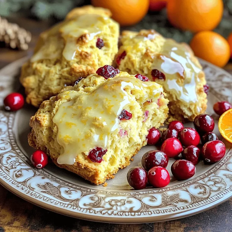- 2 cups all-purpose flour - 1/2 cup granulated sugar - 1 tablespoon baking powder - 1/2 teaspoon salt - 1/2 cup unsalted butter, cold and cubed - 3/4 cup dried cranberries - Zest of 1 large orange - 1/2 cup heavy cream - 1 large egg - 1 teaspoon vanilla extract For the perfect cranberry orange scone, you need a few key items. The main base starts with all-purpose flour. This gives your scones a nice structure. The sugar adds sweetness and helps with browning. Baking powder makes them rise, while salt enhances the flavor. Using cold, cubed unsalted butter is vital. This keeps your scones flaky. Dried cranberries bring tartness and a chewy texture. The orange zest adds a bright flavor, making each bite fresh. The liquid mix of heavy cream, egg, and vanilla extract binds everything together. When you combine these items, your dough becomes rich and flavorful. - 1/2 cup powdered sugar - 2 tablespoons orange juice A glaze can elevate your scones. Mix powdered sugar with fresh orange juice. This sweet topping adds a zesty finish. It is optional but highly recommended for extra flavor. 1. Preheat your oven to 400°F (200°C). Line a baking sheet with parchment paper. 2. In a large mixing bowl, whisk together: - 2 cups all-purpose flour - 1/2 cup granulated sugar - 1 tablespoon baking powder - 1/2 teaspoon salt 3. Add the cold, cubed butter (1/2 cup) to the flour mix. Use a pastry cutter or your fingers to cut the butter into the flour. Aim for a texture like coarse crumbs. 4. Stir in: - 3/4 cup dried cranberries - Zest of 1 large orange Mix until they are evenly spread in the dough. 5. In another bowl, whisk together: - 1/2 cup heavy cream - 1 large egg - 1 teaspoon vanilla extract Pour this mix into the dry ingredients. Stir until just combined. It’s fine if some dry spots remain. 6. Turn the dough onto a lightly floured surface. Gently knead it just enough to form a ball. Pat the dough into a circle about 1-inch thick. 7. Cut the dough into wedges like a pizza or use a round cutter for individual scones. Place them on the prepared baking sheet. 8. Bake in your preheated oven for 15-20 minutes. The scones should be lightly golden on top. 9. If you want a glaze, whisk together: - 1/2 cup powdered sugar - 2 tablespoons orange juice until smooth. 10. Let the scones cool slightly. Drizzle the glaze over the top before serving. To get the best scone texture, don't overmix the dough. When you combine the wet and dry ingredients, stir gently. It is okay if the dough has some dry spots. Overmixing makes scones tough. Use cold butter for a flaky texture. Cold butter creates pockets of steam that make the scones rise well. To boost flavor, consider adding spices like cinnamon or nutmeg. These spices can give your scones a warm, inviting taste. You can also decide between fresh or dried cranberries. Fresh cranberries offer a tart bite, while dried cranberries add sweetness. Both options work well; just pick what you like best. For a lovely presentation, serve the scones warm on a decorative plate. Drizzle some extra glaze over the top for shine. You can also place fresh cranberries around the scones for color. This makes your plate look bright and festive. A good look makes everyone want to try them! {{image_2}} You can make your cranberry orange scones even better! Consider adding nuts, like chopped walnuts or pecans. They give a nice crunch. You can also add chocolate chips for a sweet twist. Try using dark or white chocolate for a richer taste. Another option is to experiment with different citrus zests. Besides orange, you might try lemon or lime. Each brings its own zing to the scone, making it unique. Mix and match flavors to find your favorite combination! If you need a gluten-free option, use a gluten-free all-purpose flour blend. Many blends work well for baking. Just ensure it contains xanthan gum for proper texture. You can also check for certified gluten-free products. For a vegan alternative, replace the butter with coconut oil or vegan butter. Use almond or oat milk instead of heavy cream. You can swap the egg for a flaxseed egg by mixing 1 tablespoon of ground flax with 2.5 tablespoons of water. Let it sit for five minutes before adding it to the mix. Make your scones fit the season! For holidays, add spices like cinnamon or nutmeg. You can also decorate them with festive colors. Incorporate seasonal fruits too. In spring, try adding fresh blueberries or strawberries. In fall, you can use apples or pears for a cozy touch. Each season offers a chance to create something new and delicious. To keep your cranberry orange scones fresh, store them at room temperature. Place them in an airtight container. This helps to keep them soft and tasty for about two days. If you want to keep them longer, refrigerate them. Wrap each scone in plastic wrap. Then, place them in a container. This way, they can last up to a week. Freezing scones is a great option too. Start by letting them cool completely after baking. Then, wrap each scone tightly in plastic wrap. Place the wrapped scones in a freezer-safe bag. They can stay in the freezer for about three months. When ready to eat, take a scone out and thaw it in the fridge overnight. For a warm treat, you can reheat it in the oven at 350°F (175°C) for about 10 minutes. This will bring back their fresh-baked taste and texture. To make gluten-free cranberry orange scones, you can use gluten-free flour blends. Look for blends that have a mix of rice flour, potato starch, and tapioca flour. Brands like Bob's Red Mill and King Arthur Flour offer great options. Substitute the all-purpose flour with a 1:1 gluten-free blend. You might also want to add a bit of xanthan gum to help with texture. This will keep your scones light and fluffy. Yes, you can use fresh cranberries instead of dried. Fresh cranberries are tart, so adjust the sugar in your recipe to balance the flavors. I recommend adding an extra tablespoon of sugar to your dough. You may also want to chop the fresh cranberries into smaller pieces. This helps distribute their flavor evenly throughout the scone. You can tell the scones are done when they turn lightly golden on top. Another sign is when a toothpick inserted in the center comes out clean. The ideal internal temperature for scones is about 190°F (88°C). Make sure to keep an eye on them during the last few minutes of baking. This will help you avoid overbaking, which can lead to dry scones. Cranberry orange scones are simple to make with easy steps. You mix dry and wet ingredients, shape the dough, and bake until golden. Remember not to overmix for the best texture. Try nuts or spices for extra flavor. Store them at room temp or freeze for later. You can make these scones gluten-free or vegan too. With these tips and variations, you can enjoy these scones any time. Enjoy your baking adventure!