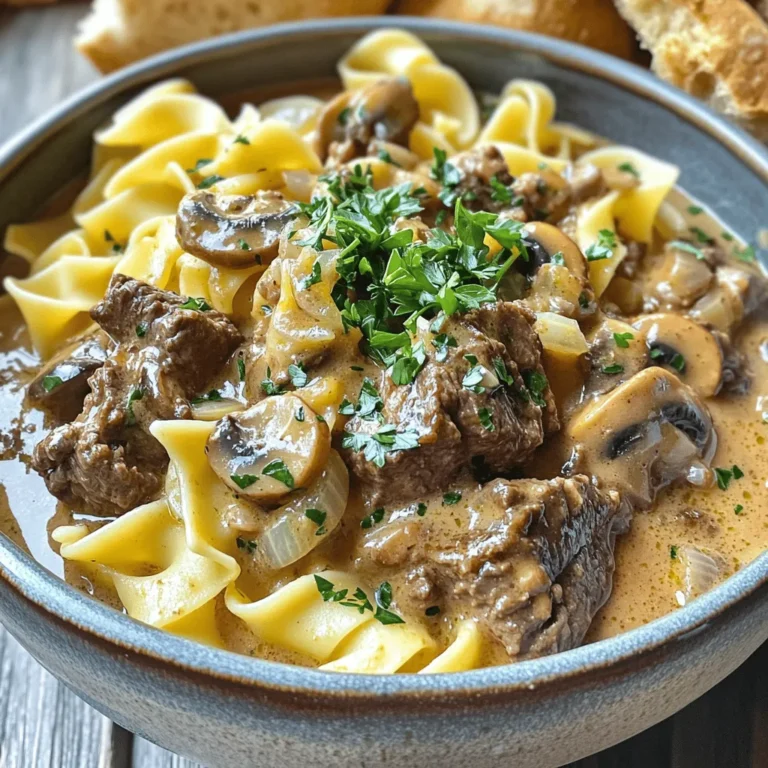 - 1 lb beef stew meat - 1 medium onion, diced - 2 cloves garlic, minced - 8 oz mushrooms, sliced - 2 cups beef broth - 2 tablespoons Worcestershire sauce - 1 teaspoon Dijon mustard - 1/2 teaspoon paprika - 1 cup sour cream - 2 tablespoons all-purpose flour - 3 cups egg noodles - 2 tablespoons olive oil - Fresh parsley, chopped for garnish In this dish, the beef stew meat brings a rich, hearty flavor that makes this meal special. I love using diced onion and minced garlic for the base. They add sweetness and depth. Sliced mushrooms join in, giving that earthy touch to the sauce. For the sauce, I rely on beef broth for moisture and flavor. The Worcestershire sauce adds a nice umami kick. Dijon mustard gives it a hint of tang, and paprika adds warmth. The final touches make this meal creamy and filling. I use sour cream mixed with all-purpose flour to thicken the sauce and add richness. Egg noodles soak up the sauce perfectly, making every bite delightful. Olive oil helps sauté the veggies, while fresh parsley adds a pop of color on top. This beef stroganoff is easy to make and full of flavor. Each ingredient plays its part in creating a tasty comfort meal that everyone will love. - Sautéing onions and garlic: Start by setting your Instant Pot to sauté mode. Add 2 tablespoons of olive oil and let it heat. Toss in 1 medium diced onion and 2 minced garlic cloves. Sauté them until they smell great and the onion turns translucent. This takes about 2 to 3 minutes. - Adding mushrooms and browning the beef: Next, add 8 ounces of sliced mushrooms. Cook them for 4 to 5 minutes until they soften. Then, add 1 pound of beef stew meat cut into 1-inch pieces. Season with salt and pepper. Brown the beef for about 5 to 7 minutes, stirring often. - Adding liquids and seasonings: Now, pour in 2 cups of beef broth. Add 2 tablespoons of Worcestershire sauce, 1 teaspoon of Dijon mustard, and 1/2 teaspoon of paprika. It’s important to scrape the bottom of the pot to avoid any burns. - Pressure cooking instructions: Close the lid and set your Instant Pot to manual mode on high pressure for 20 minutes. Ensure the steam valve is in the sealing position for best results. - Mixing in sour cream and flour: When the cooking time ends, let the pressure release naturally for 10 minutes. Then, quick-release any remaining pressure. In a small bowl, mix 2 tablespoons of flour with 1 cup of sour cream until smooth. Stir this mixture into the beef stroganoff in the pot and mix well. - Cooking egg noodles in the Instant Pot: Set the Instant Pot to sauté mode again. Add 3 cups of egg noodles and stir. Cook for another 5 to 7 minutes until the noodles are tender. Check the seasoning and adjust salt and pepper to your taste before serving. To make your beef stroganoff shine, adjust the seasonings slightly. Add a bit more paprika for warmth or a dash of garlic powder for extra flavor. If you like a tangy kick, a splash of lemon juice can make a difference. For garnishes, fresh parsley adds color and brightness. You could also try a sprinkle of chives or a few mushrooms on top for flair. Sometimes, your Instant Pot might show a burn message. This usually happens if food sticks to the bottom. To avoid this, always scrape the pot after browning the beef. If you notice this error, add a bit more broth to help lift the stuck bits. To ensure your noodles cook perfectly, stir them well after adding them to the pot. This prevents clumping and helps them cook evenly. Prepare your ingredients the night before for a quick meal. Dice the onions, mince the garlic, and slice the mushrooms in advance. Store them in the fridge. You can also measure out the broth and seasonings ahead of time. For meal prep, consider doubling the recipe. You can freeze half for a busy day. Enjoy the comfort of beef stroganoff anytime with these easy tips! {{image_2}} You can easily switch meats in this recipe. Using chicken or turkey is great. Both options cook well in the Instant Pot and stay juicy. Just cut pieces similar in size to the beef. For a vegetarian or vegan option, use mushrooms and lentils. They add great texture and flavor. You can also use plant-based meat substitutes. This way, you keep the dish hearty and satisfying. Feel free to play with the sauce by adding different herbs or spices. Try thyme, rosemary, or even a bit of cayenne for heat. Each herb will change the flavor profile and keep things exciting. If you want a creamy sauce without sour cream, use coconut cream or cashew cream. Blend soaked cashews with water for a rich texture. This keeps the dish creamy and is perfect for those who avoid dairy. Pair beef stroganoff with crusty bread. It’s perfect for dipping in the sauce. You can also serve it with a fresh salad. The crispness of the greens balances the richness of the stroganoff. For leftovers, get creative! Try using it as a filling for stuffed peppers or a topping for baked potatoes. You can also make beef stroganoff sandwiches. Just layer it between two slices of bread for a quick meal. You can store leftover beef stroganoff in the fridge for up to three days. Place it in an airtight container to keep it fresh. When you are ready to eat, reheat it on the stove over low heat. Stir it often and add a splash of beef broth if it seems dry. You can also use the microwave. Heat in short bursts, stirring in between, until hot. To freeze beef stroganoff, let it cool completely first. Then, scoop it into freezer-safe containers. Leave some space at the top, as it will expand when frozen. You can freeze it for up to three months. When you want to enjoy it again, thaw it overnight in the fridge. Reheat it on the stove or in the microwave, adding a bit of broth or water if needed. This keeps the sauce smooth and creamy. Cooking beef stroganoff in the Instant Pot takes about 50 minutes total. Here’s a quick breakdown: - Prep Time: 15 minutes - Sauté Time: 10-12 minutes - Pressure Cooking Time: 20 minutes - Natural Release: 10 minutes - Quick Release: 5-7 minutes Once you start, the Instant Pot speeds up the cooking. You'll get tender beef and rich flavors in less time than traditional methods. Yes, you can use other meats for beef stroganoff. Here are some alternatives and their cooking times: - Chicken: Use boneless chicken thighs or breasts. Cook for 10 minutes under high pressure. - Pork: Pork tenderloin works well too. Cook for 15 minutes under high pressure. - Mushrooms: For a vegetarian option, use extra mushrooms. Cook for 5 minutes under high pressure. These options give you variety while still keeping the dish delicious. Beef stroganoff pairs well with several sides. Here are some popular choices: - Egg Noodles: The classic pairing! They soak up the sauce nicely. - Rice: White or brown rice complements the dish well. - Crusty Bread: Great for dipping into the creamy sauce. - Steamed Vegetables: Broccoli or green beans add color and freshness. These sides enhance the meal and make it more filling. You can mix and match based on your family’s favorites! Beef stroganoff is a hearty dish made with tender beef, savory seasonings, and creamy sauce. You learned how to prepare the ingredients, cook in an Instant Pot, and add final touches. Don’t forget the tips for perfecting flavors and avoiding common issues. You can even try flavorful variations like chicken or vegetarian options. Store leftovers properly for later enjoyment. With these steps, you'll create a meal everyone loves. Enjoy your cooking adventure and the tasty results!