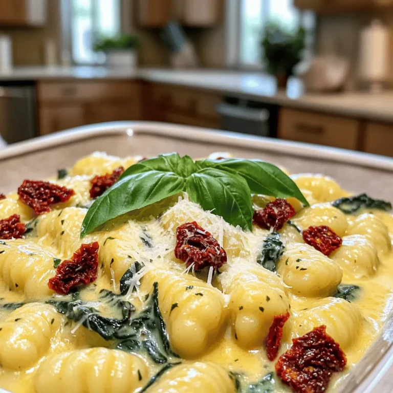 To make this dish, you need some key ingredients. Here’s what you will need: - 1 bag (16 oz) store-bought gnocchi - 1 cup sun-dried tomatoes, packed in oil, drained and chopped - 2 cloves garlic, minced - 1 cup fresh spinach, roughly chopped - ½ cup heavy cream - ¼ cup grated parmesan cheese - 2 tablespoons olive oil - 1 teaspoon dried basil - Salt and pepper to taste - Fresh basil leaves for garnish These ingredients work together to create a tasty blend of flavors. The sun-dried tomatoes add a rich, tangy taste. The heavy cream gives the sauce a nice, creamy texture. You can customize your gnocchi with some optional add-ins. Consider these for extra flavor: - Red pepper flakes for a spicy kick - Mushrooms for earthiness - Cooked chicken or shrimp for protein These add-ins let you create a dish that fits your taste. Feel free to experiment and make it your own! If you have dietary needs, don't worry! Here are some substitutes: - For gluten-free, use gluten-free gnocchi. - For dairy-free, swap heavy cream with coconut cream and omit cheese. - For a vegan option, use nutritional yeast instead of parmesan. These swaps keep your dish delicious while meeting your dietary goals. You can enjoy this meal no matter your preferences! First, grab a large pot. Fill it with water and add a pinch of salt. Bring the water to a full boil. Once boiling, add the bag of gnocchi. Watch as they sink to the bottom. After about 2-3 minutes, the gnocchi will float to the top. That means they are done! Drain them in a colander and set them aside for later. Next, take a large skillet and heat some olive oil over medium heat. Once the oil is hot, add minced garlic. Sauté the garlic for about 30 seconds. It will smell great! Now, add the roughly chopped spinach to the skillet. Stir it in and cook until it wilts. This should take just a few minutes. Now it's time to bring it all together. Add the chopped sun-dried tomatoes to your skillet. Sprinkle in the dried basil too. Stir everything to mix well. Let it sauté for another 2-3 minutes. Next, lower the heat and pour in the heavy cream. Stir well to combine. Let the mixture simmer for 2-3 minutes until it thickens slightly. After your sauce thickens, it’s time to add the cooked gnocchi. Gently stir in the fresh spinach as well. Mix everything until the spinach wilts and the gnocchi heats up. Now, sprinkle in the grated parmesan cheese. Stir until it melts and makes the sauce creamy. Taste it and add salt and pepper if needed. Finally, plate your dish and garnish it with fresh basil leaves for a pop of color and flavor. Enjoy your meal! To cook gnocchi perfectly, start with a big pot of salted water. Bring it to a rolling boil. Add the gnocchi and watch them closely. They will sink first and then float up. This takes about 2-3 minutes. Once they float, they are done. Drain them right away to avoid mushiness. When sautéing, always use medium heat. This helps to cook the garlic without burning it. Add garlic to the hot olive oil and stir for about 30 seconds. Once it smells great, add sun-dried tomatoes and dried basil. Stir them together for 2-3 minutes. This enhances the flavors and makes the dish pop. To make the dish creamy, use heavy cream. Pour it in after sautéing the garlic and tomatoes. Let it simmer on low heat for a few minutes. This thickens the sauce beautifully. Adding grated parmesan cheese at the end also adds creaminess. Stir it in until it melts. This will give your gnocchi a rich, smooth texture. {{image_2}} You can easily add protein to your sun-dried tomato gnocchi. Chicken and shrimp work well. For chicken, dice it into small pieces. Cook it in the skillet before adding garlic. Cook it until golden brown. Then, add the garlic and follow the recipe. For shrimp, add them after the garlic. Cook until they turn pink. This adds flavor and makes the dish heartier. To keep it vegetarian, consider adding mushrooms or zucchini. Sauté sliced mushrooms with garlic for a savory twist. Zucchini can be diced and cooked with the sun-dried tomatoes. Both options bring extra texture and flavor. Also, try adding artichokes or olives for a Mediterranean touch. These ingredients make the dish more vibrant and delicious. Making this dish vegan is simple. Replace heavy cream with coconut milk or cashew cream. Both options provide a creamy texture. Use nutritional yeast instead of parmesan for a cheesy flavor. You can also add more veggies like bell peppers or kale. This keeps the meal hearty while making it plant-based. Enjoy your custom vegan sun-dried tomato gnocchi! To keep your gnocchi fresh, place it in an airtight container. Make sure it cools down first. Store it in the fridge for up to three days. This way, you can enjoy the flavors later. When you reheat gnocchi, avoid the microwave if possible. Instead, use a skillet. Add a bit of olive oil or cream to keep it moist. Heat it over low heat. Stir gently until warmed through. This keeps the texture nice and creamy. If you want to freeze gnocchi, first let it cool completely. Then, spread it out on a baking sheet. Freeze it for about an hour. Once frozen, transfer the gnocchi to a freezer bag. It can last up to three months. To cook, boil it straight from the freezer. Just add a couple of extra minutes to the cooking time. The best type of gnocchi to use is store-bought gnocchi. It is quick and easy. Look for brands made with potatoes. They have a soft texture and a nice flavor. Fresh gnocchi is also great but take more time to prepare. You can use fresh tomatoes, but they change the dish. Fresh tomatoes have more water. This can make the sauce too thin. If you want to use them, add less cream. Cook the sauce longer to thicken it up. Sun-dried tomato gnocchi lasts about three days in the fridge. Store it in an airtight container. To keep it fresh, let it cool before sealing. If it smells off or looks weird, throw it out. You can serve sun-dried tomato gnocchi with a simple side salad. A fresh green salad pairs well. Garlic bread is also a great choice. You can even add grilled chicken or shrimp for protein. This blog post covered how to make sun-dried tomato gnocchi from scratch. We explored key ingredients, detailed step-by-step instructions, and shared useful tips. You learned variations to customize the dish, including protein options and ways to accommodate diets. Finally, we looked at storage methods to keep leftovers fresh. Making this dish is simple and fun! Enjoy experimenting to find your perfect version. Happy cooking!