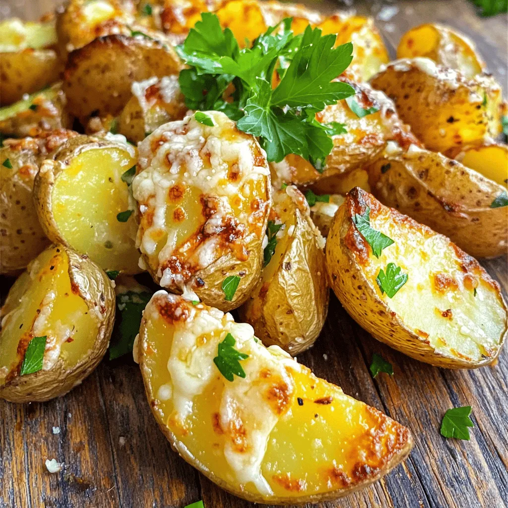 - 1.5 pounds fingerling potatoes, halved lengthwise - 3 tablespoons olive oil - ¾ cup grated Parmesan cheese Fingerling potatoes are small and tender. Their shape makes them perfect for roasting. I love how they get crispy on the outside and stay soft inside. Olive oil adds rich flavor and helps the potatoes brown nicely. The Parmesan cheese creates a golden crust that takes these potatoes over the top. - 1 teaspoon garlic powder - 1 teaspoon smoked paprika - ½ teaspoon dried thyme - Salt and black pepper to taste Garlic powder gives a strong taste without the hassle of chopping fresh garlic. Smoked paprika adds a warm, smoky flavor that enhances the potatoes. Dried thyme brings earthiness to the mix. Don’t forget salt and black pepper; they bring out the best in every ingredient. - 2 tablespoons fresh parsley, chopped Fresh parsley is a great touch. It adds a pop of color and freshness to the dish. Just sprinkle it on top before serving. It makes your crispy Parmesan roasted fingerling potatoes look even better! - Preheating the oven Start by preheating your oven to 425°F (220°C). This step is key. A hot oven helps the potatoes become crispy. - Coating the potatoes In a large bowl, combine 1.5 pounds of halved fingerling potatoes with 3 tablespoons of olive oil. Add 1 teaspoon of garlic powder, 1 teaspoon of smoked paprika, and ½ teaspoon of dried thyme. Sprinkle in salt and black pepper to taste. Toss everything well until the potatoes are fully coated. This mix makes the flavors pop. - Arranging potatoes on a baking sheet Spread the coated potatoes in a single layer on a baking sheet lined with parchment paper. Make sure the cut sides face down. This ensures they get that perfect crispiness. - Roasting times and flipping guidelines Roast the potatoes in your preheated oven for 25 to 30 minutes. Halfway through, flip them with a spatula. This helps them roast evenly and become golden brown. - Adding Parmesan cheese Once the potatoes are golden and crispy, take them out of the oven. Sprinkle ¾ cup of grated Parmesan cheese evenly over the potatoes. Return them to the oven for 5 to 7 minutes. Watch closely until the cheese melts and gets a bit crispy. - Garnishing with parsley After removing the potatoes from the oven, let them cool for a couple of minutes. Then sprinkle 2 tablespoons of chopped fresh parsley on top for a bright finish. This adds a nice pop of color and flavor. To get crispy potatoes, spread them in a single layer. This helps them roast evenly. When you place them cut-side down, they caramelize beautifully. This method allows the edges to crisp up just right. Adjust the spices based on your taste. If you love garlic, add more garlic powder. Try adding a squeeze of lemon juice for a fresh kick. You can also mix in some grated cheese before roasting for extra flavor. These crispy potatoes pair well with dips like ranch or aioli. You can also serve them with ketchup for a classic touch. For side dishes, consider a fresh salad or grilled veggies. They add color and balance to your meal. {{image_2}} You can make these potatoes even tastier with a few simple tweaks. Adding fresh herbs like rosemary or basil can boost flavor. Just chop them finely and mix them in with the potatoes before roasting. You can also try different cheeses. Grated cheddar or pecorino adds a unique twist. Fingerling potatoes are great, but you can explore other baby potatoes too. Try using baby Yukon gold or red potatoes for a different taste and texture. If you want something sweeter, substitute with sweet potatoes. They will give a lovely color and a hint of sweetness. Want a kick? Use cayenne pepper to spice things up. You can mix it in with the garlic powder for a warm flavor. Another option is to use herb-infused olive oil. It adds depth and pairs well with the Parmesan. Try garlic or chili oil for extra zing. Store leftover crispy Parmesan roasted fingerling potatoes in the fridge. Let them cool completely first. Place them in an airtight container. This helps keep them fresh for up to three days. Make sure to label the container with the date. This way, you’ll know when to eat them. Reheat your potatoes for the best taste. The oven provides a crispier result than the microwave. To reheat in the oven, preheat to 350°F (175°C). Spread the potatoes on a baking sheet. Heat them for about 10-15 minutes. Flip them halfway through to restore crispiness. If using the microwave, place them on a microwave-safe plate. Heat for about one minute. Check and heat for additional 30 seconds if needed. Yes, you can freeze roasted potatoes! However, they may lose some crispiness. Let them cool completely before freezing. Place them in a freezer-safe bag or container. Remove as much air as possible. They can last in the freezer for up to three months. To reheat frozen leftovers, first thaw them in the fridge overnight. Then, follow the oven reheating method for the best result. This will help bring back some of that delicious crunch! To make your roasted potatoes crispy, follow these best practices: - Choose the right potatoes: Fingerling potatoes are perfect for crispiness. - Cut them correctly: Halve them lengthwise for more surface area. - Use enough oil: Coat them well with olive oil for a crunchy texture. - Preheat your oven: Aim for 425°F (220°C) to get that golden crust. - Single layer roasting: Spread the potatoes out on a baking sheet, cut-side down. - Flip halfway: Turn them during cooking for even browning. - Add cheese at the end: Sprinkle Parmesan during the final minutes for a crispy top. These steps ensure your potatoes turn out crunchy and delicious every time. Yes, you can use regular potatoes as substitutes for fingerling potatoes. Here are a few options: - Yukon Gold: This potato has a rich, buttery flavor and smooth texture. - Red potatoes: They hold their shape well and have a nice skin. - New potatoes: These are small and tender, similar to fingerlings. When using substitutes, adjust cooking times as needed. Larger potatoes may require more time to cook through. To store leftover roasted fingerling potatoes properly: - Cool them down: Let the potatoes sit at room temperature for no more than two hours. - Use an airtight container: Transfer the cooled potatoes into a container to keep them fresh. - Refrigerate: Store them in the fridge for up to four days. When reheating, use an oven or a skillet for the best results. This keeps them crispy, unlike a microwave. This blog post covered how to make delicious roasted fingerling potatoes. We explored main ingredients like potatoes, olive oil, and Parmesan cheese. You learned steps for preparation and roasting, plus tips for the crispiest texture. You can even switch up flavors or types of potatoes. Remember, proper storage keeps leftovers fresh. Now, you have the tools to create a tasty side dish that fits any meal. Enjoy experimenting with this versatile recipe!